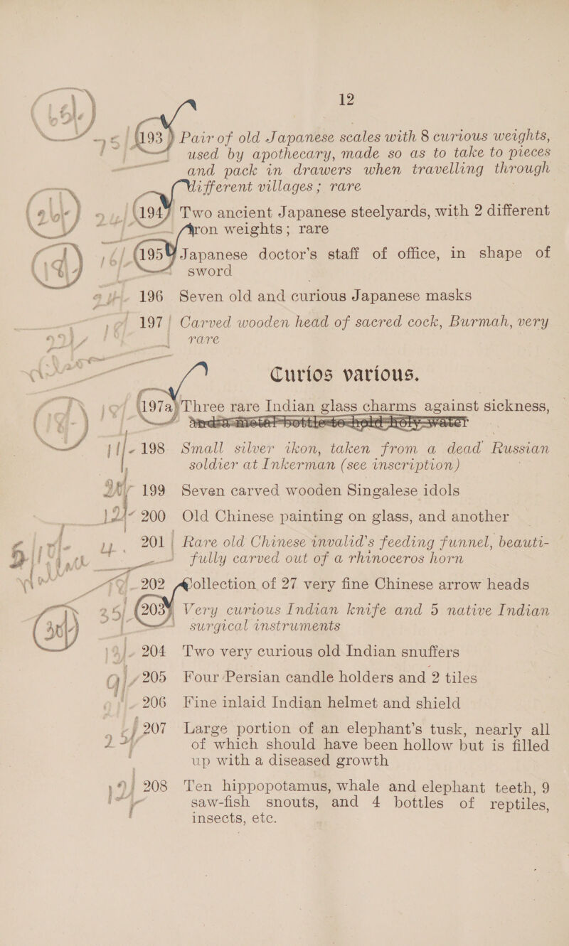  e | ' 193 | Pair of old Japanese scales with 8 curious weights, Ke used by apothecary, made so as to take to pieces and pack in drawers when travelling through oe lifferent villages ; rare f : ' : O ° 19 oy) 5 fz) ws Two ancient Japanese steelyards, with 2 different fae on weights; rare re A195 piven ee doctor’s staff of office, in shape of sword owe  « -. 196 Seven old and curious Japanese masks ,@ 197} Carved wooden head of sacred cock, Burmah, very eo}, 1 | rare ,  Curios various. / hora) ‘Three rare Indian glass chars against sickness, heey L =~ yt i 50 tre! er Sw ave Gyan sh we on Sime 3 FI UL AIO Y pe W  ( # . q b&gt; Vit : 4 if e 198. Small silver ikon, ‘ti bi, a dead Russian soldier at I nkerman (see inscription) j 28 199 Seven carved wooden Singalese idols 9 De =} 200 Old Chinese painting on glass, and another  201 | | Rare old Chinese invalid’s feeding funnel, beauti- fully carved out of a rhinoceros horn - FO) 202 Sollection of 27 very fine Chinese arrow heads 2) | ery curious Indian knife and 5 native Indian | L surgical instruments - 204 Two very curious old Indian snuffers AY /205 Four Persian candle holders and 2 tiles J 206 Fine inlaid Indian helmet and shield 5 Y 907 Large portion of an elephant’s tusk, nearly all Z of which should have been hollow but is filled up with a diseased growth 9) 208 Ten hippopotamus, whale and elephant teeth, 9 | A ir saw-fish snouts, and 4 bottles of reptiles, eS . insects, ete.