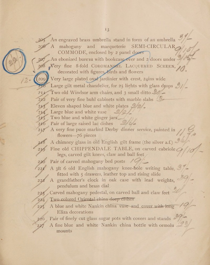 wr Ae engraved brass umbrella stand in form of an umbrella IL : A mahogany and marqueterie SEMI- oe ae ot» COMMODE, enclosed by 2 panel d / 1 hd An ebonized bureau with bookcasg-éver and 2 doors under = 3/— ery fine 8-fold COROMANBEL LACQUERED SCREEN, yg” decorated with figures,Mirds and flowers jardinier with crest, 24ins wide      Very large plated ov Large gilt metal chandelier, for 25 lishts with glass dyops o/ m4 Two old Windsor arm chairs, and 3 small ditto Ig Pair of very fine buhl cabinets with marble slabs (Bop — Eleven shaped blue and white plates Ve. Large blue and white vase Vig, Two blue and white ginger jars_. Pair of large raised lac dishes L/ tla = A very fine puce marked Derby dinner service, painted in - py flowers—76 pieces 1,7 A chimney glass in old English gilt frame (the silver af.) 7 : 2 2 De Le ‘2 “ AY Fine old CHIPPENDALE TABLE, on carved cbsile D / Gi 2  legs, carved gilt knees, claw and ball feet 2 Pair of carved mahogany bed posts / tie A 3ft 6 old English mahogany knee- hole writing table, Bio fitted with 5 drawers, leather top and rising slide 2 7 cA A grandfather’s clock in oak case with lead weights, “ pendulum and brass dial D .Carved mahogany pedestal, on carved ball and claw feet > 224 - Two.colored Oriental-china-deep-distes” we A blue and white Nankin china vasSe~and_cover with-tong +o, — Eliza decorations ; Pair of finely cut glass sugar pots with covers and stands If fo yt A fine blue and white Nankin china bottle with ormolu 2” mounts
