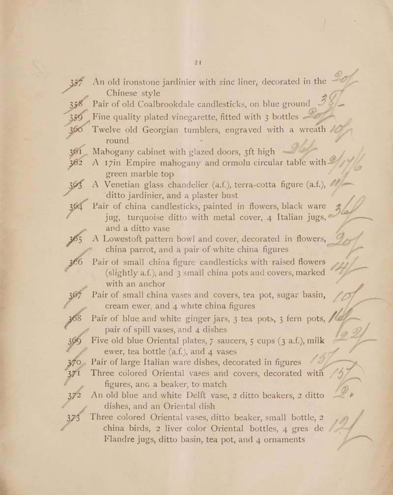 ae O) pf An old ironstone jardinier with zinc liner, decorated in the ~&amp; Chinese style a f 358 Pair of old Coalbrookdale candlesticks, on blue ground ~/ 9; (2 att Fine quality plated vinegarette, fitted with 3 bottles o ov . Twelve old Georgian tumblers, engraved with a wreath /~ round . aa y Mahogany cabinet with glazed doors, 3ft high = 4 A 17in Empire mahogany and ormolu circular table with 2” green marble top 4 3 A Venetian glass chandelier (a.f.), terra-cotta figure (a.f.), (= ditto jardinier, and a plaster bust 3 Pair of china candlesticks, painted in flowers, black ware 4/, jug, turquoise ditto with metal cover, 4 Italian jugs,@ —— and a ditto vase f rn , 5 A Lowestoft pattern bow] and cover, decorated in flowers, | Das “china parrot, and a pair of white china figures . - 4 3 Pair of small china figure candlesticks with raised flowers + »,»/ (slightly a.f.), and 3 small china pots and covers, marked a with an anchor / J Pair of small china vases and covers, tea pot, sugar basin, “O97 haem ae ewer, and 4 —_ eas figures WA £ 8 Pair of blue and white ginger jars, 3 tea pots, 3 fern pots, fr po ; pair of spill vases, and 4 dishes Fs ip fh 3 Five old blue Oriental plates, 7 saucers, 5 cups (3 a.f.), milk o ~~ 7-—— ' ewer, tea bottle (a.f.), and 4 vases yO), O, Pair of large Italian ware dishes, decorated in figures “ « GP. am Three colored Oriental vases and covers, decorated with fa) 7 figures, ana a beaker, to match fg er An old blue and white Delft vase, 2 ditto beakers, 2 ditto -< oF dishes, and an Oriental dish 3 Three colored Oriental vases, ditto beaker, small bottle,2 , ff r china birds, 2 liver color Oriental bottles, 4 gres de /. J