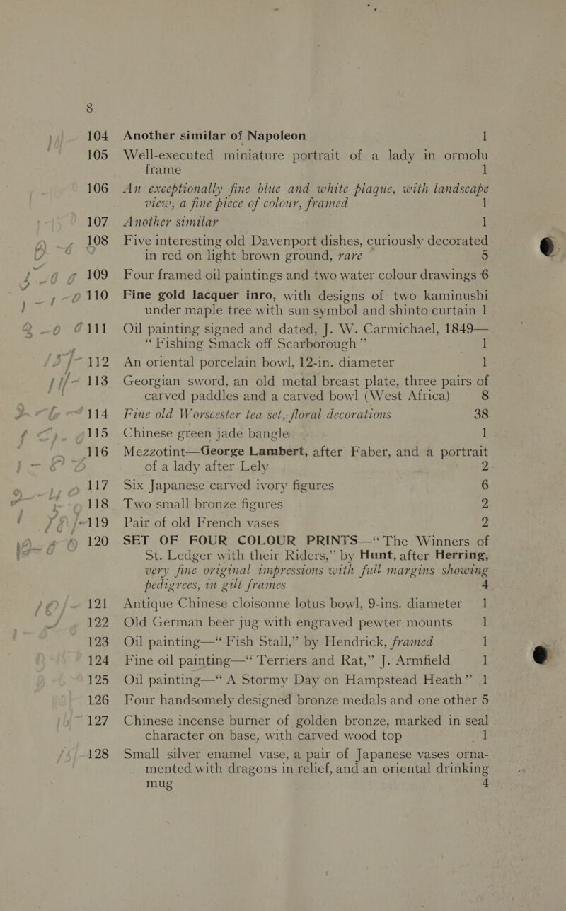 Well-executed miniature portrait of a lady in ormolu frame 1 An exceptionally fine blue and white plaque, with ee view, a fine prece of colour, fr amed Another similar 5; Five interesting old Davenport dishes, curiously decorated in red on light brown ground, rare © Four framed oil paintings and two water colour drawings 6 Fine gold lacquer inro, with designs of two kaminushi under maple tree with sun symbol and shinto curtain 1 Oil painting signed and dated, J. W. Carmichael, 1849— ‘“ Fishing Smack off Scarborough ” ] An oriental porcelain bowl, 12-in. diameter 1 Georgian sword, an old metal breast plate, three pairs of carved paddles and a carved bowl (West Africa) 8 Fine old Worscester tea set, floral decorations 38 Chinese green jade bangle ] Mezzotint—George Lambert, after Faber, and a portrait of a lady after Lely 2 Six Japanese carved ivory figures 6 Two small bronze figures 2 Pair of old French vases 2 SET OF FOUR COLOUR PRINTS—“‘ The Winners of St. Ledger with their Riders,” by Hunt, after Herring, very fine original impressions with full margins showmg pedigrees, in gilt frames 4 Antique Chinese cloisonne lotus bowl, 9-ins. diameter 1 Old German beer jug with engraved pewter mounts ] Oil painting—“ Fish Stall,” by Hendrick, framed 1 Fine oil painting—“ Terriers and Rat,” J. Armfield lg Oil painting—“ A Stormy Day on Hampstead Heath” 1 Four handsomely designed bronze medals and one other 5 Chinese incense burner of golden bronze, marked in seal character on base, with carved wood top et Small silver enamel vase, a pair of Japanese vases orna- mented with dragons in relief, and an oriental drinking mug +  