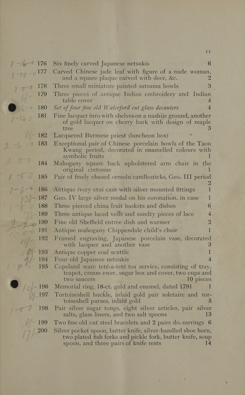 ] — fy 5 176 UF 178 179 180 181 182 183 184 185 186 188 19] 192 194 195 197 198 199 ity Six finely carved Japanese netsukis 6 Carved Chinese jade leaf with figure of a nude woman, and a square plaque carved with deer, &amp;c. 2 Three small miniature painted satsuma bowls 3 Three pieces of antique Indian embroidery and Indian table cover 4 Set of four fine old Waterford cut glass decanters 4 Fine lacquer inro with shelveson a nashie ground, another of gold lacquer on cherry bark with design of maple tree 3 Lacquered Burmese priest (luncheon box) _ Exceptional pair of Chinese porcelain bowls of the Taou Kwang period, decorated in enamelled colours with symbolic fruits 1 Mahogany square back upholstered arm chair in the original cretonne | Pair of finely chased ormolu candlesticks, Geo. III period 2 Antique ivory etui case with silver mounted fittings Geo. IV large silver medal on his coronation, in case 1 Three pierced china fruit baskets and dishes 6 Three antique laced veils and sundry pieces of lace 4 Fine old Sheffield entree dish and warmer 2 Antique mahogany Chippendale child’s chair 1] Framed engraving, Japanese. porcelain vase, decorated with lacquer and another vase 3 Antique copper coal scuttle 1 Four old Japanese netsukis + Copeland ware teté-a-teté tea service, consisting of tray, teapot, cream ewer, sugar box and cover, two cups and two saucers 10 pieces Memorial ring, 18-ct. gold and enamel, dated 1791 1 Tortoiseshell buckle, inlaid gold pair soletaire and _tor- toiseshell purses, inlaid gold Pair silver sugar tongs, eight silver articles, pair silver salts, glass liners, and two salt spoons 13 Two fine old cut steel bracelets and 2 pairs do. earrings 6 Silver pocket spoon, butter knife, silver-handled shoe horn, two plated fish forks and pickle fork, butter knife, soup