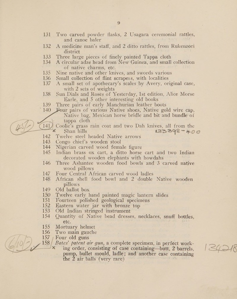  1574 158 / o Two carved powder flasks, 2 Usagara ceremonial rattles, and canoe baler A medicine man’s staff, and 2 ditto rattles, from Rukenzori district Three large pieces of finely painted Tappa cloth A circular adze head from New Guinea, and small collection of native charms, etc. Nine native and other knives, and swords various Small collection of flint scrape1s, with localities A small set of apothecary’s scales by Avery, original case, with 2 sets of weights Sun Dials and Roses of Yesterday, Ist edition, Alice Morse Earle, and 5 other interesting old books Three pairs of early Manchurian leather boots ur pairs of various Native shoes, Native gold wire cap, Native bag, Mexican horse bridle and bit and bundle of tappa cloth Coolie’s grass rain coat and two Dah knives, all from the ‘Twelve steel headed Native arrows Congo chief’s wooden stool Nigerian carved wood female figure Indian brass ox cart, a ditto horse cart and two Indian decorated wooden elephants with howdahs Three Ashantee wooden food bowls and 3 carved native wood pillows Four Central African carved wood ladles African shell food bowl and 2 double Native wooden pillows Old ballot box | Twelve early hand painted magic lantern slides Fourteen polished geological specimens Eastern water jar with bronze top Old Indian stringed instrument Quantity of Native bead dresses, necklaces, snuff bottles, etc. Mortuary helmet Two main gauche RK patent air gun, a complete specimen, in perfect work- ing order, consisting of case containing—butt, 2 barrels, pump, bullet mould, ladle; and another case containing