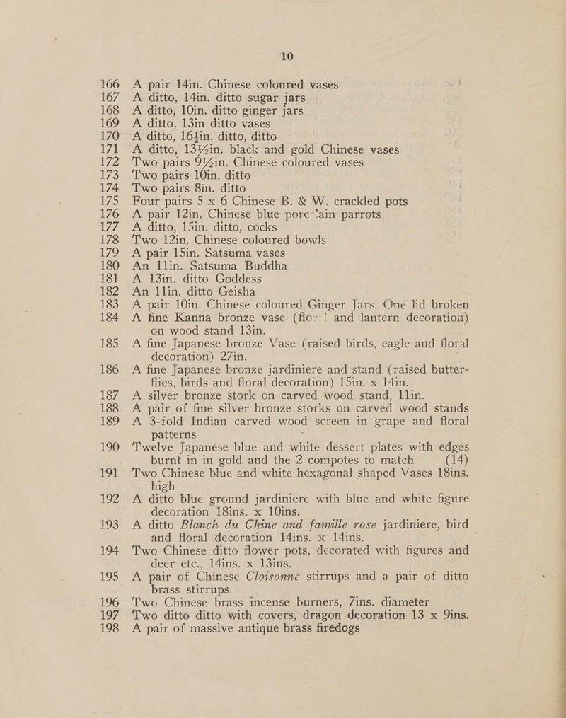 166 167 168 171 172 173 174 175 176 177 178 79 180 181 182 183 184 185 186 187 188 189 190 191 194 195 196 197 198 10 A pair 14in. Chinese coloured vases A ditto, 14in. ditto sugar jars. A ditto, 10in. ditto ginger jars | A ditto, 13in ditto vases Two pairs 914in. Chinese coloured vases Two pairs 10in. ditto a Two pairs 8in. ditto 8 oe Four pairs 5 x 6 Chinese B. &amp; W. crackled pots A pair 12in. Chinese blue porc~‘ain parrots A ditto, 15in. ditto, cocks Two 12in. Chinese coloured bowls A pair 15in. Satsuma vases An llin. Satsuma Buddha A 13in. ditto Goddess An llin. ditto Geisha A pair 10in. Chinese coloured Ginger Jars. One lid bialen A fine Kanna bronze vase (flo--' and lantern decoration) on wood stand 13in. A fine Japanese bronze Vase (raised birds, eagle and floral decoration) 27in. A fine Japanese bronze jardiniere and stand (raised butter- flies, birds and floral decoration) 15in. x 14in. A silver bronze stork on carved wood stand, 1lin. A pair of fine silver bronze storks on carved wood stands A 3-fold Indian carved wood screen in grape and floral patterns Twelve Japanese blue and white dessert plates with edges burnt in in gold and the 2 compotes to match (14) Two Chinese blue and white hexagonal ose Vases 18ins. ue high A ditto blue eround jardiniere with blue and white figure decoration 18ins. x 10ins. and floral decoration 14ins. x 14ins. Two Chinese ditto flower pots, decorated with figures and deer etc., 14ins. x 13ins. A pair of Chinese Cloisonne stirrups and a pair of ditto brass stirrups Two Chinese brass incense burners, 7ins. diameter Two ditto ditto with covers, dragon decoration 13 x 9ins. A pair of massive antique brass firedogs ST ey Pee il el Re al ai a Ma