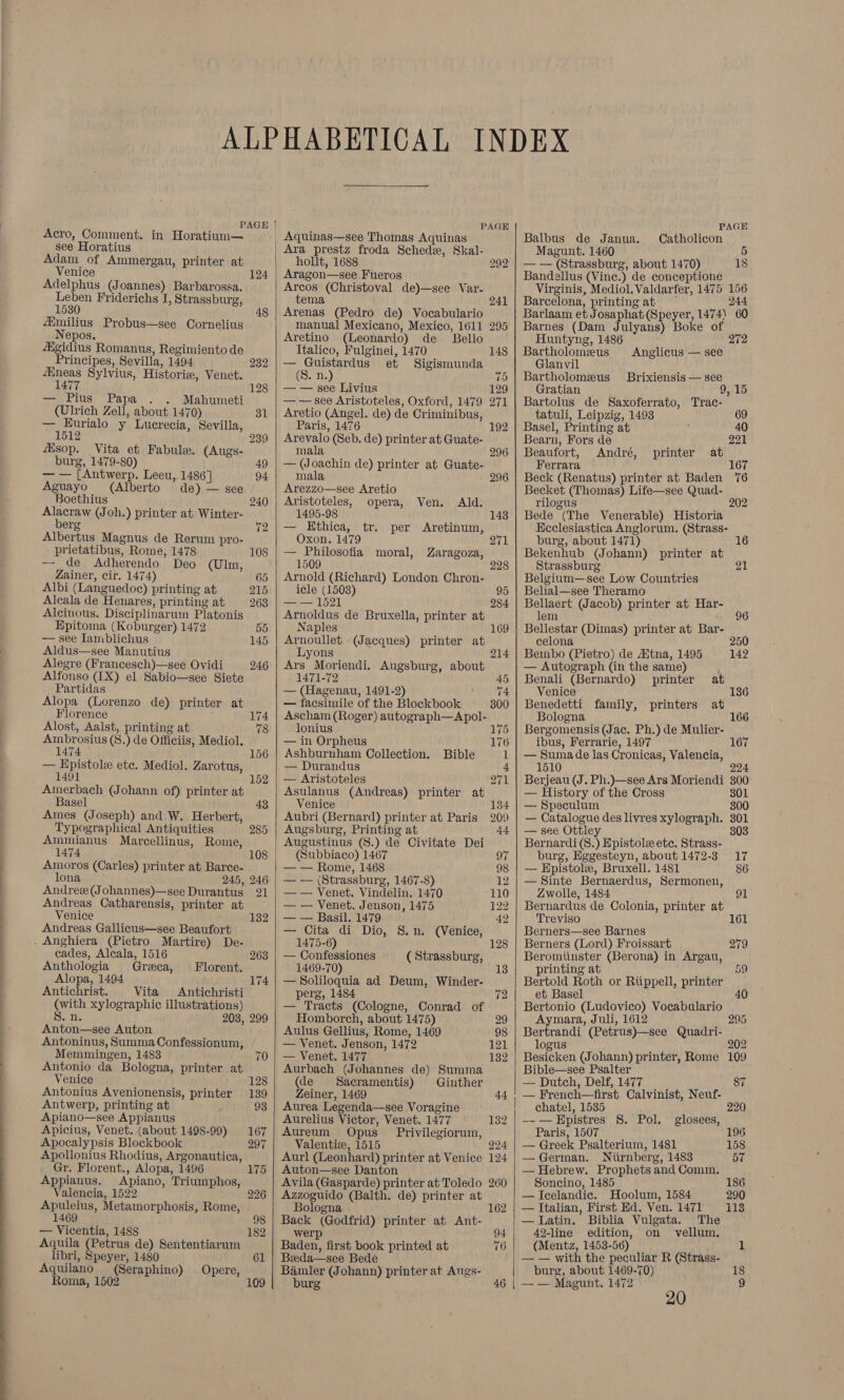 Acro, Comment. in Horatium— see Horatius Adam of Ammergau, printer at Venice Adelphus (Joannes) Barbarossa. Leben Friderichs I, Strassburg, 1530 milius Probus—see Cornelius Nepos. 4fgidius Romanus, Regimiento de Principes, Sevilla, 1494 ‘ineas Sylvius, Historie, Venet. 1477 — Pius Papa .. Mahumeti (Ulrich Zell, about 1470) — Eurialo y Luerecia, Sevilla, 1512 fEsop. Vita et Fabule. (Augs- burg, 1479-80) — — [Antwerp. Leeu,. 1486] Aguayo (Alberto de) — see Boethius Alacraw (Joh.) printer at Winter- berg Albertus Magnus de Rerum pro- prietatibus, Rome, 1478 -- de Adherendo Deo (Ulm, 124 48 232 Zainer, cir. 1474) 65 Albi (Languedoc) printing at 215 Alcala de Henares, printing at 263 Alcinous. Disciplinarum Platonis Epitoma (Koburger) 1472 oS — see Iamblichus 145 Aldus—see Manutius Alegre (Francesch)—see Ovidi 246 Alfonso (IX) el Sabio—see Siete Partidas Alopa (Lorenzo de) printer at Florence 174 Alost, Aalst, printing at 78 Aimbrosius (8.) de Officiis, Mediol. 1474 156 — Epistole ete. Mediol. Zarotus, 1491 152 Amerbach (Johann of) printer at Basel 43 Ames (Joseph) and W. Herbert, Typographical Antiquities 285 Ammianus Marcellinus, Rome, 1474 108 Amoros (Carles) printer at Barce- lona 245, 246 Andre (Johannes)—see Durantus 21 Andreas Catharensis, printer at Venice 132 Andreas Gallicus—see Beaufort . Anghiera (Pietro Martire) De- cades, Alcala, 1516 2638 Anthologia Greca, Florent. Alopa, 1494 i 174 Antichrist. Vita Antichristi (with xylographic illustrations) Sade 203, 299 Anton—see Auton Antoninus, Summa Confessionum, Memmingen, 1483 70 Antonio da Bologna, printer at Venice 128 Antonius Avenionensis, printer 139 Antwerp, printing at ; 93 Apiano—see Appianus Apicius, Venet. (about 1498-99) 167 Apocalypsis Blockbook 297 Apollonius Rhodius, Argonautiea, Gr. Florent., Alopa, 1496 175 Appianus. Apiano, Triumphos, Valencia, 1522 226 Apuleius, Metamorphosis, Rome, 1469 98 — Vicentia, 1488 182 Aquila (Petrus de) Sententiarum libri, Speyer, 1480 61 Aquilano (Seraphino) Opere, Roma, 1502 109      PAGE Aquinas—see Thomas Aquinas hollt, 1688 292 Aragon—see Fueros Arcos (Christoval de)—see Var- tema 241 Arenas (Pedro de) Vocabulario manual Mexicano, Mexico, 1611 Aretino (Leonardo) de Bello Italico, Fulginei, 1470 — Guistardus et Sigismunda (S. n.) if — — see Livius — — see Aristoteles, Oxford, 1479 Aretio (Angel. de) de Criminibus, Paris, 1476 192 Arevalo (Seb. de) printer at Guate- mala 296 — (Joachin de) printer at Guate- mala 296 Arezzo—see Aretio Aristoteles, opera, Ven. Ald. 1495-98 143 — Ethica, tr. per Aretinum, Oxon. 1479 271 — Philosofia moral, Zaragoza, 1509 228 Arnold (Richard) London Chron- icle (1503) 95 — — 1521 284 Arnoldus de Bruxella, printer at Naples 169 Arnoullet (Jacques) printer at Lyons Ars Moriendi. Augsburg, about 1471-72 45 — (Hagenau, 1491-2) 7 — facsimile of the Blockbook Ascham (Roger) autograph—Apol- lonius 175 — in Orpheus 176 Ashburnham Collection. Bible 1 — Durandus 4 — Aristoteles 271 Asulanus (Andreas) printer at Venice 134 Aubri (Bernard) printer at Paris 209 Augsburg, Printing at dt Augustinus (S.) de Civitate Dei (Subbiaco) 1467 97 — — Rome, 1468 98 — — (Strassburg, 1467-8) 12 — — Venet. Vindelin. 1470 110 — — Venet. Jenson, 1475 122 — — Basil. 1479 42 — Cita di Dio, S.n. (Venice, 1475-6) 128 — Confessiones ( Strassburg, 1469-70) 13 — Soliloquia ad Deum, Winder- perg, 1484 72 — Tracts (Cologne, Conrad of Homborch, about 1475) 29 Aulus Gellius, Rome, 1469 98 — Venet. Jenson, 1472 121 — Venet. 1477 132 Aurbach (Johannes de) Summa (de Sacramentis) Ginther Zeiner, 1469 44 Aurea Legenda—see Voragine Aurelius Victor, Venet. 1477 Aureum Opus _ Privilegiorum, Valentize, 1515 Aurl (Leonhard) printer at Venice Auton—see Danton Avila (Gasparde) printer at Toledo 260 Azzoguido (Balth. de) printer at Bologna 162 Back (Godfrid) printer at Ant- werp 94 Baden, first book printed at 76 Beda—see Bede Bamler (Johann) printer at Angs- burg 46  PAGE Balbus de Janua. Catholicon Magunt. 1460 5 — — (Strassburg, about 1470) 18 Bandellus (Vine.) de conceptione Virginis, Mediol. Valdarfer, 1475 156 Barcelona, printing at 244 Barlaam et Josaphat (Speyer, 1474) 60 Barnes (Dam Julyans) Boke of Huntyng, 1486 272 Bartholomeus Anglicus — see Glanvil Bartholomeus Brixiensis — see Gratian 9, 15 Bartolus de Saxoferrato, Trac- tatuli, Leipzig, 1493 Basel, Printing at 40 Bearn, Fors de 221 Beaufort, André, printer at Ferrara 167 Beck (Renatus) printer at Baden 76 Becket (Thomas) Life—see Quad- rilogus 202 Bede (The Venerable) Historia Ecclesiastica Anglorum. (Strass- burg, about 1471) 16 Bekenhub (Johann) printer at Strassburg Belgium—-see Low Countries Belial—see Theramo Bellaert (Jacob) printer at Har- lem 96 Bellestar (Dimas) printer at Bar- celona Bembo (Pietro) de Aitna, 1495 — Autograph (in the same) Benali (Bernardo) printer at 250 142 Venice 136 Benedetti family, printers at Bologna 166 Bergomensis (Jac. Ph.) de Mulier- ibus, Ferrarie, 1497 167 — Suma de las Cronicas, Valencia, 1510 : 224 Berjeau (J. Ph.)—see Ars Moriendi 300 — History of the Cross 301 — Speculum 300 — Catalogue des livres xylograph. 301 — see Ottley 803 Bernardi (S.) Epistole ete. Strass- burg, Hggesteyn, about 1472-3 17 — Epistole, Bruxell. 1481 86 —Sinte Bernaerdus, Sermonen, Zwolle, 1484 91 Bernardus de Colonia, printer at Treviso 161 Berners—see Barnes Berners (Lord) Froissart 279 Beromiinster (Berona) in Argau, printing at 59 Bertold Roth or Riippell, printer et Basel Bertonio (Ludovico) Vocabulario Aymara, Juli, 1612 _ 295 Bertrandi (Petrus)—see Quadri- logus Besicken (Johann) printer, Rome Bible—see Psalter —- Dutch, Delf, 1477 87 — French—first. Calvinist, Neuf- chatel, 1535 220 —-— Epistres 8. Pol. glosees, Paris, 1507 196 — Greek Psalterium, 1481 158 — German. Niirnberg, 1483 57 — Hebrew. Prophets and Comm. Soncino, 1485 186 — Icelandic. Hoolum, 1584 290 — Italian, First Hd. Ven. 1471 18 — Latin. Biblia Vulgata. The 42-line edition, on vellum. (Mentz, 1453-56) 1 — — with the peculiar R (Strass- burg, about 1469-70) 18 —- —- Magunt. 1472 9