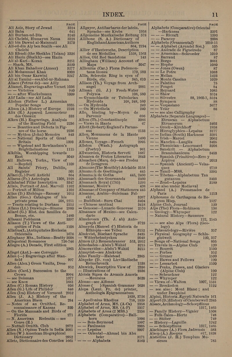  PAGE Ali Aziz, Story of Jewad 3324 Ali Baba 641 Ali Burhan-ud-Din 3240 Ali Chelebi, Humayun Nama 3328 Ali bin Dawud al-Matamati 3270 » Ali-ed-din Aly ben Scalih-—see Ali Chelebi Ali Efendi (the Sheikhu l’Islam) 3326 Ali Hazin (Shaikh)—see Hazin Ali al- Kari— Koran 8251 — Sharh, MS. 8220 Ali Khan Bahadoor (Ameer) 3277 Ali Mohammad Khan 8303 Ali bin Omar Kazwini 8247 Ali al Yamini—seeAbd-ur-Rahman Aliaco (Petrus de)—see Ailly Aliamet, Engravings after Vernet 1036 — — Victoires 940 — — after Winckelmann 1009 Alif Laila—see Alf Laila Alishan (Father L.) Armenian Popular Songs 3335 Alison (A.) History of Europe 2193 Alix (E.) Appareil Locomoteur des Oiseaux 333 Alken (H.) Engravings, Analysis of the Hunting Field 2236 — — Beauties and Defects in Fig- ure of the horse 2236 — — Mytton (John) Memoirs 843 -—— National Sports of Great Britain 1393 — — Wigstead and Rowlandson’s Brighthelmstone 1115 Alkibla, Worshipping towards East 8049 All Hallows, Yorks., View of —Boydell 1109 All Saints’ Priory, Dublin, Register 501 Allaci (L.) Poeti Antichi 864 Allaeus (Fr.) Astrologia 1309, 1928 Allahabad Pillar Inscription 3347 Allais, Portrait of And. Marvell 1102 — Portrait of Milton 1102 Allan (D.) Etchings—Ramsay 1052 Allan (Geo.) Catalogue of his private press 508, 2251 — Tracts relating to Durham 2312 Allans (Lt.) Drawings—Simeoe 2980 Allard (G.) Hist. des familles de Bonne, ete. 1480 Allasani Peddanna 3397 Allason (T.) Views of the &lt;Anti- quities of Pola Allatius(L.)Antiquitates Ecclesize Orientalis 1676 Alleghany Mts., Indians—Beatty 3008 Allegorical Romances 726-746 Allegre (A.) Decade, First edition 1965 1108 Allegri (Ant.)—see Correggio Allen (—) Engravings after Stan- d fiele 997 _ Allen (Alex.) Green Vaults, Dres- en 952 Allen (Card.) Succession to the Crown 8994 — see Doleman 1377 — see Knox 1661 Allen (C.) Roman History 936 Allen (G.) Life of Philidor 846 Allen (Ira) History of Vermont 2952 Allen (J. A.) History of the American Bison 284 — Notes of an Ornithol. Re- connaissance of Kansas 320 — On the Mammals and Birds of ‘ Florida 271 —wN. American Rodentia — see Coues (E.) — Nuttall Ornith. Club 2972 Allen (N.) Opium Trade in India 3081 Allen (W.) American Biographical _ Dictionary 2952 Alletz, Dictionnaire des Conciles 1665  INDEX. PAGE Allgayer, Antibarbarus der latein. Sprache—see Krebs 1958 Allgemeine Musikalische Zeitung 578 Allibone (8. A.) Dictionary of Englishand American Authors 864, 2194 Allier d’Hauteroche, Description de ses Médailles 1559, 1563 Allies, Old Red Sandstone 143 Allingham (William) Account of Maps Allionius (Car.) Flore Pedemon- tanee [cones 170, 583 Allis, Sclerotic Ring in eyes of Birds, ete. 345, 610 Allison (Th.) Voyage from Arch- 2881 angel Allman (G. J.) Fresh-Water Polyzoa 108, 580 — Gymnoblastic or Tubularian Hydroids 108, 348, 580 — On Hydroida 240 — On Myriothela 240 Allo, binding by—Moyen de Parvenir 696 Allom (Th.) Constantinople 8066 — Views in Hants 67 Allott (Robert) England’s Parnas- sus 2133 Allou, Monumens de la Haute Vienne 1490 Allouez, Voyage—French 2995 Alston (Wash.) Autograph (Poetry) 961 Allwoerden, Historia Serveti 1687 Almacen de Frutos Literarios 2643 Almacheu (Marq. de)—see Prodez de Beragrem Almanac (The Monthly) Adelaide 3158 Almanach de Goettingue 445 Almanach de Gotha 445, 2460 Almanach des Gourmands 2460 Almanach Royal (1785) 1293 Almanac, Moore’s 438 Almanac of Company of Stationers 445 Almanac, Arabic—Suleiman Fel- eki 3267 — Buddhist— Suru Chai 3404 —— Chinese nautical 3418 — Genoese—Lunario Genovese 2576 Almanacs of Mexico—see Calen- dario Almeloveen (Th. J. ab) Auto- graph of 3723 Ethiopia—see Tellez 3152 Almkvist, Bischari Sprache 8435 — Witterhetsstycken 2049 Almon (J.) Remembrancer 558, 2952 Almohades—Abdu'l- Wahid 3215 Almoravides—Abdu’1]- Wahid 8215 Almqvist—see Almkvist Alno Family—Halstead 2365 Alnpeke (D. von) Lievlandische Reimcehronik Alnwick, Descriptive View of — Illustrations of Aloisia Sigeea de Arcanis Amoris 1538 2336 2336 —Meursius 3620 Alonso—see Alfonso Alonso ( ) Spanish Grammar 2638 Alopa (Laur. Fr. de) printer, Anthologia Epigrammatum 1838, 3726 — Apollonius Rhodius 758, 1839 Alphabet of Arms, MS. (A-Ca) 2356 Alphabet of Arms, MS. (A-P) 2357 Alphabets of Arms (2 MSS.) 2356 Alphabets (Comparative)—Ball- horn 1996 — — Bois-Reymond 1997 — — Faulmann 2005 — — Lepsius 2007 — — Oriental—Ahmad bin Abu bekr 3171 — — — Alphabets 8163 |  11 PAGE Alphabets (Comparative) Oriental —Harkness 3391 — — — Ricraft 1393 — — Paravey 2008 Alphabets (Ornamental) 1010-11 — — Alphabet (Arundel Soc.) 535 — — Andrade de Figueiredo 87 — — Armenian—Schroeder 1010 — — Barraud 87 — — Borgo 3661 — — Hopfer 1080 — — Jones (Owen) 87 — — Le Potre 1083 — — Mellan 1423 — — Monte Cassino 1029 — — Palatino 75 — — Pouget 84 — — Reynard 1085 — — Shaw 8524 — — Silvestre 88, 1960-1, 3524 — — Sympson 88 — — Vespasiano 3677 — — Yeciar 88 — — see also Calligraphy Alphabets (Separate Languages)— Etruscan — Alphabetum Etruscorum 3403 — — Greek— Kirchhoff 1958 — — Hierogly phics—Lepsius 8177 — — Indian (South) Harkness 3391 — — lrish—Marcel 2062 — — Manchu-—Langleés 3405 — — Pheenician—Lenormant 8208 —— Sanskrit — Alphabetum Brammhanicum 3403 — — Spanish (Primitive)—Erro y Azpiroz 2013 — — Spanish (Ancient) — Velas- quez 2719 — — Tamil—MSS. 8395 — — Tibetan—Alphabetum Tan gutanum — — Zend—Lepsius — see also under Medieval Alphand (A.) Promenades de Paris 1213 Alphonsus de Carthagena de Re- gum Hisp. 1527 Alpine Club, Journal 120 Alps (The) Flora—Robinson 136 — Geology—Whymper 122 — Natural History—Saussure 122, 2545 — — see also Alps (Flora) (Geo- logy) — Paleontology—Riviére 357 — Physical Geography — Schla- gintweit 120, 357 — Songs of—National Songs 805 — Travels in—Alpine Club 120 — — Bourrit 1530 — — Forbes 352 — — Gruner 1530 — — Hawes and Fellows 120 — — Lescarbot 1530 — — Peaks, Passes, and Glaciers (Alpine Club) 120 — — Scheuchzer 122 — — Whymper 122 — Views of—Walton 1007, 1531 — — Brockedon 1122 — see also: Mont Blane; and under Dauphiné Alpini, Historia Agypti Naturalis 161 Alport (D.)History of Camberwell 2345 Alsace, Archeology—Schoepiiinus 1317, 1465 — Family History—Vignier 1508 — Folk-Tales—Hertz 748 — — Stober 749 — History—Laguille 1242 — — Schoepflinus 1317, 1465 Alschinger (A.) Flora Jadrensis 583 Alsop (A.) /Bsopus 617, 1838 Alstedius (J. H.) Templum Mu- 785 sicum