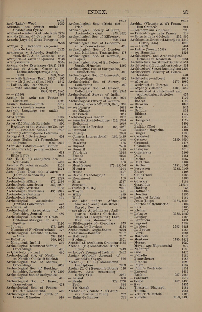  PAGE Aral (Lake)—Wood 3080 Aramaic — see passim under Chaldee and Syriac Aranaz (Jacinto d’) Cetro de la Fe 2729 Aranda (Eman. da’) Captivité 1369 Aranda (Luys de) Glosa Peregrina : 2708 Arango y Escandon (A.)—see Luis de Leon 2925 Aranguren y Sobrado, Sentido verd. de J. A. de Llorente Aranjuez—Alvarez de Quindos 2643 Aranyasanhita 3364 Aranzel de los Escrivanos (1544) 3888 Arathus or Aratus, Greece et Latine,inScriptores(Aldus, 1499) 389, 3843 — — with Sphere (Basil. 1536) 395 — — with Proclus (Bas. 1561) 2747 — Latine, MS.—see Ottley 83 —-— with Manilius (1474) 1989, 3717, 3845 2644 — — (1526) 8568 Arator in Acta—see Poetae Christiani 1698 Arauco, Indians—Smith 8019 — Travels in—Stevenson 2944 Arawak Language—see under Bibles Arba Turim 3197 — see Karo 3198-99 Arber (E.) English Reprints 505 — Registers of the Stationers'Co. 898 Arbili—Jawahir-ul-Adab al- 3245 Arbiter (Petronus)—see Petronus Arbogast (L.) Derivations 404 Arbonne (Hglise d’) Formulaire de Prone 2001, 2013 Arbre des Batailles—see Bonnor Arbuthnot (A.) printer — Alex- ander 638 — Bible (1579) 3963 Are (E. G. d’) Conquétes des Normands 2462 Arcadia Pictorica en sueno 1105 Arcana Saitica 1824 Arce (Juan Dias de)—Alvarez (Libro de la Vida de) 2903 Archeologia 475, 2289 Archeologia Aliana 479, 2336 Archeologia Americana 553, 3007 _Archeologia Artistica 2738 Archeologia Cambrensis 495, 2375 Archeologia Cantiana 478 Archeologia Scotica 491 Archeological Association (British) Collectanea 476 — Journal of 476 Archeological Association of Yorkshire, Journal 480 Archeological Institute of Great Britain—Catalogue of An- tiquities 1170 — Journal 476, 2289 — Memoirs of Northumberland 477 Archeological Institute of Rome —-Annali 539, 1975 — Bulletino 539, 1975 — Monumenti Inediti 539 Archeologicalinstituteof Suffolk, Proceedings 480 — Quarterly Journal 480 Archeological Soc. of North— see Nordisk Oldskrift Selskab Archeological Soc. of Athens, Proceedings Archeological Soc. of Bucking- hamshire, Records 478, 2305 Archeological Soc. of Derbyshire, ; Journal 478 Archeological Soc. of Essex, Transactions 478 Archeological Soc. of France, Bulletin Monumental Archeological Soc. of South of France, Mémoires 520 519   PAGE Archeological Soc. (Irish)—see Irish Archeological Society of Kent, Archeologia Cant. 478, 2820 Archeological Soc. of Kilkenny, Journal 502, 2431 Archeological Soc. of Leicester- shire, Transactions 478 Archeological Soc. of London and Middlesex, Transactions 478 Archeological Soc. of Norfolk, Papers 479 Archeological Soc. of St. Peters- burgh, Mémoires Archeological Soc. of Shropshire, Transactions Archeological Soc. of Somerset, Proceedings 480 Archeological Soc. of Surrey, Ccllections Archeological Soc. of Sussex, Collections 480, 2347 Archeological Survey of India, Reports 568, 1209, 3095 Archeological Survey of Western India, Reports 567, 1209, 3081, 3339 — see Burgess 3081 — see Khakar 3081 — see Sewell 3081 Archeology—Aleander 1967 — Annales Archéologiques 519, 1394 — Bollandus 1649 — Boucher de Perthes 165, 2087 — Caumont 2476 — Christy 2088 — Congrés International 166, 1449 — Creuzer 1968 — Dawkins 166 — Dupont 2488 } — Duméril 1449 — Fabricius 1948 — French 2228 — Kruse 1541 — Mortillet 168 — Montfaucon 971, 2525-6 — Muenter 1974 — Museo 1527 — Revue Archéologique 521 — Rougemont 169 — Silva 2737 — Simpson 2301 — Smith (Ch. R.) 2301 — Troyon 1451 — Wilde 499 — Wolf 1980 —see also under: Africa; America ; Asia ; Asia Minor 3; Egypt ; Europe — see also: Antediluvian ; Anti- quaries ; Celtic; Christian ; Classical Inscriptions ; Lake Dwellings ; Monuments — Bibliography of—Cicognara 873 Archaica, by Brydges 2134 Archaionomia, Anglo-Saxon 2022 Archaisms—Boucher 2107 — Halliwell 2107 — Spelman 2301 Archbell (J.) Sechuana Grammar 3438 Archdall (M.) Monasticon Hiber- nicum 2419 — Lodge’s Peerage of Ireland 2432 Archer (Gabriel) Account of Gosnold’s Voyage 556 Archer (J. H. L.) Monumental Inscriptions 2933 Archer (T. C.) Economic Botany 170 Archery, &lt;Acte concerning — Henry VIII 3931 — Leland 650 — Neade 928, 2250 — Paul 844 — Tir-Namah 3321 Archiac (le Vicomte A. d’) Anim- aux Fossiles de l’Inde 262 — Rains de Rennes 221   PAGE Archiac (Vicomte A. d’) Forma- tion Cretacée 221 — Memoire sur Viquesnel 220 — Paléontologie de la France 212 — Progres de la Géologie 212, 595 Archimedes, Greece etLatine(1544) 1840 — — (Paris, 1615) 1840 += (1792) 404 — Latine (Venet. 1558) 4027 — see Hamelius 139] Architectural and Archeological Remains in Khandesh 3081 Architectural Instituteof Scotland 531 Architectural Publication Society 531 ArchitecturalSoc.of Buckingham 2305 Architectural Society of Leices- tershire 478 Architecture—Alberti 4029 — Albertus 1179, 1980 — Androuet du Cerceau 1179 — Arphe y Villafanie 1106, 2645 — Associated Architectural and Archeological Societies 477 — Aulisus 1179 — Barbet 1180 — Barozzio 1895 — Bassi 932 — Belidor 853 — Bibiena 1179 — Bose 1179 — Bourgerel 1179 -— Boys 1403 — Builder (The) 1180 — Builder’s Magazine 1401 — Burges 1180 — Caramuel 1106 — Cataneo 1180, 3699 — Caumont 2476 — Chambers 1402 — Ciampini 1018 — Cointeraux 1403 — Daly 1181 — Decker 2567 — De l’Orme 1181 — Dietterlin 1181, 2567 — Fergusson 1182, 1408 — Freart 1408 — Gailhabaud 1183 — Gibbs 1183 — Glossary 1183 — Grapaldus 1183-4 — Harding 954 — Hoffmann 1184 — Hondius 1185 — Isabey et Leblan 1184 — Jones (Inigo) 1184, 2284 — Journal de Menuiserie 1184 — Kerr 1185 — Kleiner 2570 — Labacco 1185, 2620 — Langley 1185 — Laurencio 1421 — Legrand 1182 — Le Muet 1282, 1421 — Le Pautre 1185 — Lewis 1084 — Marolois 1185 — Montano 1185, 1423 — Morant 1020 — Moyen Age Monumental 972 — Neufforge 1186 — Osio 1425 — Palladio 1186 — Pennethorne 1186 — Piranesi 2629 — Pugin 1187 — Pugin’s Contrasts 2257 — Rusconi 1432 — Ruskin 987, 2266 — Sandrart 2572 — Serlio 1187, 1433 — Swan 1435 — Theatrum Diagraph. 1184 — Thomas 1084 — Verdier et Cattois 1188 — Vignola 1188, 1438