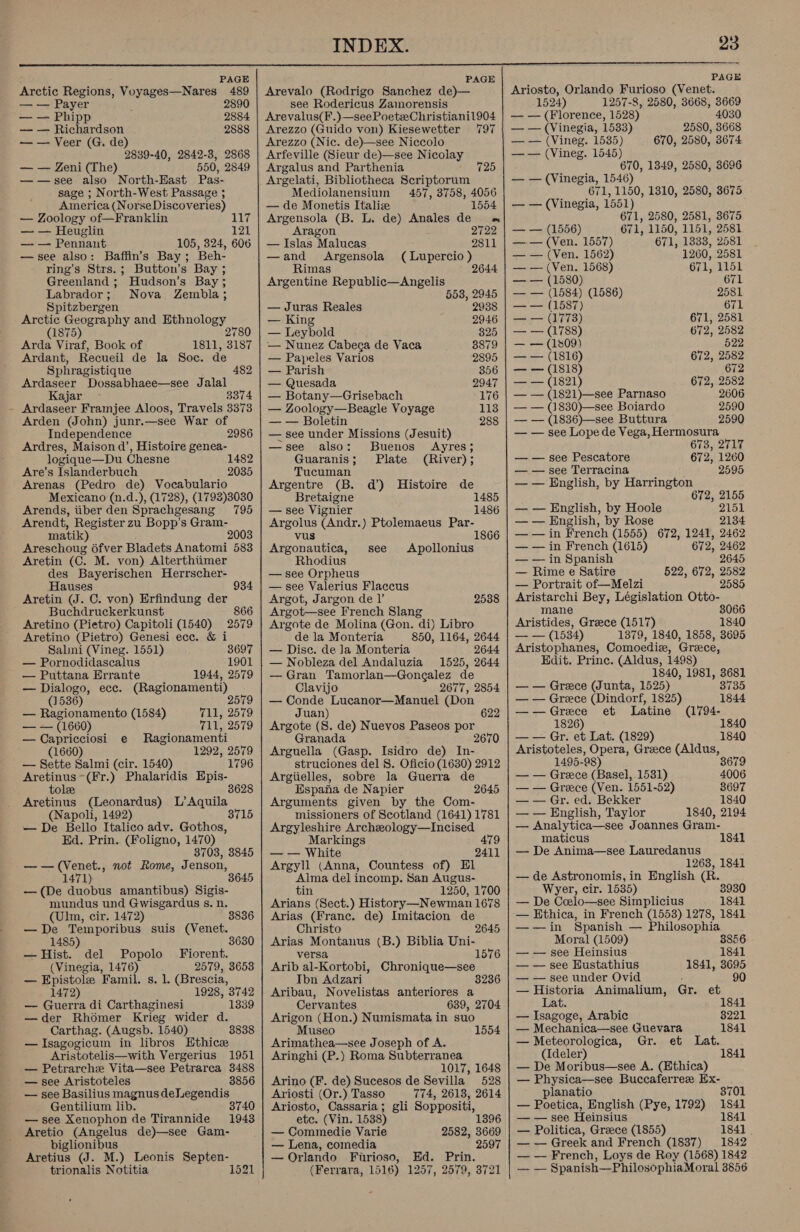  t PAGE PAGE PAGE Arctic Regions, Voyages—Nares 489 | Arevalo (Rodrigo Sanchez de)— Ariosto, Orlando Furioso (Venet. — — Payer 2890 see Rodericus Zamorensis 1524) 1257-8, 2580, 3668, 3669 — — Phipp 2884 | Arevalus(F.)—seePoeteChristianil904 | — — (Florence, 1528) 4030 -— — Richardson 2888 | Arezzo (Guido von) Kiesewetter 797 | — — (Vinegia, 1533) 2580, 3668 — — Veer (G. de) 2839-40, 2842-3, 2868 — — Zeni (The) 550, 2849 —w—see also North-East Pas- sage ; North-West Passage ; America (Norse Discoveries) — Zoology of—Franklin 117 — — Heuglin 121 — — Pennant 105, 324, 606 —see also: Baffin’s Bay; Beh- ring’s Strs.; Button’s Bay ; Greenland ; Hudson’s Bay; Labrador; Nova Zembla; Spitzbergen Arctic Geography and Ethnology (1875) 2780 Arda Viraf, Book of 1811, 3187 Ardant, Recueil de la Soc. de Sphragistique 482 Ardaseer Dossabhaee—see Jalal Kajar 3374 ~ Ardaseer Framjee Aloos, Travels 3373 Arden (John) junr.—see War of Independence 2986 Ardres, Maison d’, Histoire genea- logique—Du Chesne Are’s Islanderbuch Arenas (Pedro de) Vocabulario Mexicano (n.d.), (1728), (1792)3030 Arends, iiber den Sprachgesang 795 ‘Arendt, Register zu Bopp’s Gram- matik) 2003 Areschoug 6fver Bladets Anatomi 583 Aretin (C. M. von) Alterthiimer des Bayerischen Herrscher- 1482 2035 Hauses 934 Aretin (J. C. von) Erfindung der Buchdruckerkunst 866 Aretino (Pietro) Capitoli (1540) 2579 Aretino (Pietro) Genesi ecc. &amp; i Salni (Vineg. 1551) 3697 — Pornodidascalus 1901 — Puttana Errante 1944, 2579 — Dialogo, ecc. (Ragionamenti) (1536) 2579 — Ragionamento (1584) 711, 2579 — — (1660) 711, 2579 — Capricciosi e Ragionamenti (1660) 1292, 2579 — Sette Salmi (cir. 1540) 1796 Aretinus~(Fr.) Phalaridis Epis- tole 36 poeiter (Leonardus) L'Aquila (Napoli, 1492) 3715 — De Bello Italico adv. Gothos, Ed. Prin. (Foligno, 1470) 3703, 3845 ——(Venet., not Rome, Jenson, 1471 —(De duobus amantibus) Sigis- mundus und Gwisgardus s. n. (Ulm, cir. 1472) 3836 — De Temporibus suis (Venet. 1485) — Hist. del Popolo Fiorent. (Vinegia, 1476) 2579, 3653 — Epistole Famil. s. 1. (Brescia, 1472) 1928, 3742 — Guerra di Carthaginesi 1339 —der Rhodmer Krieg wider d. Carthag. (Augsb. 1540) —Isagogicum in libros Ethice Aristotelis—with Vergerius 1951 — Petrarche Vita—see Petrarca 3488 — see Aristoteles 3856 — see Basilius magnus deLegendis Gentilium lib. — see Xenophon de Tirannide Aretio (Angelus de)—see Gam- biglionibus Aretius (J. M.) Leonis Septen- trionalis Notitia 1521 3838 1943 Arezzo (Nic. de)—see Niccolo Arfeville (Sieur de)—see Nicolay Argalus and Parthenia Argelati, Bibliotheca Scriptorum Mediolanensium 457, 3758, 4056 — de Monetis Italie 1554 Argensola (B. L. de) Anales de « Aragon 2722 — Islas Malucas 2811 —and Argensola (Lupercio ) Rimas 2644 Argentine Republic—Angelis 558, 2945 — Juras Reales 2938 — King 2946 — Leybold 825 ~— Nunez Cabeca de Vaca 8879 — Papeles Varios 2895 — Parish 356 — Quesada 2947 — Botany—Grisebach 176 — Zoology—Beagle Voyage 113 — — Boletin 288 — see under Missions (Jesuit) —see also: Buenos Ayres; Guaranis; Plate (River); Tucuman Argentre (B. d’) Histoire de Bretaigne 1485 — see Vignier 1486 Argolus (Andr.) Ptolemaeus Par- vus 1866 Argonautica, see Apollonius Rhodius — see Orpheus — see Valerius Flaccus Argot, Jargon de |’ 2538 Argot—see French Slang Argote de Molina (Gon. di) Libro de la Monteria 850, 1164, 2644 — Disc. de Ja Monteria 2644 — Nobleza del Andaluzia 1525, 2644 — Gran Tamorlan—Gongalez de Clavijo 2677, 2854 — Conde Lucanor—Manuel (Don Juan) 622 Argote (8. de) Nuevos Paseos por Granada 2 Arguella (Gasp. Isidro de) In- struciones del 8. Oficio (1630) 2912 Argiielles, sobre la Guerra de Espana de Napier 2645 Arguments given by the Com- missioners of Scotland (1641) 1781 Argyleshire Archeology—Incised Markings 479 — — White 2411 Argyll (Anna, Countess of) El Alma del incomp. San Augus- tin 1250, 1700 Arians (Sect.) History—Newman 1678 Arias (Franc. de) Imitacion de Christo 2645 Arias Montanus (B.) Biblia Uni- versa 1576 Arib al-Kortobi, Chronique—see Ibn Adazari 3236 Aribau, Novelistas anteriores a Cervantes 639, 2704 Arigon (Hon.) Numismata in suo Museo 1554 Arimathea—see Joseph of A. Aringhi (P.) Roma Subterranea 1017, 1648 Arino (F. de) Sucesos de Sevilla 528 Ariosti (Or.) Tasso 774, 2618, 2614 Ariosto, Cassaria; gli Soppositi, ete. (Vin. 1588) 1396 — Commedie Varie — Lena, comedia 2597 — Orlando Furioso, Ed. Prin. (Ferrara, 1516) 1257, 2579, 3721 2582, 3669 — — (Vineg. 1535) —— (Vineg. 1545) 670, 1349, 2580, 3696 — — (Vinegia, 1546) 71, 1150, 1810, 2580, 3675 — — (Vinegia, 1551) 671, 2580, 2581, 3675 671, 1150, 1151, 2581 671, 1333, 2581 670, 2580, 3674 — — (1556) — — (Ven. 1557) — — (Ven. 1562) 1260, 2581 — — (Ven. 1568) 671, 1151 — — (1580) 671 — — (1584) (1586) 2581 — — (1587) 671 — — (17738) 671, 2581 aa. (1788) 672, 2582 — — (1809) 522 — — (1816) 672, 2582 — — (1818) 672 — — (1821) 672, 2582 — — (1821)—see Parnaso 2606 — — (1830)—see Boiardo 2590 — — (1836)—see Buttura 2590 — — see Lope de Vega, Hermosura 6735 271, — — see Pescatore 672, 1260 — — see Terracina 2595 — — English, by Harrington 672, 2155 — — English, by Hoole 2151 — — English, by Rose 2134 — — in French (1555) 672, 1241, 2462 — — in French (1615) 672, 2462 — — in Spanish 2645 — Rime e Satire 522, 672, 2582 — Portrait of—Melzi 2585 Aristarchi Bey, Législation Otto- mane 3066 Aristides, Greece (1517) 1840 — — (1534) 1379, 1840, 1858, 3695 Aristophanes, Comoedize, Grece, Edit. Prine. (Aldus, 1498) 1840, 1981, 3681 — — Greece (Junta, 1525) 3735 — — Greece (Dindorf, 1825) 1844 ——Grece et Latine (1794- 1826) 1840 — — Gr. et Lat. (1829) 1840 Aristoteles, Opera, Greece (Aldus, 1495-98 3679 — — Grece (Basel, 1531) 4006 — — Greece (Ven. 1551-52) 3697 — — Gr. ed. Bekker 1840 — — English, Taylor 1840, 2194 — Analytica—see Joannes Gram- maticus — De Anima—see Lauredanus 1268, 1841 — de Astronomis, in English (R. Wyer, cir. 1535) 3930 — De Ceelo—see Simplicius 1841 — Ethica, in French (1553) 1278, 1841 —-—jin Spanish — Philosophia Moral (1509) — — see Heinsius — — see Eustathius — — see under Ovid — Historia Animalium, Gr. et 1841 3856 1841 1841, 3695 90 Lat. 1841 — Isagoge, Arabic 3221 — Mechanica—see Guevara 1841 — Meteorologica, Gr. et Lat. (Ideler) 184 — De Moribus—see A. (Ethica) — Physica—see Buccaferree Ex- planatio 3701 — Poetica, English (Pye, 1792) 1841 — — see Heinsius 1841 — Politica, Greece (1855) 1841 | — — Greek and French (1837) 1842 — — French, Loys de Roy (1568) 1842 — — Spanish—PhilosophiaMoral 3856