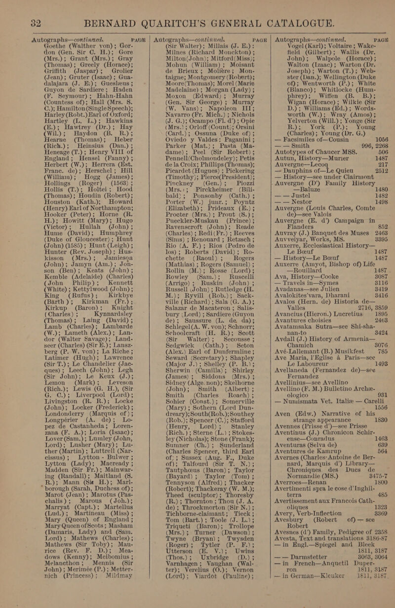 Goethe (Walther von); Gor- don (Gen. Sir C. H.); Gore (Mrs.); Grant (Mrs.); Gray (Thomas) ; Greely (Horace); Griffith (Jaspar); Grolier (Jean); Gruter (Isaac) ; Gua- dalajara (J. B:); Guesleus ; Guyon de Sardiere; Haden (F. Seymour); Hahn-Hahn (Countess of); Hall (Mrs. 8. C.); Hamilton (Single Speech); Harley (Robt.) Earl of Oxford; Hartley (L. J..); Hawkins (E.); Hawtrey (Dr.); Hay (Wil.); Haydon (B. R.); Hearne (Thomas); Heber (Rich.); Heinsius (Dan.) ; Heneage (T.) ; Henry VIII of England ; Hensel (Fanny) ; Herbert (W.); Herrera (Ust. France. de); Herschel ; Hill (William); Hogg (James) ; Hollings (Roger) (1563) ; Hollis (T.); Holtei ; Hood (Thomas); Houdin (Robert) ; Houston (Kath.); Howard (Henry) Earl of Northampton; Hooker (Peter); Horne (R. H.); Howitt (Mary); Hugo (Victor); Hullah (John) ; Hume (David); Humphrey (Duke of Gloucester) ; Hunt (John) (1585) ; Hunt (Leigh) ; Hunter (Rev. Joseph) ; Hus- kisson (Mrs.) ; Jamieson (John); Jamyn (Am.); Jon- son (Ben) ; Keats (John) ; Kemble (Adelaide) (Charles) (John Philip); Kennett (White) ; Kettylwood (John) ; King (Ru fus); Kirkbye (Barth); Kirkman (Fr.); Kirkup (Baron); Knight (Charles) 3 Kynnardsley (Thomas); Laing (David) ; Lamb (Charles); Lambarde (W.); Lameth (Alex.); Lan- dor (Walter Savage); Land- seer (Charles) (Sir H.); Lansz- berg (P. W. von); La Riche ; Latimer (Hugh); Lawrence (Sir T.); Le Chandelier (Jac- ques); Leech (John); Legh (Sir John); Le Keux U.); Lemon (Mark); Leveson Sony ); Lewis (G. H.), Gir G. C©.); Liverpool (Lord) ; Livingston (R. R.); Locke J ohn); ; Locker (Frederick) ; : Londonderry (Marquis of); Longpérier (A. de); mS pez de Castanheda ; Loren- zana (FE. A.); Loria. (isaac) ; Lover (Sam.); Lumley (John, Lord) ; Lusher (Mary); Lu- ther (Martin) ; Luttrell ’(Nar- Cissus) 5 Lytton - Bulwer ; Lytton (Lady); Macready ; Madden (Sir Fr.) ; Mainwar- ing (Randall) ; Maitland (8. BY; Mann (Sit H.); Marl- * borough (Sarah, Duchess of) ; Marot. (Jean) ; Marotus (Pas- chalis ) ; Marous (Joh.); Marryat (Capt.) ; Martellus (Lud.); Martineau (Miss) ; Mary (Queen) of England ; Mary Queen ofScots ; Masham (Damaris, Lady) and (Sam. Lord); Mathews (Charles) ; Mathews (Sir Toby); Mau- rice (Rev. F. D.); Mea- dows (Kenny); Mceibomius ; Melancthon; Mennis (Sir John) ; Merimée (P.) ; Metter- nich (Princess); Mildmay   (Sir Walter); Millais (J, E.): Milnes (Richard Monckton) ; Milton(John); Mitford (Miss); Mohun (William) ; Moisant de Brieux; Moli¢re; Mon- taigne; Montgomery (Robert); Moore(Thomas); Morel (Marie Madelaine) ; Morgan (Lady) ; Moxon (Edward); Murray (Gen. Sir George) ; Murray (W. Vans); Napoleon III; Navarro (Fr. Mich.) ; Nichols (J. G.); Ocampo (FI. d’) ; Opie (Mrs.); Orloff (Count); Orsini (Card.); Ossuna (Duke of) ; Oviedo y Valdes: Paganini ; Parker (Mat.); Pasta (Ma- dame); Peel (Sir Robert) ; Pennell(Cholnondeley); Petis de la Croix; Phillips (Thomas); Picardet (Hugues) ; Pickering (Timothy); Pierce(President); Pinckney (Gen.); Piozzi (Mrs.); Pirckheimer (Bili- bald}; Ponsonby (Cath.) ; Porter (W.) junr.; Poyntz (Elizabeth); Prideaux (E.) ; Procter (Mrs.) ; Prout (8.)3 Pueckler-Muskau (Prince) ; Ravenscroft (John); Reade (Charles) ; Redi( Fr.) ; Reeves (Sims) ; Renouard ; Retzsch ; Rio (A. F.) ; Rios (Pedro de los) ; Roberts (David); Ro- chette (Raoul); Rogers (Mathias) ; Rogers (Samuel) ; Rollin (M.); Rosse (Lord); Rowley (Sam.); Ruscelli (Arrigo) ; Ruskin (John) ; Russell John) ; Rutledge (H. M.); Ryvill (Rob.); Sack- ville (Richard) ; Sala (G. A.); Salazar de Macateron ; Salis- bury (Lord) ; Sardiere (Guyon de); Saussure (L. de da); Schlegel(A. W. von); Schnorr; Schoolcraft (H. R.); Scott (Sir Walter); Secousse ; Sedgwick (Cath.); Seton (Alex.) Earl of Dunfermline ; Seward (Secretary) ; Shapley (Major J.); Shelley (P. B.); Sherwin (Camilla); Shirley (James); Siddons (Mrs.) ; Sidney (Alge.non); Skelhorne (John); Smith (Albert) ; Smith (Charles Roach) ; Sohier (Const.); Somerville (Mary) ; Sothern (Lord Dun- dreary); South(Rob.); Southey (Rob.); Spencer (C.); Stafford (Henry, Lord); Stanley (Rich. ) ; Sterne (L.) ; Stokes- ley (Nicholas); Stone (Frank); Sumner (Ch.); Sunderland (Charles Spencer, ie Earl of}; Sussex (Aug. Duke of); Talfourd (Sir ae NOG Tautphoeus (Baron); Taylor (Bayard); Taylor (Tom) ; Tennyson (Alfred) ; Thacker (Robert); Thackeray (W. M.); Theed (sculptor); Thoresby (R.) ; Thornton ; Thou (J. A. de) ; Throckmorton (Sir N.) ; Tichborne-claimant; Tieck ; Tom (Bart.); Toole (J. L.); Triqueti (Baron); Trollope (Mrs.); Turner (Dawson) ; Twyne (Bryan); Twysden (Roger) 3. «\Lytler (@..F.); Utterson (E. V.); Uwins (Thos.); Uxbridge (D.); ter); Verelius (O.); Vernon (Lord); Viardot (Pauline) ; Autographscontinwed. PAGH Vogel (Karl); Voltaire ; Wake- field (Gilbert); Wallis (Dr. John); Walpole (Horace) ; Walton (Izaac); Warton (Dr. Joseph) ; Warton (T.); Web- ster (Dan.); Wellington (Duke of); Wentworth (P.); White (Blanco); Whitlocke (Hum- phrey); _. Wiffen! _&lt;B. | .B:)5 Wigan (Horace) ; Wilkie (Sir D.) ; Williams (Ed.); Words- worth (W.); Wray (Amos) ; Yelverton (Will.) ; Yonge (Sir R:)s/) Yorke 'GP.)s 0 Noung (Charles); Young (Dr. G.) — Facsimiles of—Cousin 1056 — — Smith 996, 2268 Autotypes of Chaucer MSS. 506 Autun, History—Murier 1487 Auvergne—Lecoq 217 — Dauphins of—Le Quieu 2512 — History—see under Clairmont —Baluze 1480 — — Justel 1482 — — Nestor 1498 Auvergne (Louis Charles, Comte de)—see Valois Auvergne (EH. d’) Campaign in Flanders 852 Auvray (J.) Banquet des Muses 2463 Auvveiyar, Works, MS. 3395 Auxerre, Ecclesiastical History— Le Boeuf 1487 — History—Le Boeuf 1487 Auxerre (Amyot, Bishop of) Life —Rouillard 1487 Ava, History—Cooke 3087 — Travels in—Symes 3116 Avadanas—see Julien 8419 Avalokites’vara, Dharani 3416 Avalos (Hern. de) Historia de— Valles 2716, 3859 Avancius (Hieron.) Lucretius 1895 Avantures choisies 2463 Avatamsaka Sutra—see Shi-sha- nan-to 3424 Avdall (J.) History of Armenia— Chamich 3076 Avé-Lallemant (B.) Musikfest 785 Ave Maria, ’Eglise 4 Paris—see Le Laboureur 1493 Avellaneda (Fernandez de)—see Fernandez Avellinius—see Avellino Avellino (F. M.) Bulletino Arche- ologico 931 — Numismata Vet. Italie — Carelli 1556 Aven (Edw.) Narrative of his strange appearance 1830 Avennes (Prisse d’)—see Prisse Aventiuus (J.) Chronicon Schir- ense—Conradus 1463 Aventuras (Selva de) 639 Aventures de Kamrup 564 Avernes (Charles-Antoine de Ber- nard, Marquis d’) Library— Chroniques des Ducs de Normandie (M8.) 3475-7 Averroes—Renan 1800 Avertimenti spra le cose d@’ Inghil- terra 485 Avertissement aux Francois Cath- oliques 1323 Avery, Verb-Inflection 3369 Avesbury (Robert of)— see Robert Avesnes (d’) Family, Pedigree of 2358 Avesta, Text and translations 3186-87 —in Engl.—Spiegel and Bleek 1811, 3187 — — Darmstetter 3063, 3064 —in French—Anquetil Duper- ron 1811, 3187 — in German—Kleuker 1811, 3187