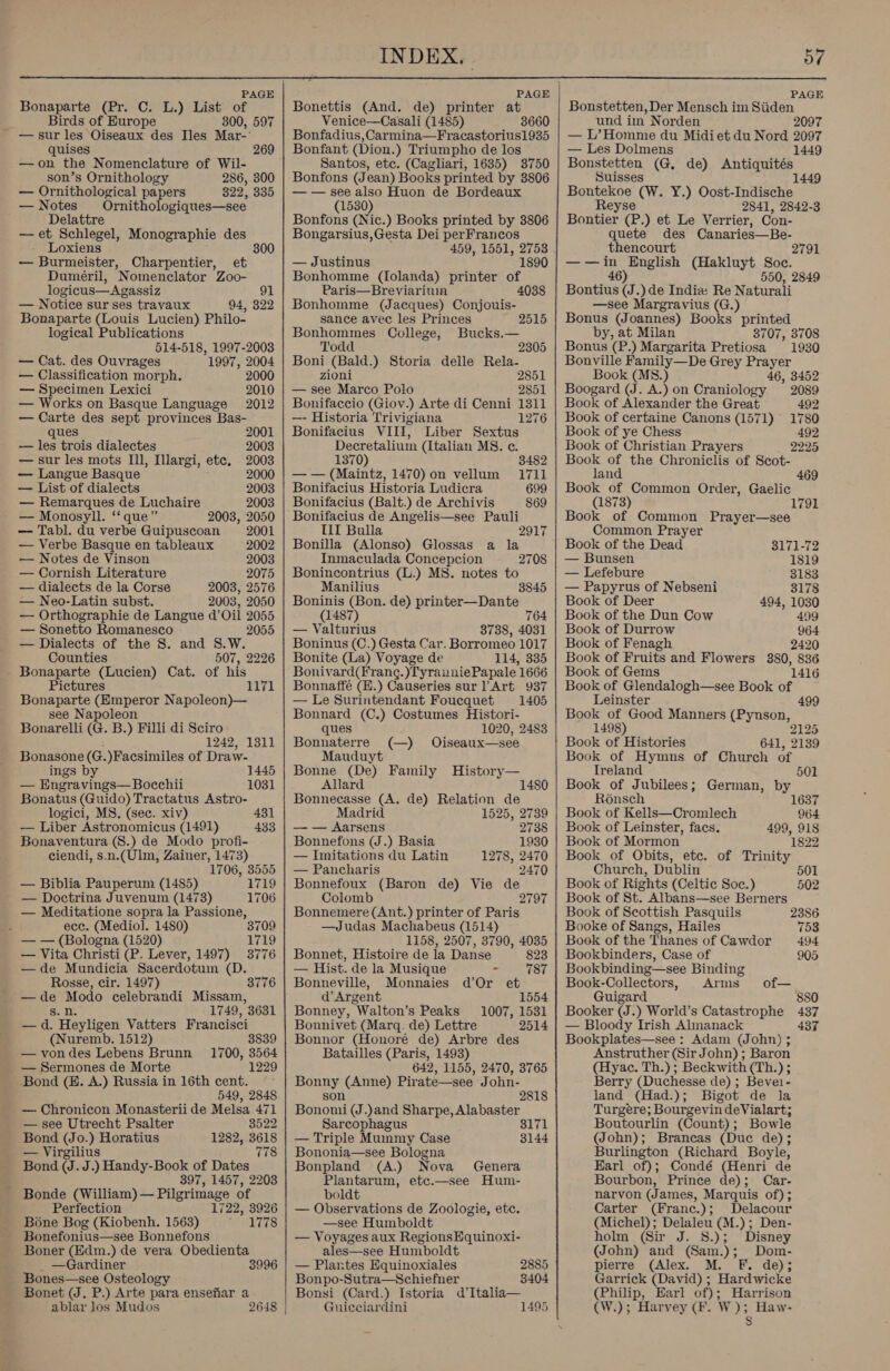  PAGE PAGE PAGE Bonaparte (Pr. C. L.) List of Bonettis (And. de) printer at Bonstetten, Der Mensch im Siiden Birds of Europe 300, 597 Venice—Casali (1485) 3660 und im Norden 2097 - —surles Oiseaux des Iles Mar-’ quises 269 —on the Nomenclature of Wil- son’s Ornithology 286, 300 — Ornithological papers 322, 335 — Notes Ornithologiques—see Delattre — et Schlegel, Monographie des Loxiens 300 — Burmeister, Charpentier, et Duméril, Nomenclator Zoo- logicus—Agassiz 91 — Notice sur ses travaux 94, 322 Bonaparte (Louis Lucien) Philo- logical Publications 514-518, 1997-2003 — Cat. des Ouvrages 1997, 2004 — Classification morph. 2000 — Specimen Lexici 2010 — Works on Basque Language 2012 — Carte des sept provinces Bas- ques 2001 — les trois dialectes 2003 — sur les mots Il, Illargi, ete. 2003 — Langue Basque 2000 — List of dialects 2003 — Remarques de Luchaire 2003 — Monosyll. ‘‘ que” 2003, 2050 — Tabl. du verbe Guipuscoan 2001 — Verbe Basque en tableaux 2002 — Notes de Vinson 2003 — Cornish Literature 2075 — dialects de la Corse 2003, 2576 — Neo-Latin subst. 2003, 2050 — Orthographie de Langue d’Oil 2055 — Sonetto Romanesco 2055 — Dialects of the S. and 8.W. Counties 507, 2226 Bonaparte (Lucien) Cat. of his Pictures 1171 Bonaparte (Emperor Napoleon)— see Napoleon Bonarelli (G. B.) Filli di Sciro 1242, 1311 Bonasone (G. )Facsimiles of Draw- ings by 1445 — Bisravnes-Raceliil 1031 Bonatus (Guido) Tractatus Astro- logici, MS. (sec. xiv) — Liber Astronomicus (1491) Bonaventura (S.) de Modo profi- ciendi, s.n.(Ulm, Zainer, 1473) 1706, 3555 1719 1706 431 433 — Biblia Pauperum (1485) — Doctrina Juvenum (1473) — Meditatione sopra la Passione, b ecc. (Mediol. 1480) 3709 — — (Bologna (1520) 1719 — Vita Christi (P. Lever, 1497) 3776 —de Mundicia Sacerdotum (D. Rosse, cir. 1497) 3776 — i. se celebrandi Missam, 1749, 3631 — s Baclicen Vatters Francisci (Nuremb. 1512) 3839 —vondes Lebens Brunn 1700, 3564 — Sermones de Morte 1229 Bond (. A.) Russia in 16th cent. 549, 2848 — Chronicon Monasterii de Melsa 471 — see Utrecht Psalter 3522 Bond (Jo.) Horatius 1282, 3618 — Virgilius 778 Bond (J. J.) Handy-Book of Dates 397, 1457, 2203 Bonde (William) — Pilgrimage of Perfection 1722, 3926 Bone Bog (Kiobenh. 1568) 1778 Bonefonius—see Bonnefons Boner (Edm.) de vera Obedienta _ —Gardiner Bones—see Osteology Bonet (J. P.) Arte para ensefiar a ablar Jos Mudos 3996 2648 Bonfadius, Carmina—Fracastorius1935 Bonfant (Dion.) Triumpho de los Santos, etc. (Cagliari, 1635) 3750 Bonfons (Jean) Books printed by 3806 — — see also Huon de Bordeaux (1530) Bonfons (Nic.) Books printed by 3806 Bongarsius,Gesta Dei perFrancos 459, 1551, 2753 — Justinus 1890 Bonhomme (lolanda) printer of Paris—Breviariwa Bonhomme (Jacques) Conjouis- sance avec les Princes Bonhommes College, Bucks.— Todd 2305 Boni (Bald.) Storia delle Rela- zioni 2851 — see Marco Polo 2851 Bonifaccio (Giov.) Arte di Cenni 1311 —- Historia Trivigiana 1276 Bonifacius VIII, Liber Sextus Decretalium (Italian MS. c. 1370) 3482 — — (Maintz, 1470) on vellum 1711 Bonifacius Historia Ludicra 699 Bonifacius (Balt.) de Archivis 869 Bonifacius de Angelis—see Pauli III Bulla Bonilla (Alonso) Glossas a la Inmaculada Concepcion Bonincontrius (L.) MS. notes to 2917 2708 Manilius 3845 Boninis (Bon. de) printer—Dante (1487) 764 — Valturius 3738, 4031 Boninus (C.) Gesta Car. Borromeo 1017 Bonite (La) Voyage de 114, 335 Bonivard(Frang. )fyranniePapale. 1666 Bonnaffé (E.) Causeries sur 1 Art 937 — Le Surintendant Fouequet 1405 Bonnard (C.) Costumes Histori- ques 1020, 2483 Bonnaterre (—) Oiseaux—see Mauduyt Bonne (De) Family History— Allard 148 Bonnecasse (A. de) Relation de Madrid 1525, 2739 — — Aarsens 2738 Bonnefons (J.) Basia 1930 — Imitations du Latin 1278, 2470 — Pancharis 2470 Bonnefoux (Baron de) Vie de Colomb 2797 Bonnemere (Ant.) printer of Paris —Judas Machabeus (1514) 1158, 2507, 3790, 4035 Bonnet, Histoire de la Danse 823 — Hist. de la Musique = Bonneville, Monnaies d’Or et d’ Argent 1554 Bonney, Walton’s Peaks 1007, 1531 Bonnivet (Marq. de) Lettre 2514 Bonnor (Honoré de) Arbre des Batailles (Paris, 1493) 642, 1155, 2470, 3765 eer (Anne) Pir ate—see John- 2818 Benoni (J.)and Sharpe, Alabaster Sarcophagus 3171 — Triple Mummy Case 3144 Bononia—see Bologna Bonpland (A.) Nova Genera Plantarum, etc.—see Hum- boldt — Observations de Zoologie, etc. —see Humboldt — Voyages aux RegionsEquinoxi- ales—see Humboldt — Plantes Equinoxiales 2885 Bonpo-Sutra—Schiefner 3404 Bonsi (Card.) Istoria d’Italia— Guicciardini 1495 — L’Homme du Midiet du Nord 2097 — Les Dolmens 1449 Bonstetten (G, de) Antiquités Suisses Bontekoe (W. Y.) Oost-Indische Reyse 2841, 2842-3 Bontier (P.) et Le Verrier, Con- quete des Canaries—Be- thencourt 2791 —-—in English (Hakluyt Soc. 46 550, 2849 Bontius (J.) de Indizw Re Naturali —see Margravius (G.) Bonus (Joannes) Books printed by, at Milan 3707, 3708 Bonus (P.) Margarita Pretiosa 1930 Bonville Family—De Grey Prayer Book (MS8.) 46, 3452 Boogard (J. A.) on Craniology 2089 Book of Alexander the Great 492 Book of certaine Canons (1571) 1780 Book of ye Chess 492 Book of Christian Prayers 2225 Book of the Chroniclis of Scot- land 469 Book of Common Order, Gaelic (1873) 1791 Book of Common Prayer—see Common Prayer Book of the Dead 3171-72 — Bunsen 1819 — Lefebure 3183 — Papyrus of Nebseni 3178 Book of Deer 494, 1030 Book of the Dun Cow 499 Book of Durrow 964 Book of Fenagh 2420 Book of Fruits and Flowers 3880, 836 Book of Gems 1416 Book of Glendalogh—see Book of Leinster 499 Book of Good Manners (Pynson, 1498) 2125 Book of Histories 641, 2139 Book of Hymns of Church of Treland 501 Book of Jubilees; German, by R6énsch 1637 Book of Kells—Cromlech 964 Book of Leinster, facs. 499, 918 Book of Mormon 1822 Book of Obits, etc. of Trinity Church, Dublin 501 Book of Rights (Celtic Soc.) 502 Book of St. Albans—see Berners Book of Scottish Pasquils 2386 Booke of Sangs, Hailes 753 Book of the Thanes of Cawdor 494 Bookbinders, Case of 905 Bookbinding—see Binding Book-Collectors, Arms of— Guigard 880 Booker (J.) World’s Catastrophe 437 — Bloody Irish Almanack 437 Bookplates—see : Adam (John) ; Anstruther (Sir John) ; Baron (Hyac. Th.) ; Beckwith (Th.) ; Berry (Duchesse de) ; Bevei- land (Had.); Bigot de la Turgere; Bourgevin deVialart; Boutourlin (Count) ; Bowle (John); Brancas (Duc de); Burlington (Richard Boyle, Earl of); Condé (Henri de Bourbon, Prince de); Car- narvon (James, Marquis of); Carter (Franc.); Delacour (Michel); Delaleu (M.); Den- holm (Sir J. §8.); Disney (John) and San.) 5 Dom- Pierre (Alex. M. FE. de); Garrick (David) ; Hardwicke (Philip, Earl of); Harrison (W.); Harvey (F. W); Haw- s