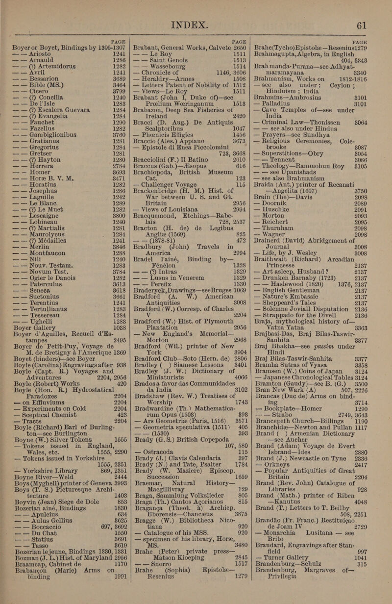   INDEX. 61 PAGE PAGE PAGE Boyer or Boyet, Bindings by 1305-1307 | Brabant, General Works, Calvete 2650 | Brahe(Tycho)Epistole —Resenius1279 — — Ariosto 1241 | — — Le Roy 1511 | Brahmagupta, Algebra, in English — — Arnauld 1286 | — — Saint Genois 1513 404, 3843 — — (?) Artemidorus 1282 | — — Wassebourg 1514 | Brahmanda- Purana—see Adhyat- — — Avril 1241 | — Chronicle of 1146, 3606 maramayana 3340 — — Bessarion 3689 | — Heraldry—Armes 1508 | Brahmanism, Works on 1812-1816 — — Bible (MS8.) 3464 | — Letters Patent of Nobility of 1512 | —see also under: Ceylon; — — Cicero 3799 | — Views—Le Roy 1511 Hinduism ; India — —(?) Concilia 1240 | Brabant (John I, Duke of)—see Brahmins—Ambrosius 3101 — — De I'Isle 1283 Prelium Weeringanum 1513 | — Palladius 3101 — — (?) Escalera Guevara 1284 | Brabazon, Deep Sea Fisheries of — Cave Temples of—see under — — (?) Evangelia 1284 Ireland India ‘ — — Fauchet 1290 | Bracci (D. Aug.) De Antiquis — Criminal Law—Thonissen 3064 — — Fazellus 1282 Scalptoribus 1047 | — — see also under Hindus — — Gambiglionibus 3760 | — Pheenicis Effigies 1456 | — Prayers—see Sundhya — — Gratianus 1281 | Braccio (Ales.) Appiano 3673 | — Religious Ceremonies, Cole- — — Gregorius 1284 | — Epistole di Enea Piccolomini brooke 8087 — — Gretser 1281 723, 3668 | — Superstitions—Obry 3054 — — (?) Hayton 1280 | Bracciolini (F.) 0 Batino 2610 | — — Tennent 8086 — — Herrera 2784 | Braccus (Gab.)—sopus 616 | — Theology—Rammohun Roy 8105 — — Homer 3693 | Brachiopoda, British Museum — — see Upanishads — — Hore B. V. M. 3471 Cat. 123 | — see also Brahmanism — — Horatius 1282 | — Challenger Voyage 115 | Braida (Ant.) printer of Recanati — — Josephus 1286 Brackenbridge (H. M.) Hist. of —Angelita (1607) 3750 — — Laguille 1242 War between U. 8. and Gt. Brain (The)—Davis 2098 — — Le Blanc 1289 Britain 2956 | — Doornik 2089 — — (?) Le Muet 1282 | — Views of Louisiana 2994 | — Huschke 2091 — — Lescaigne 3800 | Bracquemond, Etchings—Rabe- — Morton 2093 — — Lobineau 1240 lais 728, 2537 | — Reichert 2095 — — (?) Martialis 1281 | Bracton (H. de) de Legibus — Thurnham 2098 — — Maurolycus 1284 Anglize (1569) 825 | — Wagner 2098 — — (?) Médailles 1241 | — — (1878-81) 472 | Brainerd (David) Abridgement of — — Merlin 8846 | Bradbury (John) Travels in Journal 3008 — — Montfaucon 1288 America 2994 | — Life, by J. Wesley 8008 — — Nili 1240 | Bradel J’ainé, Binding by— Braithwait (Richard) Arcadian — — Nouv. Testam. 1283 Fénélon 1328 Princesse 2137 — — Novum Test. 3784 | — — (?) Intras 1329 | — Art asleep, Husband ? 2137 — — Ogier le Danois 1282 | — — Lusus in Venerem 1329 | — Drunken Barnaby (1723) 2137 — — Paterculus 3613 | — — Peretfix 1330 | — — Haslewood (1820) . 1876, 2137 — — Seneca 3618 | Braderyck, Drawings—seeBruges 1069 | — English Gentleman 2137 — — Suetonius 8661 | Bradford (A. W.) American — Nature’s Embassie 2137 — — Terentius 1241 Antiquities 3008 | — Sheppeard’s Tales 2137 — — Tertullianus 1283 Bradford | (W.) Corresp. of Charles — Solemne Joviall Disputation 2136 — — Tessereau 1284 2204 | — Strappado for the Divell 2136 — — Ughelli 1283 Bradford (W.) Hist. of Plymouth Braja, mythological history of— Boyer Gallery 1038 Plantation 2956 Vatna Yatna 3363 Boyer d’Aguilles, Recueil d’Es- —New England’s Memorial— Brajbasi-Das, Braj Bilas-Taswir- tampes 2495 Morton 2968 Sanhita 3377 Boyer de Petit- Puy, Voyage de Bradford (Wil.) printer of New Braj Bhakha—see passim under M. de Bretigny a l’Amerique 1369 Boyet (binders)—see Boyer Boyle (Carolina) En eave after 938 Boyle (Capt. R.) Voyages and Adventures 2204, 2956 Boyle (Robert) Works 420 Boyle (Hon. R.) Hydrostatical Paradoxes 2204 — on Effluviums 2204 — Experiments on Cold 2204 — Sceptical Chemist 423 — Tracts 2204 Boyle (Richard) Earl of Burling- ton—see Burlington Boyne (W.) Silver Tokens 1555 — Tokens issued in England, Wales, etc. 1555, 2290 — Tokens issued in Yorkshire 1555, 2351 — Yorkshire Library 869, 2351 Boyne River—Weld 2444 Boys (Myghell) printer of Geneva 3993 Boys (T. 8.) Picturesque Archi- tecture Boyvin (Jean) Siege de Dole 1403 853 Bozerian ainé, Bindings 1830 — — Apuleius 634 — — Aulus Gellius 8625 — — Boccaccio 697, 3692 — — Du Chat 1550 — — Statius 8691 — — Tasso 3619 Bozerian lejeune, Bindings 1330, 1331 Bozman (J. L.) Hist. of Maryland 2956 Braamcap, Cabinet de 1170 Brabancon (Marie) Arms on. binding York 3904 Bradford Club—Soto (Hern. de) 2806 Bradley ( ) Siamese Lessons 3401 Bradley (J. W.) Dictionary of Miniaturists 4066 Brados a favor das Communidades da India 3102 Bradshaw (Rev. W.) Treatises of Worship 1743 Bradwardine (Th.) Mathematica- rum Opus (1503) 393 — Ars Geometrie (Paris, 1516) 3571 — Geometria speculativa (1511) 405 =&lt;r= (1580) 393 Brady (G.8.) British Copepoda 107, 580 — Ostracoda 115 Brady (J.) Clavis Calendaria 397 Brady (N.) and Tate, Psalter 1784 Brady (W. Maziere) Episcop. Succession 1659 Braemar, Natural History— Macgillivray 129 Braga, Sammlung Volkslieder 805 Braga (Th.) Cantos Acorianos 815 Braganga (Theot. &amp;) Archiep. Eborensis—Chanceus 3875 Bragge (W.) Bibliotheca Nico- tiana 920 — Catalogue of his MSS. 920 — specimen of his library, Hore, MS. Brahe (Peter) private press— Matson Kioeping 2845 — — Snorro 1517 Brahe (Sophia) Epistole— Resenius 1279 Hindi Braj Bilas-Taswir-Sanhita 8377 Bramha Sutras of Vyasa 3358 Bramsen (W.) Coins of Japan 3124 — Japanese Chronological Tables 3124 Bramton (Gaudy)—see B. (G.) 3500 Bran New Wark (A) 507, 2226 LBrancas (Duc de) Arms on bind- ing 8714 — Bookplate—Homer 1290 — — Strabo 2749, 3643 Brancepeth Church—Billings 1190 Branchide—Newton and Pullan 1117 Brand ( ) Armenian Dictionary —see Aucher Brand (Adam) Voyage de Evert Isbrand—Ides 2880 Brand (J.) Newcastle on Tyne 2336 — Orkneys 2417 — Popular Antiquities of Great Britain 2204 Brand (Rev. John) Catalogue of Libraries 928 Brand (Math.) printer of Riben —Kanutus 4048 Brand (T.) Letters to T. Beilby 508, 2251 Brandao (Fr. Franc.) Restituicao de Joam IV — Monarchia Lusitana — see Brito Brandard, Engravings after Stan- field 997 -— Turner Gallery 1041 Brandenburg—Schulz 815 Brandenburg, Margraves of— Privilegia