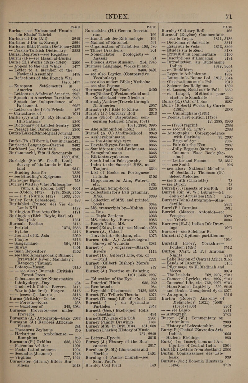  PAGE Burhan—see Muhammad Husain bin Khalaf Tabrizi Burhan-ud-Din (Ali) 3240 Burhanu d-Din az-Zarnuji 8224 Burhan-i Kati: Persian Dictionary3282 — Persian-Turkish Dictionary 3282 Burial Registers—see Registers Burini (al-)—see Hasan al-Burini Burke (H.) Works (1815) (1845) — Appeal to the Old Whigs — Letter to a member of the National Assembly — Reflections of the French War 1476, 1477 — European Settlements in America 2951 — Letters on Affairs of America 2987 — Speech on American Taxation 2987 —Speech for Independence of 2206 1477 1478 Parliament 2987 — Letter on the Irish Priests 487 — Caricatures of 1014 Burke (J.) and (J. B.) Heraldic Illustrations 2360 — Dictionary of Landed Gentry 2360 — Peerage and Baronetage 2360 Burke(Luke)Ethnological Journal 573, 2090 Burke (Th.) Hibernia Dominicana2421 Burjaetic Language—Castren 3462 Burkhard (—) Sakuntala 8349 - Burlammachi, Vita di Savonarola 1680, 3731 Burleigh (Sir W. Cecill, Lord) Survey of his Lands in Rut- land 2341 — Binding done for 1339 — see Stradling’s Epigrams 1384 Burlesque Epics 758 Burley (Walter) Vitae Philosopho- rum, s. n. (Colon. 1467) 4004 —_-— (Colon. 1472) 1879, 3549, 3550 —— 8. n. (Nurnb. 1472) 1988, 3569 Burley Font, Sebastopol 483 Burliabled (Prince de) Vie de Louis XVI 1477 Burlington Fine Arts Club 1171 Burlington (Rich. Boyle, Earl of) Bookplate 1361 Burmah—Bastian 3115 — Fedrici 1374, 2886 — Fytche 8116 — Journal of HE. Asia 3059 — Phayre 8116 — Sangermano 564, 3116 — Shway 3401 — Siam Repository 3402 — seealso: Amarapoorah; Bhamo; Irrawaddy River ; Mandalay ; Rangoon ; Taungu — Botany—Mason — — see also: Burmah (British) Forest Trees — Coins—see under Numismatics — Ichthyology—Day — 264 — Trade with China—Bowers 8115 — War in (the first)—Phayre 3116 — — (second)—Laurie , 3116 Burma (British)—Cooke 3087 — — Forests—Kurz 258 — — Gazetteer of 248, 3084 Burmese Proverbs--see under Proverbs Burmann (A.) Autograph—Saxo 2033 Burmann (J.) Rariores Africane Plante 241 — Thesaurus Zeylanus 256 — Herbarium Amboinense — Rumphius 259 Burmann (P.) Ovidius 636, 1899 — Petronius Arbiter 1901 — Poete Latini minores 1904 — Secundus (Joannes) 1948 — Virgilius Chip L024 Burmeister (Herm.) Bilder Bra- siliens  PAGE Burmeister (H.) Genera Insecto- rum 199 — Handbuch der Entomologie 199 — Manual of Entomol. 597 — Organisation of Trilobites 108, 580 —_ Thiere Brasiliens 301 — Nomenclator Zoologicus — Agassiz 91 — Buenos Ayres Museum 214, 2945 Burmese Language, Works in and on 3400, 3401 — see also Leyden (Comparative Vocabulary) — see also under: Bible ; Medicine — see also Peguan Burmese Spelling Book 3400 Burn (Richard) Westmoreland and Cumberland—see Nicolson Burnaby(Andrew)Travels through N. America 2957 Burnaby (F.) Ride to Khiva 8075 Burnby (J.) Obituary Roll 2313 Burne (Nicol) Disputation con- cerning Religion (Paris, 1581) 1681, 2386, 3995 — Ane Admonition (1581) 1681 Burnell (A. C.) Aindra-School 3343 — Arsheyabrahmana 8364 — — the Jaiminiya text 3364 — Devatadhyaya-Brahmana 8365 — Samhitopanishad-Brahmana 3365 — Vameabrahmana 8365 — Riktantravyakarana 8365 -— South-Indian Paleography 8391 — Index to the Sanserit MSS. at Tanjore 3344 — jist of Books on Portuguese in India 31 — Hippocrates on Airs, Waters, ete. 1851 — Algerian Scrap-book 3266 — Collections fora Pali grammar, MSS. 3369 — Collection of MSS. and printed books 3344 — M8. er eas by—Molina oo Tapia Zenteno — MS. notes by—Borrow 2085 — Rough Notes, MS. 2206 Burnell(Edw., Lord)—see Missale 4058 Burnes (A.) Cabool 8075 — Travels into Bokhara, etc. 3075 Burnes (Sir A.) Archeological Survey of W. India 8033 3033 3033 Burnet ( ) engraver—Stark’s Rivers. 1114 Burnet (Dr. Gilbert) Life, etc. of —Curll 222 Burnet (Gilbert Bishop) More’s Utopia Burnet (J.) Treatise on Painting 1401, 1445, 2207 — Education of the Eye 939 — Practical Hints 938, 939 — Rembrandt 984 — Reynolds’ Discourses 1432, 2258 Burnet (T.) Telluris Theoria 8071 Burnet (Thomas) Life of—Curll 2221 Burnett ( ) on Spermatic Particles Burnett (Geo.) Exchequer Rolls of Scotland Burnett (T.) Tale of a Tub 2206 Burney Family Drawings 1165 Burney MSS. in Brit. Mus. 451, 869 Burney (Charles) History of Music 787, 2249 — Letter—Upcott 3510 Burney (J.) History of the Buc- caneers 2817 Burnham (S. M.) Limestones and Marbles 1 Burning of Paules Church—see Saint Paul’s Burnley Coal Field   PAGE Burnley Obituary Roll 466 Burnouf (Bugéene) Commentaire sur le Yacna 1811, 3186 — Dictionnaire Sanscrite 8344 — Essai sur le Veda 1813, 3366 -— Etudes sur le Zend 3188 8190 3184 — Extrait d’un commentaire — Inscriptions d’Hamadan — Introduction au Buddhisme Indien 1817, 3054 — on Buddhism 557 — Légende Athénienne 1967 — Lotus de la Bonne Loi 1817, 3344 — Observations sur le Pali 2012 — Science des Religions 1802 — et Lassen, Essai sur le Pali 3369 —et Leupol, Méthode pour etudier le Sanskrite 3344 Burns (H.) Cat. of Coins 2387 Burns (Robert) Works by Currie (1801) 2388 — — Cunningham (1834) —- Poems, first edition (1786) 72, 2388, 3990 — — (1786) reprint 2388 — — second ed. (1787) 2388 — Autographs: Correspondence with Clarinda 73, 2387 — — Brigs of Ayr 2387 — — Fair fa’s the E’en 2387 — — Jolly Beggars (facsim.) 2388 —-— Common Place Book (fac- sim.) 2388 — — Letter and Poems 738, 8517 — — see Smith 996 — see also: National Melodies of Scotland ; Thomson (G.) Select Melodies — see Smith (Charlotte) 73 — see Byron 73 Burrell J.) Insects of Norfolk 143 Burrell (Sir W. W.) Library—St. John of Jerusalem (MS. ) 3526 Burrett (John) Autograph—Man- deville 2853 Burri (P.) Carmina 1931 Burriel (Marcos Antonio)—see Venegas 8005 — see Yriarte 8004 Burrows (H.J.) Indian Ink Draw- ings 1027 Bursawi—see Suleiman B. Burseti (J.) Epitome partitionum 1954 Burstall Priory, Yorkshire— Poulson (MS.) 3512 Burton (Capt. R. F.) Arabian Nights 8219 — Lake Region of Central Africa ae — Lands of Cazembe 8155 — Pilgrimage to EH] Medinah and Mecca 3074 — The Lusiads 762, 2207, 2731 — Camoens’ Lyricks, etc. 2207, 2731 — Hans Stade’s Captivity 550, 2849 — and Drake, Unexplored Syria 3071 — Autograph 8516 Burton (Robert) Anatomy of Melancholy (1621) (1660) (1676) (1806) 2207 — — see Lamb 2241 — Autograph 2763 Burton (W.) Commentary on Antoninus 2300 — History of Leicestershire 2324 Burty(P.)Chefs-d’CGiuvre des Arts Indust. — Haden’s Etchings Burt( )on Inscriptions and An- tiquities of Central India 3084 Burt (H.) Letters from Scotland 2388 Burtin, Connaissances des Tab- 1063 953 leaux 939 Burtius (Nic.) Bononia Ilustrata (1494) 3718