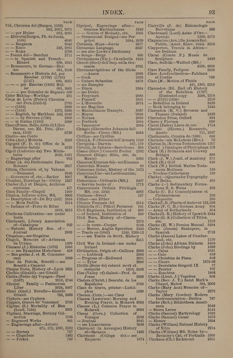  PAGE Cid, Chronica del (Burgos, 1593) 682, 2661, 8875 -— — por Huber 682, 2661 — Historia(Burgos, Ph. deJ unta, 1568) 4045 — — Berganza 2646 —_—— Risco 526, 2661 — — Rojas 2706 — Poema del— Sanchez 2711 ——in Spanish and French— Hinard 680, 2661 — Romancero, in German—Her- der 681, 2558 — Romancero e Historia del, por Escobar (1702) (1706) (1747) 680, 2661 —-—— a Escobar (1828) Miil- ler 681, 2661 — — — por Gonzalez de Reguero 680 Cider Making—Worlidge 381 Cieca de Leon (Pedro) Chronica del Peru (1552-3) 2785 — — (1553) 2808 es { 1554) 1370, 2808 — — English, by Markham 550, 2848 — — — by Stevens (1709) 2809 — —- in Italian (1555) 2809 Cieco (Franc. Bello, detto il) Libro Darme, ece. Ed. Prin. (Fer- rara, 1519) 3720 Ciento—see Cento Cifra (Ant.) Motecta 2628 Cigogné (F. D. de) Office de la Semaine Sainte 2529 Cigoli (Ludovico da) Two Minia- tures 2626, 38491 — Engravings after 982 Cihae (A. de) Dictionnaire Daco- Romane 2057 Cilicia, Chronicle of, by Vahram —Neumann 3168 — Governors of, ete.—Barker 3067 Cimabue, Diawings by—Ottley 1037 Cimber (L.) et Danjou, Archives curieuses 457 Cima Family—Cingoli 1499 Cinaloa, Informe sobre, MS, 3003 — Description of—De Bry (xiii) 2834 — — Mota Padilla 2914 — Indians of-—Perez de Ribas 2918, 8015 Cinchona Cultivation—see under India Cincinnati, Library Association of—Catalogue 920 — Natural History Soc. of— Journal 2963 Cingalese—see Singalese Cingoli, Memoirs of—Avicenna da Urbino 1499 Cinnami (J.) Historiae (1670) 1986 —— see Byzantine Historians 458 — Res gestae J. et M. Comneno- rum 1843 Cino da Pistoia, Sonetti — see Sonetti e Canzoni Cinque Ports, History of—Lyon 2321 Cinthio (Giraldi)—see Giraldi Cintra (Pedro de) pied eka “5 » 8744 (1507) Cinuzzi Family — Malian Liber 2624, 3487 Cioni (Gaet.) Novelle— Giraldo Giraldi 703, 2600 Ciphers—see Cyphers Cippico, Guerre de’ Veneziani Ciprian (S.) Mortality of Man 2788 (Lond. 1534) 3931 Cipriani, Drawings, Burnley Col- lection 1165 — Engraved Works 941 — Wngravings after—Ariosto 671, 672, 2581, 2582 — — Burney 787 — — Chambers 1402 — — Forkel 789   PAGE Cipriani, Engravings after— Gemme Marlburienses — — Genius of Modesty, etc. — Ornamental Designs—see Per- golesi 1084, 2629 1048 1035 Circassia, Maps—Jervis 3077 Circassian Language 3337 —- see also Loewe’s Dictionary — Songs—Bergé 806 Circinnianus (Nic.)—Cavalleriis 1018 Circoli (dieci) dell Imp. nella Ger- mania Circumnavigations of the Globe —Anson 2883 — Cook 2883 — Cubero Sebastian 2879 — see Dampier — Dixon 2884 — see Drake — Freycinet 2886 — Funnell 2881 — L’Heremite 2874 — see Magellan — Maximilianus Transyly. 3687 — Meyen 2888 — Novara 2889 — Portlock 2884 — Vancouver 2884 Ciriagio (Gherardus Johannis del) Scribe—Cicero (MS8.) Cirillus—-see Cyrillus Cirni(A. F.)Successidell’ Armata 1546 Cirripedia— Darwin 107, 579 Cirvelli, de Sphera—Sacrobosco 394 Cisano (Giov.) Concetti Poetici 2592 Cisneros (Diego) Sitio, etc. de Mexico 2906 Cisneros(Ximenes de)—-see Ximenes Cistercian Missals 89 Cistercian Order, History of the 1670 Cistercian Use—see Lectionarium; Missale Cistercians—Ordinario (MS8.) — Service books of Cisterciensis Ordinis Privilegia MS. (cir. 1350) 3484 3497 1773 4062 Cistinezee—S weet 187 Cither—see Zither Citoyen Frangais (le) 2514 Cittadella (C.) Pittori Ferraresi 941 Civil Engineers, Institution of 398 — of Ireland, Institution of 899 Civil ee History of—Claren- don 2218 — — in verse—Cooper 2143 — — Mercer, Angliz Speculum 2246 — Tracts on (1642) 1249, 2209-12 ——see Tracts on Scott. History 2411 Civil War in Ireland—see under Treland Civilisation, Origin of—Cailleux 2088 — — Lubbock 2092 — Progress of-—Hellward 2091 — — Tylor 2096 Civille (Sieur de) enterré mort et resuscité 1310, 2460 Cize (Valley of) dialect—Prof. de Jonas 2000 Cladera (Christ.) Descubr. de los Espanoles 2783 Claes de Grave, printer—Ludol- hus 1639 Claesen (Corn. )-—see Claez Claesse (Lawrence) Morning and Evening Prayer, in Mohawk 3024 Claesse (L.) Common Prayer in Mohawk 3 Claesz (Corn.) Collection of Voyages 2839 — Journal 2841 — see Linscotanus 2838 Clairmont (in Auvergne) History of—Savaron 1 Clairmont (College de)— see Requeste 1674   PAGE Clairville (J. de) Entomologie Helvétique 200 Clanbrassil (Lord) Asino d’Oro— Apulejo 1380, 2578 Clapmarius (Arn.) De ArcanisRer. Public. (Amst. Elzev. 1644) 3616 Clapperton, Travels in Africa— see Denham Clarac (Comte .F.) Musée de ‘Sculpture 2480 Clare, Suffolk—Walford (MS. ) 3509, 4059 Clare Family, Pedigree . 2258 Clare (Lord) collection—Fabliaux et Contes 703 Clare (M.) Motion of Fluids 421, 1361, 2218 Clarendon (Ed. Earl of) History of the Rebellion (1707) illustrated copy 1098, 2218 — — (17381) (1826) 2218 — Rebellion in Ireland 2423 — Book belonging to 1344 Clarendon (R. V.) Revenue and Finance (Ireland) 2423 Clarendon Press, Oxford 894 Clareo y Florisea 639 Claret (Padre) Llave de oro 1714 Claricio (Hieron.) Boccaccio, Ameto GEL 2587 Clarimundo, Cronica do (1601) 686 Clarinda—see McLehose (Mrs.) 73 Clarius(Is.)Novum Testamentum 1287 Clark( ) Catalogue of Phytophaga 199 Clark (H.) Britannia and Conway Bridges 899 Clark (J..W.) Jourl. of Anatomy 375 Clark (R.) Golf 849 Clark (W.) British Marine Testa- ceous Mollusca 138 — Trochus Cutlerianus 139 Clarke (—) Queries for Topogr BRP: of Berks. Clarke (—) Sedimentary aera tions N. 8. Wales 268 Clarke (C. B.) Commelynaceze et Cyrtandracez 256 — Composite 256 Clarke(C.B.) Plants of Andover 132,593 Clarke (F. C. H.) German Army 854 — Army of Netherlands 854 Clarke(G. R.) History of Ipswich 2344 Clarke (G. 8.) Collection of Titles, ete. 1216 Clarke (H. W.) Persian Manual 3284 Clarke (James) Shakspere, in Spanish 2713 Clarke (James) Lakes of Cumber- land, etc. 1110 Clarke (John) African Dialects 3434 Clarke (John) Bindings by 1380 — — Caius 1931 —— Cato 619 — — Christine de Pisan 643 — — Cicero 1879-80 — — Decretales Gregorii IX 17 — — Painter 707 — — Zenobius 1993 Clarke (Lieut. J.) Vegetius 858 Clarke (Rev. J. T.) Saint Mark’s Chapel, Malew 504, 2066 Clarke (Mary Ann) Memoirs of— Taylor 2272 Clarke (Mary Cowden) Modern Instrumentation—Berlioz 787 Clarke (Rob.) Bibliotheca Ameri- cana 3043 — Sierra Leone 3154 Clarke (Samuel) Martyrology 1682 Clarke Leo Cesar 1873 — Hom 1854 Clarke 3 (William) Natural History of Nitre 2214 Clarke (William) MS. Notes by— Bromley’s Cat. of Portraits 1095 Clarkson (Ch.) Richmond 2351