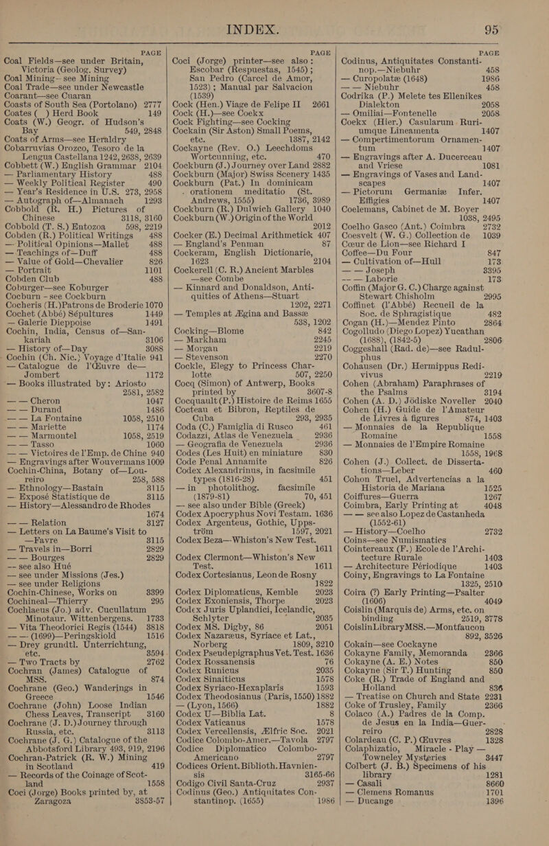 Coal Fields—see under Britain, Victoria (Geolog. Survey) Coal Mining~ see Mining Coal Trade—see under Newcastle Coarant—see Cuaran Coasts of South Sea (Portolano) dp Coates (_ ) Herd Book Coats (W.) Geogr. of Hudson’s Bay 549, 2848 Coats of Arms—see Heraldry Cobarruvias Orozco, Tesoro de la Lengua Castellana 1242, 2638, 2639 Cobbett ( (W.) English Grammar 2104 _ Parliamentary History 488 — Weekly Political Register 490 — Year’s Residence in U.S. 273, 2958 — Autograph of—Almanach 1293 Cobbold (R. H.) Pictures of Chinese 3118, 3160 Cobbold (T. 8.) Entozoa 598, 2219 Cobden (R.) Political Writings 488 —- Political Opinions—Mallet 488 — Teachings of—Duff 488 — Value of Gold—Chevalier 826 — Portrait 1101 Cobden Club 488 Coburger—see Koburger Cocburn - see Cockburn Cocheris (H.)Patrons de Broderie 1070 Cochet (Abbé) Sépultures 1449 — Galerie Dieppoise 1491 Cochin, India, Census of—San- kariah 3106 — History of—Day 3088 - Cochin (Ch. Nic.) Voyage d’Italie 941 — Catalogue de lCiuvre de— Jombert ‘— Books illustrated by: Ariosto 1172 2581, 2582 — — Cheron 1047 — — Durand 1486 — — La Fontaine 1058, 2510 — — Mariette 1174 — — Marmontel 1058, 2519 — — Tasso 1060 — — Victoires de Emp. de Chine 940 — Engravings after Wouvermans 1009 Cochin-China, Botany of—Lou- reiro 258, 588 —- Ethnology—Bastain 8115 — Exposé Statistique de 3115 — History—Alessandro de Rhodes 1674 — — Relation SL20 — Letters on La Baume’s Visit to —Favre 3115 — Travels in—Borri 2829 — — Bourges 2829 —- see also Hué — see under Missions (Jes.) — see under Religions Cochin-Chinese, Works on 8399 Cochineal—Thierry 295 Cochlaeus (Jo.) adv. Cucullatum Minotaur. Wittenbergens. 1733 — Vita Theodorici Regis (1544) 3818 — — (1699)—Peringskiold 1516 — Drey grundtl. Unterrichtung, etc. 8594 — Two Tracts by 2762 Cochran (James) Catalogue of MSS. 874 Cochrane (Geo.) Wanderings in Greece 1546 Cochrane (John) Loose Indian Chess Leaves, Transcript 3160 Cochrane (J. D.) Journey through Russia, etc. 3113 Cochrane (J. G.) Catalogue of the Abbotsford Library 493, 919, 2196 Cochran-Patrick (R. W.) Mining in Scotland 419 — Records of the Coinage of Scot- land 1558 Coci (Jorge) Books printed en at Zaragoza 3853-57   INDEX. Coci (Jorge) printer—see also: Escobar (Respuestas, 1545) ; San Pedro (Carcel de Amor, 1523) ; Manual par Salvacion (1539) Cock (Hen.) Viage de Felipe IT Cock (H.)—see Coekx Cock Fighting—see Cocking Cockain (Sir Aston) Small Poems, 2661 ete. 1387, 2142 Cockayne (Rev. O.) Leechdoms Wortcunning, etc. 470 Cockburn (J.) Journey over Land 2882 Cockburn (Major) Swiss Scenery 1435 Cockburn (Pat.) In dominicam . orationem meditatio (St. Andrews, 1555) 1736, 3989 Cockburn (R.) Dulwich Gallery 1040 Cockburn (W.) Origin of the World 2012 Cocker (H.) Decimal Arithmetick 407 — England’s Penman 87 Cockeram, English Dictionarie, Cockerell (C. R.) Ancient Marbles —see Combe — Kinnard and Donaldson, Anti- quities of Athens—Stuart 1202, 2271 — Temples at Aigina and Basse 538, 1202 Cocking—Blome 842 — Markham 2245 — Morgan 2219 — Stevenson 2270 Cockle, Elegy to Princess Char- lotte 507, 2250 Cocq (Simon) of Antwerp, Books printed by 3607-8 Cocquault (P.) Histoire de Reims 1655 Cocteau et Bibron, Reptiles de Cuba 293, 2935 Coda (C.) Famiglia di Rusco 461 Codazzi, Atlas de Venezuela _ —s—- 2936 — Geografia de Venezuela 2936 Codes (Les Huit) en miniature 830 Code Penal Annamite 826 Codex Alexandrinus, in facsimile types (1816-28) 451 —in photolithog. facsimile (1879-81) 70, 451 —- see also under Bible (Greek) Codex Apocryphus Novi Testam. 1636 Codex Argenteus, Gothic, Upps- trom 597, 2021 Codex Beza—-Whiston’s New Test. 1611 Codex Clermont—Whiston’s New Test. 1611 Codex Cortesianus, Leonde Rosny Codex Diplomaticus, Kemble Codex Exoniensis, Thorpe Codex Juris Uplandici, Icelandic, Schlyter 2035 Codex MS. Digby, 86 2051 Codex Nazareeus, Syriace et Lat., Norberg 1809, 3210 Codex Pseudepigraphus Vet. Test. 1636 Codex Rossanensis 76 Codex Runicus 2035 Codex Sinaiticus 1578 Codex Syriaco-Hexaplaris 1593 Codex Theodosianus (Paris, 1550) 1882 — (Lyon, 1566) 1882 Codex U—Biblia Lat. 8 Codex Vaticanus 1578 Codex Vercellensis, Alfric Soe. 2021 Codice Colombo-Amer.—Tavola 2797 Codice Diplomatico Colombo- Americano Codices Orient. Biblioth. Havnien- sis 3165-66 Codigo Civil Santa-Cruz 2937 Codinus (Geo.) Antiquitates Con- stantinop. (1655) 1986  95 Codinus, Antiquitates Constanti- nop.—Niebuhr 458 — Curopolate (1648) 1986 — — Niebuhr 458 Codrika (P.) Melete tes Ellenikes Dialekton — Omiliai—Fontenelle 2058 Coekx (Hier.) Casularum. Ruri- umque Lineamenta 1407 — Compertimentorum Ornamen- tum — Engravings after A. Ducerceau and Vriese 1081 — Engravings of Vases and Land- scapes 1407 — Pictorun. Germanize Infer. Effigies Coelemans, Cabinet de M. Boyer 1038, 2495 Coelho Gaseo (Ant.) Coimbra 2732 Coesvelt (W. G.) Collection de 1039 Coeur de Lion—see Richard I Coffee—Du Four 847 — Cultivation of—Hull 173 — — Joseph 3395 -— — Laborie 173 Coffin (Major G. C.) Charge Te Stewart Chisholm Coffinet (’Abbé) Recueil de i. Soc. de Sphragistique 482 Cogan (H.)—Mendez Pinto 2864 Cogolludo (Diego Lopez) Yucathan (1688), (1842-5) 2806 Coggeshall (Rad. de)—see Radul- phus Cohausen (Dr.) Hermippus Redi- vivus 22 Cohen (Abraham) Paraphrases of the Psalms 3194 Cohen (A. D.) Jédiske Noveller 2040 Cohen (H.) Guide de l)Amateur de Livres a figures 874, 1403 — Monnaies de la Republique Romaine 1558 — Monnaies de Empire Romaine 1558, 1968 Cohen (J.) Collect. de Disserta- tions—Leber 460 Cohon Truel, Advertencias a la Historia de Mariana 1525 Coiffures—Guerra 1267 Coimbra, Early Printing at 4048 — — see also Lopez de Castanheda (1552-61) — History—Coelho Coins—see Numismatics Cointereaux (F.) Ecole de l Archi- tecture Rurale — Architecture Périodique Coiny, Engravings to La Fontaine 1325, 2510 Coira (?) Harly Printing—Psalter (1606) 4049 Coislin (Marquis de) Arms, etic. on binding 2519, 3778 CoislinLibrary M8S.—Montfaucon 892, 3526 2732 1403 1403 Cokain—see Cockayne Cokayne Family, Memoranda Cokayne (A. E.) Notes Cokayne (Sir T.) Hunting Coke (R.) Trade of England and Holland 836 — Treatise on Church and State 2231 Coke of Trusley, Family 2366 Colaco (A.) Padres de la Comp. de Jesus en la India—Guer- 2366 reiro Colardeau (C. P.) Guvres 1328 Colaphizatio, Miracle - Play — Towneley Mysteries 8447 Colbert (J. B.) Specimens of his library 1281 — Casali 8660 — Clemens Romanus 1701 — Ducange 1396