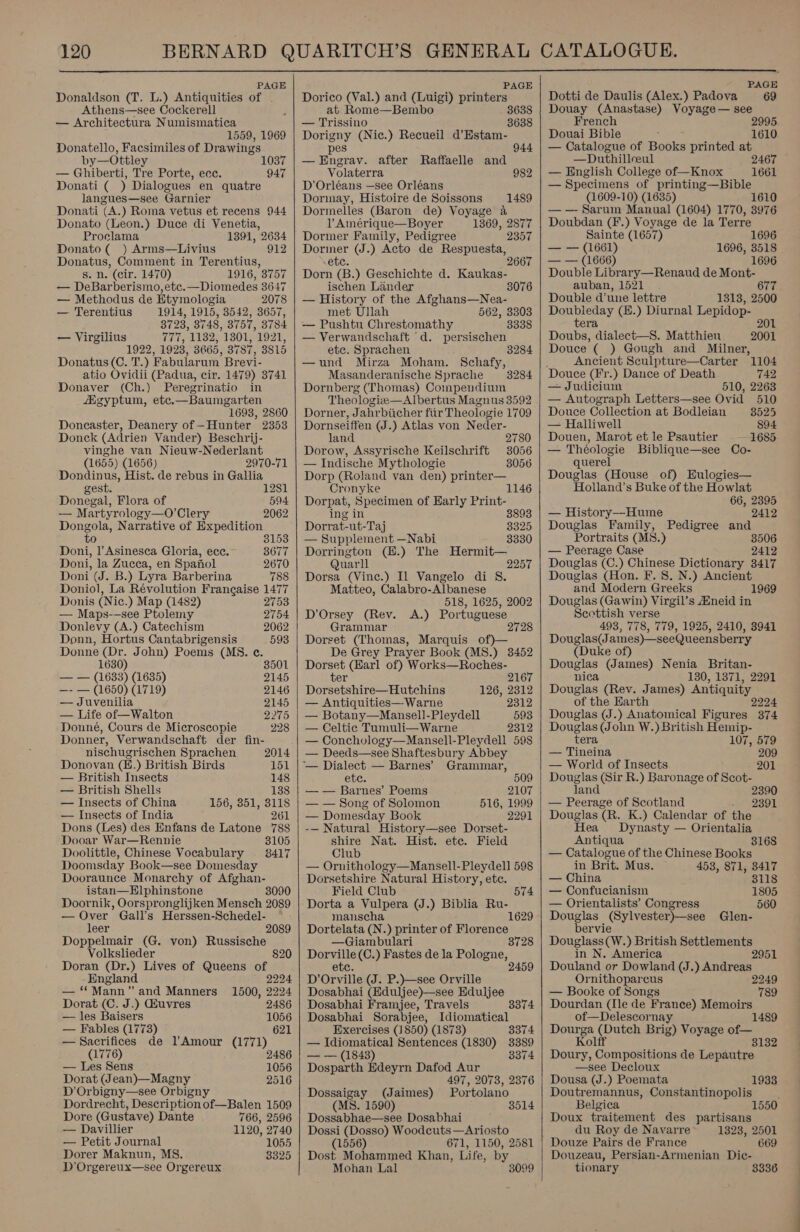  PAGE Donaldson (T. L.) Antiquities of Athens—see Cockerell — Architectura Numismatica 1559, 1969 Donatello, Facsimiles of Drawings by—Ottley — Ghiberti, Tre Porte, ecc. Donati ( ) Dialogues en quatre langues—see Garnier Donati (A.) Roma vetus et recens 944 Donato (Leon.) Duce di Venetia, Proclama 1391, 2634 Donato ( ) Arms—Livius 912 Donatus, Comment in Terentius, s. n. (cir. 1470) 1916, 3757 — DeBarberismo,etc.—Diomedes 3647 — Methodus de Etymologia 2078 1037 947 — Terentius 1914, 1915, 3542, 3657, 3723, 8748, 3757, 3784 — Virgilius 777, 1182, 1301, 1921, 1922, 1923, 3665, 3787, 3815 Donatus (C. T.) Fabularum Brevi- atio Ovidii (Padua, cir. 1479) 3741 Donaver (Ch.) Peregrinatio in Aigyptum, etc.—Baumgarten 1693, 2860 Doncaster, Deanery of -Hunter 2353 Donck (Adrien Vander) Beschrij- vinghe van Nieuw-Nederlant (1655) (1656) 2970-71 Dondinus, Hist. de rebus in Gallia gest. 1281 Donegal, Flora of 594 — Martyrology—O Clery 2062 Dongola, Narrative of Expedition to Doni, |’ Asinesca Gloria, ecc. 3677 Doni, la Zucca, en Spanol 2670 Doni (J. B.) Lyra Barberina 788 Doniol, La Révolution Francaise 1477 Donis (Nic.) Map (1482) 2753 — Maps-—see Ptolemy 2754 Donlevy (A.) Catechism 2062 Donn, Hortus Cantabrigensis 593 Donne (Dr. John) Poems (MS. ec. 1630) 3501 — — (1633) (1635) 2145 —- — (1650) (1719) 2146 — Juvenilia 2145 — Life of—Walton 2275 Donné, Cours de Microscopie 228 Donner, Verwandschaft der fin- nischugrischen Sprachen 2014 Donovan (H.) British Birds 151 — British Insects 148 — British Shells 138 — Insects of China 156, 351, 3118 — Insects of India 261 Dons (Les) des Enfans de Latone 788 Dooar War—Rennie Doolittle, Chinese Vocabulary Doomsday Book—see Domesday Dooraunce Monarchy of Afghan- istan—Elphinstone 8090 Doornik, Oorspronglijken Mensch 2089 — Over Gall’s Herssen-Schedel- leer 2089 Doppelmair (G. von) Russische Volkslieder 820 Doran (Dr.) Lives of Queens of England 2224 — “Mann” and Manners 1500, 2224 Dorat (C. J.) Guvres 2486 — les Baisers 1056 — Fables (1773) 621 — Sacrifices de l’Amour (1771) (1776) — Les Sens 1056 Dorat (Jean)—Magny 2516 D’Orbigny—see Orbigny Dordrecht, Description of—Balen 1509 Dore (Gustave) Dante 766, 2596 — Davillier 1120, 2740 — Petit Journal 1055 Dorer Maknun, MS. 8325 D’Orgereux—see Orgereux   PAGE Dorico (Val.) and (Luigi) printers at Rome—Bembo 36 — Trissino 3638 Dorigny (Nic.) Recueil d’Estam- pes 944 —Engrav. after Raffaelle and Volaterra 982 D’Orléans —see Orléans Dormay, Histoire de Soissons 1489 Dormelles (Baron de) Voyage a 1 Amérique—Boyer 1369, 2877 Dormer Family, Pedigree 2357 Dormer (J.) Acto de Respuesta, ete. 266 Dorn (B.) Geschichte d. Kaukas- ischen Lander 3076 — History of the Afghans—Nea- met Ullah 562, 3303 — Pushtu Chrestomathy 3338 — Verwandschaft d. persischen etc. Sprachen —und Mirza Moham. Schafy, Masanderanische Sprache Dornberg (Thomas) Compendium Theologie—Albertus Magnus 3592 Dorner, Jahrbiicher fiir Theologie 1709 Dornseiffen (J.) Atlas von Neder- 3284 3284 land 2780 Dorow, Assyrische Keilschrift 3056 — Indische Mythologie 3056 Dorp (Roland van den) printer— 1 Cronyke Dorpat, Specimen of Early Print- ing in 8893 Dorrat-ut-Taj 3325 — Supplement —Nabi 3330 Dorrington (#.) The Hermit— Quarll 2257 Dorsa (Vine.) Il Vangelo di 8. Matteo, Calabro-Albanese 518, 1625, 2002 D’Orsey (Rev. A.) Portuguese Grammar 2728 Dorset (Thomas, Marquis of De Grey Prayer Book (MS.) 3452 Dorset (Earl of) Works—Roches- ter 2167 Dorsetshire—Hutchins 126, 2312 — Antiquities— Warne — Botany—Mansell-Pleydell — Celtic Tumuli—Warne — Conchology—Mansell-Pleydell 598 — Deeds—see Shaftesbury Abbey Barnes’ Grammar, etc. 509   — — Barnes’ Poems 2107 — — Song of Solomon 516, 1999 — Domesday Book 2291 -— Natural History—see Dorset- shire Nat. Hist. etc. Field Club — Ornithology—Mansell-Pleydell 598 Dorsetshire Natural History, etc. Field Club 574 Dorta a Vulpera (J.) Biblia Ru- manscha 1629 Dortelata (N.) printer of Florence —Giambulari 3 Dorville(C.) Fastes de la Pologne, etc. 2459 D’Orville (J. P.)—see Orville Dosabhai (Eduljee)—see Eduljee Dosabhai Framjee, Travels 3374 Dosabhai Sorabjee, Idiomatical Exercises (J 850) (1873) 3374 — Idiomatical Sentences (1830) 3389 —#—=(1843) 3374 Dosparth Edeyrn Dafod Aur 497, 2078, 2376 Dossaigay (Jaimes) Portolano (MS. 1590) 3 Dossabhae—see Dosabhai Dossi (Dosso) Woodcuts —Ariosto (1556) 671, 1150, 2581 Dost Mohammed Khan, Life, by Mohan Lal 3099    PAGE Dotti de Daulis (Alex.) Padova 69 Douay (Anastase) Voyage — see French 2995 Douai Bible 1610 — Catalogue of Books printed at —Duthilleeul 2467 — English College of—Knox — Specimens of printing—Bible (1609-10) (1635) 1610 — — Sarum Manual (1604) 1770, 3976 Doubdan (F.) Voyage de la Terre Sainte (1657) 1696 &lt;2 (1461) 1696, 3518 — — (1666) 1696 Double Library—Renaud de Mont- auban, 1521 Double dune lettre 1313, 2500 Doubleday (£.) Diurnal Lepidop- tera 201 Doubs, dialect—S. Matthien Douce ( ) Gough and Milner, ; Ancient Sculpture—Carter 1104 Douce (Fr.) Dance of Death 742 — Judicium 510, 2263 — Autograph Letters—see Ovid 510 2001 Douce Collection at Bodleian 3525 — Halliwell 894 Douen, Marot et le Psautier 1685 — Théologie Biblique—see Co- querel Douglas (House of) Eulogies— Holand’s Buke of the Howlat 66, 2395 — History—Hume 2412 Douglas Family, Pedigree and Portraits (MS8.) 3506 — Peerage Case 2412 Douglas (C.) Chinese Dictionary 3417 Douglas (Hon. F. 8. N.) Ancient and Modern Greeks 1969 Douglas (Gawin) Virgil’s Mneid in Scottish verse 493, 778, 779, 1925, 2410, 3941 Douglas(James)—see Queensberry Duke of) Douglas (James) Nenia Britan- nica 130, 1371, 2291 Douglas (Rev. James) Antiquity of the Harth 2224 Douglas J.) Anatomical Figures 374 Douglas (John W.) British Hemip- tera 107, 579 — Tineina 209 — World of Insects 201 Douglas (Sir R.) Baronage of Scot- land — Peerage of Scotland Douglas (R. K.) Calendar of the Hea Dynasty — Orientalia Antiqua 3168 — Catalogue of the Chinese Books in Brit. Mus. 453, 871, 3417 2390 2391 — China 3118 — Confucianism 1805 — Orientalists’ Congress 560 Douglas (Sylvester)—see Glen- bervie Douglass(W.) British Settlements in N. America 2951 Douland or Dowland (J.) Andreas Ornithoparcus 2249 — Booke of Songs 789 Dourdan (Ile de France) Memoirs of—Delescornay Dourga (Dutch Brig) Voyage of— Kolff 3132 Doury, Compositions de Lepautre —see Decloux Dousa (J.) Poemata 1933 Doutremannus, Constantinopolis Belgica Doux traitement des partisans du Roy de Navarre 1323, 2501 Douze Pairs de France 669 Douzeau, Persian-Armenian Dic- tionary 3336