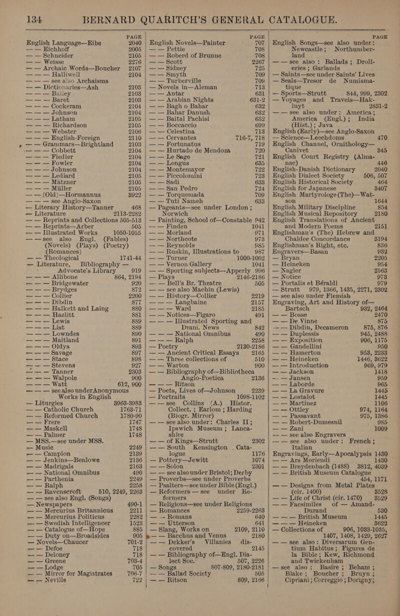      PAGE PAGE English Language—Hibe 2040 | English Novels—Painter 707 — — Hichhoff 2005 | — — Pettie 708 — — Schneider 2105 | — — Roberd of Brunne 708 — — Weisse 2276 | — — Scott 2267 — — Archaic Words—Boucher 2107 | — — Sidney 12D — — — Halliwell 2104 | —— Smyth 709 — — — see also Archaisms — — Turberville 709 — — Dictionaries—Ash 2103 | — Novels in—Aleman 713 — — — Bailey 2103 | — — Antar 631 — — — Baret 2103 | — — Arabian Nights 631-2 — — — Cockeram 2104 | — — Bagh o Bahar 632 — — — Johnson 2104 | — — Bahar Danush 632 — — — Latham 2105 | — — Baital Pachisi 632 — — — Richardson 2105 | — — Boccaccio 699 — — — Webster 2106 | — — Celestina 713 — — — English-Foreign 2110 | — — Cervantes 716-7, 718 » — — Granmars—Brightland 2103 | — — Fortunatus 719 .— — — Cobbett 2104 | — — Hurtado de Mendoza 720 — — — Fiedler 2104 | — — Le Sage 721 — — — Fowler 2104 | — — Longus 635 — — — Johnson 2104 | — — Montemayor 722 — — — Lediard 2105 | — — Piccolomini 723 — — — Matzner 2105 | — — Sadi 633 — — — Miiller 2105 | — — San Pedro 724 — — (Old)—Hormannus 8922 | — — Torquemada 709 — — — see Anglo-Saxon — — Tuti Nameh 633 — Literary History—Tanner 468 | — Pageants—see under London ; — Literature 2113-2282 Norwich — — Reprints and Collections 505-513 | — Painting, School of—Constable 942 — — Reprints—Arber 505 | —- — Finden 1041 — — Illustrated Works 1050-1055 | — — Morland 971 —-—see also Engl. (Fables) — — Northcote 973 (Novels) (Plays) (Poetry) — — Reynolds - 985 (Romances) — — Ruskin, Illustrations to 987 — — Theological 1741-44 | — — Turner 1000-1002 — Literature, Bibliography — — — Vernon Gallery 1041 : Advocate’s Library 919 | — — Sporting subjects—Apperly 996 —— — Allibone 864, 2194 | — Plays 2146-2186 — — — Bridgewater 920 | — — Bell’s Br. Theatre 505 — — — Brydges 872 | — — see also Machin (Lewis) — — — Collier 2200 | — — History—Collier 2219 — — — Dibdin 877 | — — — Langbaine 2157 — —— Halkett and Laing 880 | — — — Ward 2185 — — — Hazlitt 881 | — — Notices—Figaro 491 — — — Lewis 889 | — — — Illustrated Sporting and — — — List 889 Dram. News 842 — — — Lowndes 890 | — — — National Omnibus 490 — — — Maitland 891 | —— — Ralph 2258 — —— Oldys 893 | — Poetry 2130-2186 — — — Savage 897 | — — Ancient Critical Essays 2165 — — — Stace 898 | — — Three collections of 510 — — — Stevens 927 | — — Warton 900 — — — Tanner 2303 | — — Bibliography of—Bibliotheca — — — Walpole 900 Anglo-Poetica 2136 — — — Watt 612, 900 | — — — Ritson — — — see also underAnonymous — Poets, Lives of—Johnson 2239 Works in English — Portraits 1098-1102 _ Liturgies 8963-3988 | ——see Collins (A.) Histor. — — Catholic Church 1763-71 Collect. ; Earlom ; Harding — — Reformed Church 1780-90 (Biogr. Mirror) — — Frere 1747 | — — see also under: Charles II; — — Maskell 1748 Ipswich Museum ; Lanca- — — Palmer 1748 shire — MSS.—see under MSS. — — of Kings—Strutt 2302 — Music 2249 | —— South Kensington . Cata- — — Campion 2139 logue 1176 — — Jenkins—Benlowe 2136 | — rg eae ewitt 1074 — — Madrigals 2163 | — — Solon 2301 — — National Omnibus 490 | — — seealsounder Bristol; Derby — — Parthenia 2249 | — Proverbs—see under Proverbs — — Ralph 2258 | — Psalters—see under Bible (Engl.) — — Ravenscroft 510, 2249, 2263 | — Reformers —see under Re- — — see also Engl. (Songs) formers — Newspapers 490-1 | — Religions—see under Religions — — Mercurius Britannicus 2211 | — Romances 2259-2263 — — Mercurius Politicus 2282 | — — Romans 640 — — Swedish Intelligencer 1523 | — — Utterson 641 — — Catalogue of—Hope 885 | — Slang, Works on 2109, 2110 — — Duty on—Broadsides 905 j»-— — Bacchus and Venus 2180 — Novels—Chaucer 701-2 | — — Dekker’s Villanies_ dis- — — Defoe 718 covered 2145 — — Deloney 718 | — — Bibliography of—Engl. Dia- — — Greene 703-4 lect Soc. 507, 2226 — — Lodge 705 | — Songs 807-809, 2180-2181 — — Mirror for Magistrates 706-7 | —- — Ballad Society 505 — -— Neville 722 | —— Ritson 809, 2166   PAGE English Songs—see also under: Newcastle ;° Northumber- land ——see also: Ballads; Droll- eries ; Garlands — Saints —see under Saints’ Lives — Seals—Tresor de Numisma- tique — Sports—Strutt 844, 999, 2302 — Voyages and Travels—Hak- luyt 2831-2 —-—see also under: America; America (Hngl.); India (Hist.) ; Java English (Early)—see Anglo-Saxon — Science—Leechdoms 470 English Channel, Ornithology— Canivet English Court Registry (Alma- nac 446 English-Danish Dictionary 2040 English Dialect Society 506, 507 - English Historical Society 464 English for Japanese 3407 English Martyrologe (The)—Wat- son 1644 English Military Discipline 854 English Musical Repository 2180 English Translations of Ancient and Modern Poems Englishman’s (The) Hebrew and 2151 Chaldee Concordance 38194 Englishman’s Right, etc. 836 Engravers—Basan 932 — Bryan 2205 — Heineken 954 — Nagler 2563 — Notice 973 — Portalis et Béraldi 979 -— Strutt 979, 1366, 1435, 2271, 2302 — see also under Flemish Engraving, Art and History of— Bartsch 982, 2464 — — Bosse 2470 — — De Vinne 875 -~ — Dibdin, Decameron 875, 876 — — Duplessis 945, 2488 —— — Exposition 906, 1175 — — Gandellini 950 — — Hamerton 953, 2233 — — Heineken 1446, 3622 — — Introduction 969, 979 — — Jackson 1418 ——- — Jansen 959 — — Laborde 965 — — La Gravure 1445 — — Lostalot 1445 — — Martinez 1106 — — Ottley 974, 1164 — — Passavant 975, 1386 — — Robert-Dumesnil 985 — — Zani 1009 — — see also Engravers -—— see also under: French; Italian Engravings, Early—Apocalypsis Ht — — Ars Moriendi 1430 —- — Breydenbach (1488) 3812, 4039 — — British Museum Catalogue 454, 1171 — — Designs from Metal Plates (cir. 1400) 8528 — — Life of Christ (cir. 1470) 8529 ——Facsimiles of — Amand- Durand 530 — — — British Museum 1445 — — — Heineken 3622 — Collections of 906, 1033-1035, 1407, 1408, 1429, 2627 —— see also: Diversarum Gen- tium Habitus; Figures de la Bible; Kew, Richmond and Twickenham —see also: Basire ; Beham ; Blake ; Boucher ; Bruyn ; Cipriani; Correggio ; Dorigny;