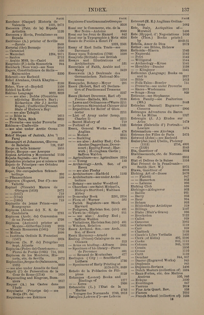  PAGE Escolano (Gaspar) Historia de Valencia 1525, 2672 Escosura (Patr. de la) Espafia Artistica Escosura y Hevia, Feudalismo en Espana Escrivano (A.) printer of Seville —Zarate 3868 Escurial (the) Bermejo 2646 — Caramuel 1106 — Mazzolari 1284, 2671 — Santos 2712 — Arabic MSS. in—Casiri 893 Ksegrinio (F.) della Simmetria 944 Esenbeck (Nees von)—see Nees Esgers, Constitutiones de Siclis— Maimonides 3200 Eshcuid—see Eschuid Eshel Abraham, Orakh Khayim— Karo 3199 Esher, View of—Boydell 1109 Eshkol ha-Kofer 3195 Eskimo Language 3022, 3023 — — see also: Dobbs (Countries adjoining Hudson’s Bay); Richardson (Sir J.) Arctic Exped.; Umfreville (Present State of Hudson’s Bay) — — see also Tchiglit — — Bible in 1613 — Folk Tales, Rink 8023 _ — Proverbs—see under Proverbs Eskimos—Umfreville 2780 —see also under Arctic Ocean passim Eskof Stepan of Jazirah, Abu ’1 Faraj 3216 Esmangart et Johanneau, Giuvres de Rabelais 728, 2537 Esope en belle humeur 1055 Esopo, Esopus—see Aesopus Espana Artistica y Monumental 1120 Espana Sagrada—see Florez Espafioles pintados por si mismos 1063 Espeio de Principes—see Ortufiez de Calahorra Esper, Die europaischen Schmet- terlinge 202 — Pflanzenthiere 599 Espernon (Nogaret, Due d’)—see Vallette Espinel (Vicente) Marcos de ; Obregon (1618) 2672 eee (1657) 719 — — (1744) 2672 =- — (1804) 719 Espinette du jeune Prince—see Bourgouyne Espinosa (Alonso de) N. 8S. de Candelaria Espinosa (Andr. de) Conversion de un Pecador 270 Espinosa (Antonio) printer at Mexico—Gilbertus (1559) 2923 — Missale Romanum (1561) 1750 -— Molina 3898 - — Instituta Ordinis B. Francisci (1567) fs)'s Espinosa (Is. F. de) Peregrino Sept. Atlante 2931 Espinosa (Pedro de) Cancionero— Flores de Poetas (1605) 754, 2651 Espinosa de los Monteros, His- coria, etc. de Sevilla 2672 Esplandian,Sergas de (Salamanca, 1525) — see also under Amadis de Gaul Cour de Rome (1714) 1656 Esquemeling and Ringrose, Buea- niers 2817 Esquer (A.) les Castes dans V'Inde 3090 Esquilache (Principe de) — see Borja (Fr. de) Esquimaux—see Eskimos Esquisses d’uneGrammaireGrecque 2058 Essai sur le Commerce, etc. de la Mer Noire—Antoine 3066 Essai sur les Jeux de Hazard 842 Essai sur la Typographie a Metz 4056 Essais de Poesies a Henri IV 1323, 2501 Essay of Hast India Trade—see Davenant Essay upon Toleration (1703) Essayists (British)—see British Essays and _ [Illustrations of Architecture 531 Essentials of Faith, Arabic and Malay 8429 Wevenwahi (A.) Denkmale des 3088 1690 Germanischen National-Mu- seums 1216 Essequebo, Botany—Meyer 291 Essex (Robert, Harl of) Declara- tion of Practices and Treasons of 2227 Essex (Robert Devereux, Earl of) Poems— Ballads, MS. 2188 — Lawes and Ordinances of Warre 2211 — Letters on Skirmish at Chinner 2212 — Expedition for Relief of Glou- cester 2211 — List of Army under (temp. Charles 1) 2211 — Secret History of 719 — Portrait of 1101 Essex, General Works — Hast Anglian 478 — — Morant 2315 — — Suckling 2315 — — see also: Audley End; Col- chester;Daggenham; Dover- court ; Epping Forest ; Har- wich ; Hedingham Castle ; Saffron Walden — Agriculture—see Agriculture 2314 — — Young 130 — Archeology--Arch. Soc. of Essex 478 — — see also Pleshy ~—- Architecture—Had field — Architecture—see under Archi- tecture — Botany—see under Woodford — Churches—see Saint Michael’s, Bishop’s Stortford ; Waltham Abbey 1193 — Domesday Book 2291, 2314 — Flora of —Warner 593 — Parish Registers—see Stock Harvard — Pedigrees, Harleian Soc. (xiv) 481 — Views in—Gilpin 951 ——see also: Audley End ; Saffron Walden — Visitations, Harleian Soc. (xiv) 481 — Witches, Relation Essex Archzol. Soc.—see Arch. Soe. of Essex Essex Harmony—Arnold 807 Essling (Prince) Catalogue de ses Oiseaux 313 -— Arms on binding—Alfonce 2864 — Specimen of his library—Pierre de Provence 6$ — — Renand de Montauban 677 Esslingen (City ) — Sendtbrieff Luthers 1730 — Specimens of Early Printing at 3578- 3579, 3839 Estado de la Poblacion de Fili- pinas 3129 Estampes (Leonor) Books and ee of 1277 — — Xer 2808 mates (L.) VEtat de la Marine 2783 — Voyages des Normands 2783, 2813 Estaples (Lefevre d’)—see Lefevre    PAGE Estcourt (E. E.) Anglican Ordina- tions 1682 Este, Italy, Antiquities of— Muratori 1496 Este (Hyppol. d’) Negociations 1650 Este (Thos.) Books printed by 3950-51 Estella, Amor de Dios 2672 Esther ~—see Bibles, Hebrew Esthonia—Hiaern 1540 — Napierski 1542 — Petri 1542 — Willigerod 1544 — Archeology—Kruse 1641 — Heraldry—-Damier 1538 1 1541 Esthonian (Language) Books on and in 2017 — Bible 1613 — Folk-Tales—Boecler 751 — Races—Wiedeiann 2017 — Songs—Neus 809 Estienne—see Stephanus Eston Family—see Psalterium MS. Estradan (Samuel) Engraver— Cisneros 2906 Estranges Adventures du Baron de La Milles eae (J. J.) Etudes sur 1327 Ar Estrées ‘abr ielle d’) Portrait— Lescure 1475 Estremadura—see Alcobaca Estrenes des Filles de Parts Estwood (John)—see Eschuid Eszler (Jac.)and Ubelin, Ptolemy 2475 (1518) 2756, 4001 — — (1520) 3545 Eta, Gazetteer of 3093 Etablissements, etc. de Norman- die 2052 Etat et Delices de la Suisse 1316 Etat Présent de la Pensilvanie— Smith (Rev. W.) 2975 Etawa, Gazetteer of 8093 Etching. Art of—Bosse 2470 — — Fialetti 947 — — Hamerton 953 — — Lalanne 966 Etching Club 538 Etchings—Aldegrever 933 — Baillie 931 — Barry 933 — Baur 934 — Beham 933 — Bibliotheque Artistique 519 — Billings 1197 — Blake (Blair’s Grave) 936 — Brockedon 1122 — Callot 939 — Camoens 1062 — Carlevariis 1119 — Carr 939 — Chattock 1110 — Claude’s Liber Veritatis 1403 — Clerk (of Eldin) 492, 2196 — Cooke 942, 1112 — Cotman 943, 1193 — Cousin 1056 — Crome 1110 — Cuitt 1110 — Deuchar 944, 957 — Duerer (Engraved Works) 945 — Duplessis 945 — Duplessis-Bertaux 1406 — Dutch Masters (collection of) 1034 — Eaux-Fortes, etc. des Maitres Anciens 530, 946 — Eveque 1000 — Everdingen 947 — Faernus 2619 — Fine Arts Quart. Rev. 538 — Flamen 1032 — French School (collection of) 1035 18