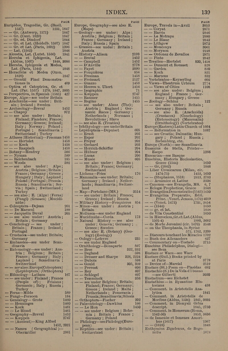 h  Euripides, Trageediz, Gr. (Basil. 37 1231, 1847 — — Gr. (Antwerp, 1571) 1847 *— — Gr. (Cant. 1829) 1847 — — Gr. ed. Dindorf 1844 — — Gr. et Lat. (Heidelb. 1597) 1847 — — Gr. et Lat. (Paris, 1602) 1396 — — Lat. (1562) 1848 — Alcestis, Lat. (Lutet. 1566) 1941 — Hecuba et Iphigenia, Jat. (Aldus, 1507) 1848, 3086 — Hecuba, Iphigenia et Medea, Lat. (Paris, 1544) — Heraclide et Medea (Oxon. 1828) — — Orontii tiones in — Optica et Catoptrica, Gr. et Lat. (Par. 1557) 1270, 1847, 3805 — Perspectiva, in Spanish (1585) 427 Hurope, Algee—see under Britain — Arachnidee—see under: Brit- ain ; Ireland ; Sweden 1848 Finei Demonstra- 409 — Archeology—Breva) 1452 — — Chapuy 972 —-—see also under: Britain; Finland; Flanders; France; Germany; Greece; Ireland; Italy ; Norway; Poland ; Portugal ; Scandinavia ; Switzerland ; Turkey — Atlases (Historical)—Freeman 1458 — — — Hertslet 1458 — — — Koch 1458 — — — Raspisch 1458 — Botany—Henfrey 586 — — Nyman 589 — — Reichenbach 185 — — Woods 592 ——vsee also under: Alps; Austria ; Belgium ; Britain ; France; Germany ; Greece ; Hungary ; Italy; Lapland ; Poland ; Portugal ; Prussia ; Russia ; Scandinavia; Ser- via; Spain; Switzerland ; Turkey — — see also: H. (Alge) (Ferns) (Fungi) (Grasses) (Mucidi- nide) — Coleoptera—Dejean 201 — — De Marseul 199 — — Jacquelin Duval 205 —-—see also under: Austria; Britain ; Germany — Conchology — see under : Britain; France; Ireland; Portugal — Crustacea —see under: Britain; Germany — Embassies—see under §Scan- dinavia — Entomology—see under: Aus- tria; Belgium; Britain ; France; Germany; Italy; Lapland ; Scandinavia ; Switzerland — — seealso: Europe(Coleoptera) (Lepidoptera) (Orthoptera) — Ethnology—Latham 167 —w— see under: Finland ; France (People of); Frisians; Germanic ; Italy ; Russia ; Turkey — Ferns—Milde 589 -— Fungi—Persoon 184 — Genealogy— Grote 1460 — — Henninges 1460 — — Kock 1461 — — Le Blond 1461 — Geography—Breval 1452 — — Keppen 2747 — — (Ancient)—King Alfred 1452, 2021 ——Names ( Geographical te Obermiiller 2061 Europe, Geography—see also E. (Maps) — Geology—-see under: Alps; Austria; Belgium; Britain ; France ; Germany ; Ireland ; Italy; Russia ; Spain — Grasses—see under: Britain ; Austria — History—Alison 2193 — — Breval 1452 — — Campbell 1452 — — D’Anville 2778 — — Fayet 2090 — — Feuquieéres 854 — — Freeman 1458 — — Froissart 2127 — —- Guazzo 1453 — — Heeren u. Ukert 1454 — — Isographie 71 — — Keeppen 2747 — — Raumer 1455 — — Regino 1455 ——see under: Alans (The); Austria; England; Ger- manic Races; Germany ; Netherlands ; Normans ; Revolutions ; Slavs — — see also E. (Treaties) — Ichthyology—see underBritain — Lepidoptera—Depuiset 605 — — Ernst 202 — — Esper 202 — — Freyer 202 — — Gerhard 203 — — Herrich-Schaffer 204 — — Hiibner 204 — — Lucas 206 — — Musée 605 ——see also under: Belgium; Britain; France; Germany; Switzerland — Lichens—Fries — Mammalia—see under: Britain; _ Germany ; Ireland ; Nether- lands ; Scandinavia ; Switzer- land — Map—Portolano (MS8.) — — see under: Britain; France; Greece ; Ireland ; Russia — Military History—Feuquieres 854 — Mines—see under: Austria ; Britain — Mollusca—see under England — Mucidinide—Corda 173 — Natural History —see also under: Geneva; Germany ; ; Greece ; Sweden ——see also E. (Botany) (Geo- logy) (Zoology) — Oology—Lefevre 235 — — see under England 176 3514 — Ornithology—Bonaparte 597 — — Bree BO BR — — Degland 598 — — Dresser and Sharpe 828, 2224 — — Dubois 498 — — Gould 305, 339 — — Prevost 606 — — Rey 607 — — Schlegel 607 — — Temminck 858 — — see under Belgium; Britain; Finland; France; Germany; Greece ; Ireland; Malta; Netherlands ; Pomerania ; Prussia; Scandinavia; Silesia — Orthoptera—Fischer 202 — Paleontology—Dawkins 166 — — Le Hon 1450 — — see under : Belgium ; Bohe- mia ; Britain ; France ; Germany ; Poland _— Philology—seePhilology(Euro- pean ) — Reptiles—see under: Britain ; 8 Dee rlawwd  Europe, Travels in—Avril 3053 — — Coryat 2871 — — Harris 2846 — — La Motraye 2880 — — Le Blane 2842 — — Lithgow 2872 — — Monconys 8061 — — Moryson 2248 — — Ordonez de Zevallos 2871 — — Pinto 2842 — Treaties—Hertslet §30, 1458 — — Dumont et Rousset 828 — — Garden 830 — — Koch 831 — — Martens 832 — Vertebrates—Keyserling 602 — Views—Theatrum Urbium 2774 — — Views of Cities 1108 ——see also under: Belgium; England ; France; Ger- many ; Hungary ; Greece — Zoology—Schinz 122 —— see also under: Germany ; Russia ——see also EH. (Arachnida) (Crustacea) (Conchology) (Entomology) (Mammalia) (Ornithology) (Vertebrates) Europe(Hastern) Latin Church of 1664 — — Reformation in 1687 — — see Croatia; Dalmatia; Hun- gary; Poland; Russia ; Siebenbiirg, ete. Europe (North)—see Scandinavia Eusanius de Stella, Printer— Esopo 1266 Euscarian—see Basque Eusebius, Historia Ecclesiastica, Greece (1544) — — Gr, (1842) — Liber Cronicarum (Milan, cir. 1474-75) 1453, 1650 — — (Stephanus, 1518) 2313, 3783 — — Armenice et Latine 3336 — Canones—see Evangelia, MS. 6, 7 — Kcloge Prophetice, Greece 1848 — EvangelicaDemonstratio (1545) 1650 — Evangelica Preparatio, Edit. Princ. ( Venet. Jenson, 1470) 4019 — — (Venet. 1473) 1701, 3654 Britain ; 1650 1848 — — (1544) 1650 — — gr. et lat. 1848 — de Vita Constantini 1650 — in Hieroclem,Gr.et Lat.(Aldus, 1501-4) 1990, 3682 — de Morte Jeronimi (cir. 1470) 3548 — on the Theophania, in Syriac 572, 1702, 3209 — Discours touchant les Miracles 1702 — Buch des Allexanders 637 — Commentary on—Tostado 2715 Eusebius Philadelphus, Dialogi— see Beza Eustace or Wace—see Wace Eustace (Guil.) Books printed by at Paris 3778 — Device of—Marcial 2519 Eustace (St.) Poem on—Plasidas 692 Eustachio (8.) De la Vida d’1 bueno —see Gilberti 3030 Eustadium—see Hichstet Eustathius—in Byzantine His- torians 458 — Comment. in Aristotelis Ana- lytica 1841 — Comment, in Aristotelis de Moribus (Aldus, 1536) 1841, 3695 — Comment. in Dionysii Orbis descript. 1845, 2750 — Comment. in Homerum (Roma, 1542-50) 1853, 3636 — de Ismenie et Ismenes Amori- bus (1617) — (1618) Euthymius Zigadenus, de Bogo- milis 1367 1848 1678