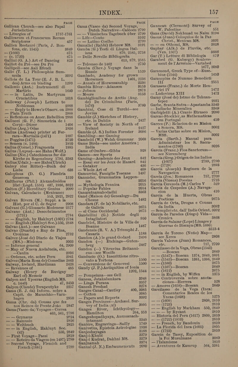  PAGE Gallican Church—see also Papal Jurisdiction ' — Liturgies of 1757-1761 Gallicarum et Francarum Rerum _ Scriptores 457 Gallien Restauré (Paris, J. Bon- fons, cir. 1545) 3849 — (1660) 675 — (c. 1720) 675 Gallini(G. A.) Artof Dancing 823 Galliot du Pré—see Du Pré Gallipoli—see Aali Efendi Gallo (Tf. L.) Philosophie Sum- mula 3 Gallois de La Tour (BH. J. B. L. des) Arms on binding Gallonio (Ant.) Instrumenti di 092 1293 Martirio 1640 ——in Latin, De Martyrum Cruciatibus 1018 Galloway (Joseph) Letters to Nobleman 298 —— Reply to Howe’s Observ. on 2988 — Plain Truth 2988 -- Reflexions on Amer. Rebellion 2988 Gallucci (G. P.) Simmetria de i Corpi—Diirer Gallus (Aeg.) Odae Gallus (Andreas) printer at Fer- 1406 1936 rara—Martialis (1471) 1897 — Poggius (1471) 3720 — Seneca (c. 1484) 1910 Gallus (Cornel.) Fragmenta 1885 Gallus (Lupus)—see Hahn (Wolf.) Gallus (Nic.) Catechismus fur die Kirche zu Regensburg 1792, 3583 Gallus(Udalr,)—see Hahn(Ulrich) Galmy (der Ritter)—Buch der Liebe 638 Galopinus (D. G.) Flandria Generosa Galtherus (Phil.) Alexandreidos libri (Lugd. 1558) 637, 1936, 3822 Galton (F.) Hereditary Genius 2090 Galvan, Calendario (Mexicano) 558, 2921, 2922 Galvan Rivera (M.) Suppl. a la Hist. por el C. de Segur 2908 Galvani (G.) Glossario Modenese 2577 Galvano (Ant.) Descobrimentos (17381) 2784 — — English, by Hakluyt (1601) 2784 — — English (Hakluyt Soc.) 550, 2848 Galvao (Ant.)—see Galvano Galvao (Duarte) e Ruy de Pina, Cronicas 2732 Galvez (José de) Diario de Viajes (MS.)—Misiones 3003 — Informe general 64, 2909 — Map of Nueva Andalucia, etc. —Caulin 2936 — Ordenes, etc. sobre Peru 2941 Galvez (Maria Rosa de) Comedias 2663 Galway, Ireland, Hardiman 2428 — Revenues of 485 Galway (Henry de Ruvigny Earl of) Memoir Galyen and Ypocras (English MS. c. 1440 47, 3450 2257 2367 Galyen (Claude) Terapeutyke Gama (B. J. da) Inform. sobre a Capit. do Maranhao—Varn- hagen Gama (Chr. da) Cousas que fez nos Reinos de Preste Joao 2847 Gama (Vasco da) Voyages— Correa 2950 463, 561, 2798 — — Gryneus 2824 — — Ramusio 2826 — — Weltbuch 2825 —-—jin English, Hakluyt Soc. (42) . 650, 2849 — First Voyage — Paesi 2819 — — Roteiro da Viagem (en 1497) 2799 — Second Voyage, Fleniish and French (1881) 2799     — Life—Couto 3102 — — Latino Coelho 2799 Gamaliel (Rabbi) Hebrew MS. — 3191 Gamba (G.) Testi di Lingua Ital- jana 879, 2585, 3758 — Delle Novelle Bibliogratia 613, 879, 2585 — Tolomeo de 1462 2750 Russie 1539 Gambado, Academy for grown Horsemen 1401, 2236 — Annals of Horsemanship 2236 Gambia River—Adanson 8158 — Jobson 2873 — Moore 8153 Gambiglionibus de Aretio (Ang. de) De Criminibus (Paris, 1476) 3760 Gambini, Cose di Turchi—see Jovius Gamble (J.) Sketches of History, ete. in Dublin — View of Society in North of Treland 2427 Gamble (J. 8.) Indian Forester 3096 Gambling—see Gaming Gambold (W.) Welsh Grammar 2068 Game Birds—see under America ; India Game of Ombre—Gibbs 928 Games—see Sports Gaming—-Academie des Jeux 842 — Hssai sur les Jeux de Hazard 842 — Gataker 436 — Whole Art of 409 Gamurrini, Famiglie Toscane 1497 Ganander, Grammatica Lappon- ica 2016 — Mythologia Fennica 2015 — Popular Fables 2014 Ganaratnamahodadhi 3363 Gand (Maison de) Genealogy—Du Chesne Gandara (F. de la) Nobiliario, etc. de Galicia 1482 2675 — el Cisne Occidental 2675 Gandellini (G.) Notizie degli Intagliatori 950 Gandelot, Histoire de la Ville de Beaune 1487 Gandensis (R. V. A.) Triumphi J. Ceesaris 1188 Gandon (A.) le grand Godard 2496 Gandon (—) Etchings—Guten- berg 2467 Gandon (—) Vitruvius Britanni- cus—see Woolte Ganducio (O.) Inscrittione ritro- vato a Tortona 1500 — Conversione de’ Genovesi 1500 Gandy (J. P.) Antiquities of Ionia 1202, 1544 — Pompeiana—see Gell Ganesa, Jatakalamkara 3348 — Linga Purana 3357 Ganesh Preshad 3278 Ganges Canal—Cautley 400, 3085 — Cotton _ 8085 — Papers and Reports 3092 Ganges Provinces—Archeol. Sur- vey of India (xi) 3095 Ganges River, Ichthyology— Hamilton 264, 353 Gangeshopadhyaya, Anuwinanach- intamani 3340 Ganiére, Engravings—Sailly —-1749 Ganivetus, Epistola Astrologiae 1936 Ganjeshayagan 3188 Ganj-i-Khubi 3379 Ganj-i Kudrat, Dakhni MS. 8379 Ganjnamah 3374 Gannal (J. N.) Embaumements 2090   PAGH Ganneau (Clermont) Survey of W. Palestine 551 Gans (David) Nekhmad ve Naim 3196 Gaona (Juan) Coloquios de la Paz Christ., Mexican MS. 3031] — en Othomi, MS. 3028 Gaphar (Alk.) de Pluviis, etc. (Ven. 1507) 3666 Gar (T.) Letture di Bibliologia 879 Garabed (G. Kabargy) Souleve- ment de l’Arniénie—Vartabed 1677, 3080 Garamond, Greek Type of—Euse- bius (1544) Garampius de Nummo Benedicti 1650 Ill Garassus (Franc.) de Morte Hen- rici LV 1 — Ludovicus XIII 1472 Garay (José de) Istmo de Tehuan- tepec 2931 Garbe, Srauta Sutra—Apastamba 3340 —- Indische Mineralien 3369 Garbigletti (A.) Cranio Etrusco 2090 Garcao-Stockler, as Mathematicas em Portugal 410 Garces (P.) Relacion de su Mision a Sonora, M8. 3002 — Varias Cartas sobre su Mision, MSS. Garcia (Barth.) Manual para Administrar los 8S. Sacra- mentos (1760) 3026 Garcia (Franc.) Flos Sanctorum— see Nieremberg Garcia (Greg.) Origen de los Indios 5 2789, 2790 2893 Navegacion 2777 Garcia (Jos.) Romances 757, 2709 Garcia (Vicens) Poesias 2725 Garcia Cerezeda (M.) Carlos V 529 Garcia de Cespedes (A.) Navega- i 410 cion Garcia de la MHuerta, Obras Poeticas 2675 Garcia de Orta, Drogas e Cousas da India 3092 — Semplicietce. dall’ Indie Orient, 3092 Garcia de Paredes (Diego) Vida— Cronica 8868 Garcia de Salazar (Lope) Linages y Guerras de Biscaya (MB. 1680) 3513-4 Garcia de Toreno (Nuiio) Map— see Xeres 2808 Garcia Valeros (Juan) Romances, ete. 57, 2709 Garcilasso de la Vega, Obras (1543) —Boscan 2649 — — (1547)—Boscan 1374, 2649, 3891 — — (1543)—Boscan 1881, 1386, 2649 — — (1580) 2675 — — (1597)—Boscan 2649 — — (1612) 2675 — — in English, by Wiffen 1375 —— Controversia sobre anota- ciones—Herrera 528 — Amores (1658)—Boscan 2649 Garcilasso de la Vega (Inca) Comentarios Reales de los Yneas (1608) 1275 — — (1609) 2809, 2810 — — (1723) 2810 — — English by Markham 550, 2849 — — — by Rycaut 2810 — Historia del Peru (1617) 2809, 2810 —- — (1722) (1810) 2810 — — French, by Baudouin 2810 —- La Florida del Inca (1605) 2805 — —- (1723) 2816 Garcin de Tassy, Exposition de la Foi Musulmane 38060 — l’Islamisme 1810 — Aventures de Kamrup 564, 3381