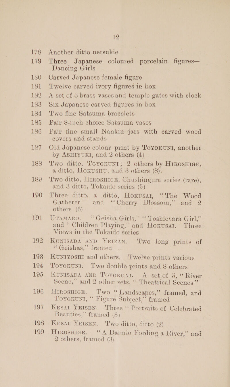 178 179 180 181 182 183 184 185 186 187 188 189 190 ia 196 oy 198 199 12 Another ditto netsukie Three Japanese coloured porcelain figures— Dancing Girls Carved Japanese female figure Twelve carved ivory figures in box A set of 3 brass vases and temple gates with clock Six Japanese carved figures in box Two fine Satsuma bracelets Pair 8-inch choice Satsuma vases Pair fine small Nankin jars with carved wood covers and stunds Old Japanese coiour print by ToYOKUNI, another by ASHIYUKI, and 2 others (4) Two ditto, Toroxun1; 2 others by HrRosHicE, a ditto, HoKuUSHU, a.id 3 others (8). Two ditto, HtrosHicr, Chushingura series (rare), and 3 ditto, Tokaido series (5) Three ditto, a ditto, Hoxusat, “The Wood Gatherer’ and “Cherry Blossom, — aud 2 others (6) UTAMARO. “ Geisha, Girls,’ ‘‘ Toshievara Girl,”’ and “‘ Children Playing,’ and Hoxvusal. Three Views in the Tokaido series KUNISADA AND YEIZAN. Two long prints of ‘‘ Geishas,”’ framed KUNIYOSHI and others. Twelve prints various T'oyoKuNI. ‘'T'wo double prints and 8 others KUNISADA AND Toyoxuni. A set of 3, “River Scene, and 2 other sets, ‘“‘ Theatrical Scenes ”’ HrposHicE. ‘T'wo ‘ ‘ Landscapes,’ ’ framed, and Toyoxkunl, ‘“‘ Figure Subject,” framed KeEsAl YEISEN. Three ‘‘ Portraits of Celebrated Beauties,” framed (3) KESAI YEISEN. ‘'T'wo ditto, ditto (2) HirosHick. “A Daimio Vording a River,” and 2 others, framed (3;