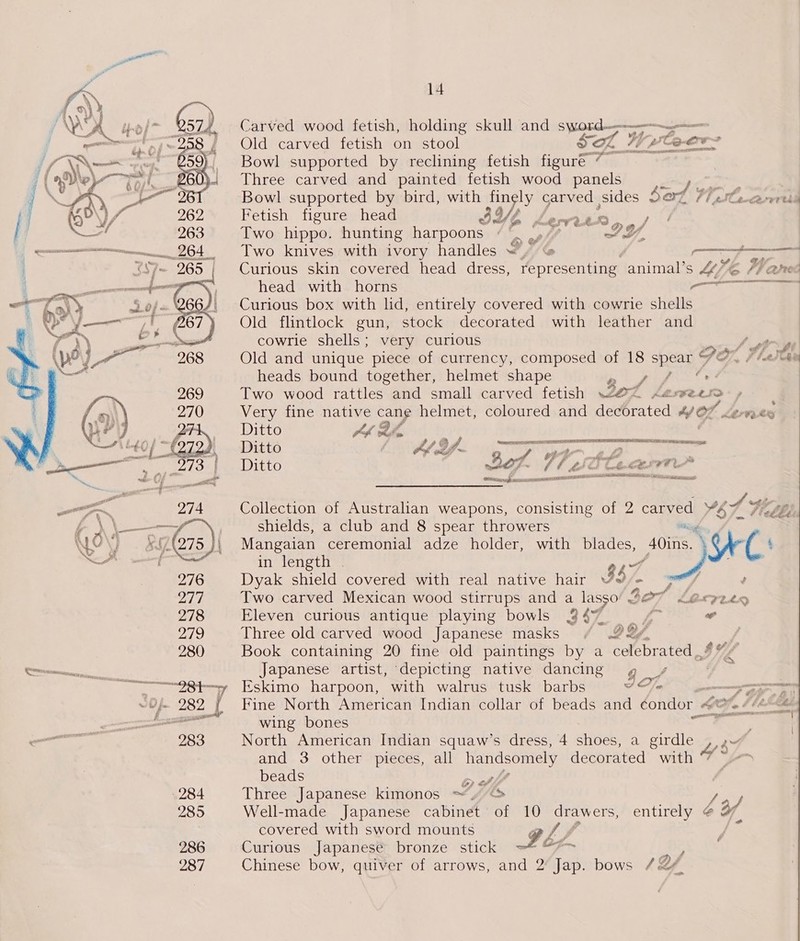  cess 7 “983 285 286 287 14 Carved wood fetish, holding skull amd sWOtd mmo Old carved fetish on stool So fe fee. Bowl supported by reclining fetish figure 7 Three carved and painted fetish wood panels Bowl supported by bird, with oe carved sides Seat Val april  Fetish figure head IY, Lerritn,./ Two hippo. hunting harpoons ! es s ts thapeee DY, Two knives with ivory handles “, @ — ST oe Curious skin covered head dress, representing animal’s Z*6 Han head with horns ES Curious box with lid, entirely covered with cowrie shells Old flintlock gun, stock decorated with leather and cowrie shells; very curious / sf Old and unique piece of currency, composed of 18 spear PO”, Flak heads bound together, helmet shape Pe er Sh Two wood rattles and small carved fetish «Ze Very fine native cane helmet, coloured and detbrated tf OF   SFE <r am # Ditto LK wto é . i ra 4 gh j ee ee dt eee Ditto UY ST ot AP Ditto wy / Fo ria 284 ye 3 +  etx: ae ee LA Hus Collection of Australian weapons, consisting of 2 carved 4 shields, a club and 8 spear throwers Mangaian ceremonial adze holder, with blades, Pais yore in length . eo Dyak shield covered with real native hair 39 Two carved Mexican wood stirrups and a lasso 427 4 LGLTE Eleven curious antique playing bowls 947, Pe oe Three old carved wood Japanese masks § 22” | Book containing 20 fine old paintings by a celebrated” ZL Japanese artist, depicting native dancing g _/ ; Eskimo harpoon, with walrus tusk barbs le ary ee Fine North Américan Indian collar of beads and dondor + ae ~ f bL Se wing bones mae Tg North American Indian squaw’s dress, 4 shoes, a girdle and 3 other pieces, all handsomely decorated with beads ht Three Japanese kimonos Pi i> vey. Well-made Japanese cabinet of 10 a entirely @ 2/ covered with sword mounts GL, Aa Curious Japanese bronze stick F Chinese bow, quiver of arrows, and 2 an bows / Qe ~~ , Net os wd ae é