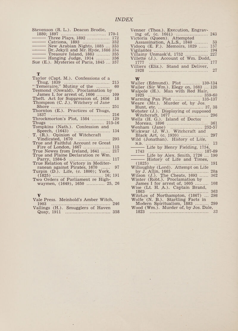 Stevenson (R. L.). Deacon Brodie,  PGSOS LOOM ak Westaitsnieouleh darters e 170-1 Phree Plays, 1602. cccscaheaeades 2 Catriona W893) 5 5i-decccv saan cee 352 —— New Arabian Nights, 1885 ... 353 —— — Dr. Jekyll and Mr. Hyde, 1886 354 Treasure Island, 1883 ......... 355 Hanging Judge, 1914 ......... 356 Sue (E.). Mysteries of Paris, 1845 ... 357   T Taylor (Capt. M.). Confessions of a BES US BO8 - votance tin oiticuedaet eeaatenaes 219 “Temeraire,’ Mutiny of the ......... 60 Tesmond (Oswald). Proclamation by James I, for arrest of, 1606 ......... 109 Theft. Act for Suppression of, 1656 18 Thompson (C. J.). Witchery of Jane ORG ors lone else onan a teen eames 251 Thornton (%.).. Practices of Thugs, BD Mabe ee ca rar Sectors Wank 216 Throckmorton’s Plot, 1584 ©.....c0&lt;. 129 Ths REX ae ee Reo aie eee Reeser Or) 215-16 Tompkins (Nath.). Confession and BpCeCis ChG4O)! iawcdaens Vaowedudem metas 134 T. (R.). Opinion of Witchcraft : WANGICATCE.« TOTO... va sccesdoncs chau dsar 295 True and Faithful Account re Great Fire, of London, 1667 «22. c0cssavncs fees 115 True Newes from Ireland, 1641 ...... 24% True and Plaine Declaration re Wm. Parry, LSP Oo cca ches Manseg en oe ea 117 True Relation of Victory in Mediter- ranean against Pirates, 1670 ...... 97 Turpin (D.). Life, (c. 1800); York, MES iia, Celie cs creak nen Mian rci eames ae 16; 191 Two Orders of Parliament re High- waymen, (1649), 1650 ............ 25,26 V Vale Press. Meinhold’s Amber Witch, OE Sg och Ne Fede ace ie arceaal Neteiclt Sais coisas 246 Vallings (H.). Smugglers of Haven Venner (Thos.). Execution, Engrav- 1HeOt, (Ce. OO gh oncacenctieast nance 243 Victoria (Queen). Attempted Assassination, A.L.S., 1840 ......... D3 Vidocq (E. F.). -Memoirs,.1329- ....... 157 Wiel aites - sadn ness cpnusea nukes seeentenneeee 194 Villainy Ummask' a). 1752. c.. sass. scesen aad Villette (J.). Account of Wm. Dodd, KA eer ee eee tone Saat KT, Yo 9, eee wei Villiers (EFliz.). Stand and Deliver, 1928 Cee eer eee eee tt teers erecr eee Ose eer eeeene W Waller (idmungd) ~ Plot. .....44.6.. 130-134 Waller (Sir Wm.). Elegy on, 1683 ... 128 Walpole (H.). Man with Red Hair,  AS PAS Rage aa Maen ON Aim Nei oak 5 AR A Pe 359-60 Warming Pan Plot ....... OP hire 135-137 Weare (Mr.). Murder of, by Jos. |e ALC ak ly Cae ee nn ere aN SATE. Ae 37&gt; 368 Webster (J.). Disploying of supposed WItChEraE. LOTT 4. c. aeceer ec mmaed 296 Wells (H. G.). Island of Doctor NOreau, “VO9G ote en eee tae 361 Wenhati (Jane): senic.38 vtani eee 252-57 Wickwar (J. W.). Witchcraft and Black Art, (ce. 1930). 4. 297 Wild (Jonathan). History of Life, ADE L coe tnes seen eae ee loos nae Tem ebae 13 Life by Henry Fielding, 1754, ) CS Sale ne aCe OC oP RN Crea -89  Life by Alex. Smith, 1726... 190 History of Life and Times,  CLO Za Nis. | icp srodadaaen anaes canis means 191 Willoughby (Lord). Attempt on Life SSD ee, OOS ak cece arene 28a Wilson (J.). The Cheats, 1693 ...... 362 Winter (Robt.). Proclamation by James I for arrest. of, 1605 ........; 108 Wise (Lt. H. A.). Cavtain Brand, Oe Sas see bed wes Se peer meee eae 363 Witches of Northampton, (1867) ... 298 Wolfe (N. B.). Startling Facts in Modern Spiritualism, 1883 ......... 299 Wood (Wm.). Murder of, by Jos. Dale,