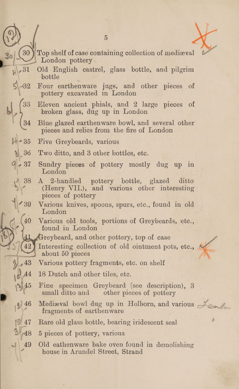  Si London pottery - \-31 Old English castrel, glass bottle, and pilgrim ‘| bottle ‘ 4\-32 Four earthenware jugs, and other pieces of | pottery excavated in London % | (0) shelf of case containing collection of medieval am J 33 Hleven ancient phials, and 2 large pieces of Y, ~ broken glass, dug up in London 34 Blue glazed earthenware bowl, and several other pieces and relics from the fire of London lee 35 Five Greybeards, various Two ditto, and 3 other bottles, etc. Sundry pieces of pottery mostly dug up in London A 2-handled pottery bottle, glazed ditto (Henry VII.), and various other interesting pieces of pottery Various knives, spoons, spurs, etc., found in old London Various old tools, portions of Greybeards, etc., found in London (Zreybeard, and other pottery, top of case about 50 pieces Various pottery fragments, etc. on shelf 18 Dutch and other tiles, etc. Fine specimen Greybeard (see description), 3 small ditto and other pieces of pottery  fragments of earthenware ‘2 47 Rare old glass bottle, bearing iridescent seal ~ 49 Old eathenware bake oven found in demolishing | house in Arundel Street, Strand 