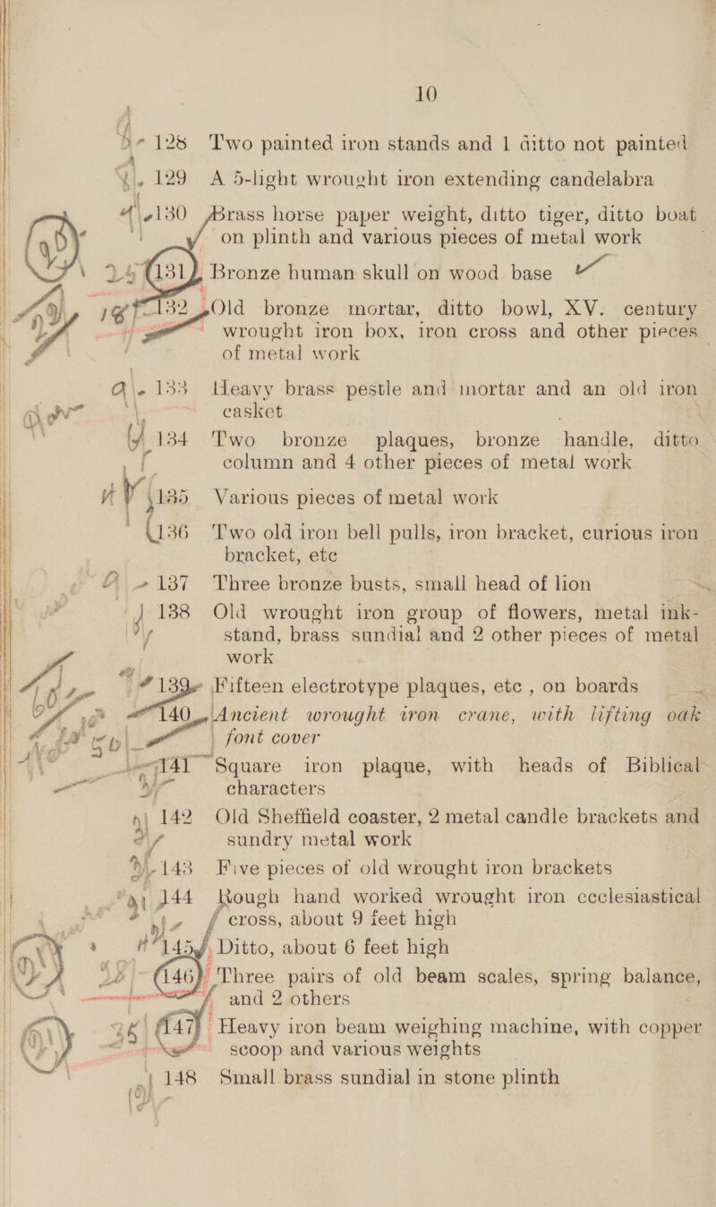 D128 Two painted iron stands and 1 ditto not painted \, 129 A 5-hght wrought iron extending candelabra 4\,130 Brass horse paper weight, ditto tiger, ditto boat nq ' on plinth and various pieces of metal work   , Bronze human skull on wood base ae &lt;= 16) “132 Old bronze mortar, ditto bowl, XV. century lot wrought iron box, iron cross and other pieces — of metal work  q\. 1353 Weavy brass pestle and mortar and an old iron { we aN: ~ casket Y 134. Two bronze plaques, bronze handle, ditto column and 4 other pieces of metal work vt Yu Various pieces of metal work ‘a 36 'T'wo old iron bell pulls, iron bracket, curious iron bracket, ete a +137 Three bronze busts, small head of lion “Sa J} 188 Old wrought iron group of flowers, metal ink- y V stand, brass sundial and 2 other pieces of metal ! work   | ar | Fifteen electrotype plaques, ete , on boards — , ad 140... Ancient wrought tron crane, with lifting oak ih Sol we) font cover ; a a “Square iron plaque, with heads of Biblical: eee characters | 142 Old Sheffield coaster, 2 metal candle brackets and y Wd sundry metal work -143 Five pieces of old wrought iron brackets ni 44 Rough hand worked wrought iron ccclesiastical / cross, about 9 feet high 5 Ditto, about 6 feet high ) Three pairs of old beam scales, spring halal L ‘f£ and 2 others 36) mo “Heavy i iron beam weighing machine, with copper i ~ scoop and various weights | 148 Small brass sundial in stone plinth (ON | @ 