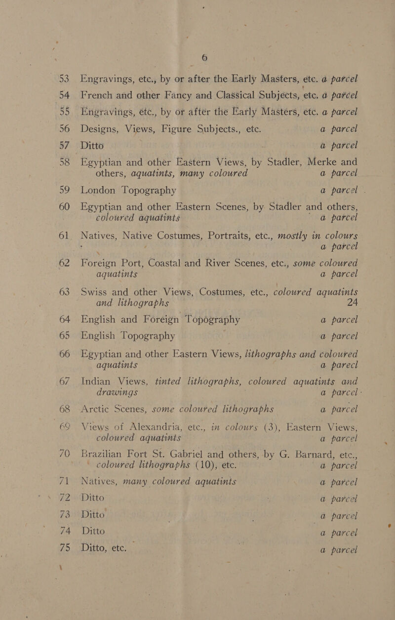 Py Engravings, etc., by or after the Early Masters, etc. a parcel French and other Fancy and Classical Subjects, etc. a parcel Engravings, étc., by or after the Early Masters, etc. a parcel Designs, Views, Figure Subjects., etc. a parcel Ditto | | | _@ parcel Egyptian and other Eastern Views, by Stadler, Merke and others, aguatints, many coloured a parcel. London Topography a parcel . Egyptian and other Eastern Scenes, by Stadler and others, coloured aquatints | @ parcel aye: Native Costumes, Portraits, etc., mostly in colours a parcel topaten Port, Coastal and River Scenes, etc., some coloured aquatints a parcel Swiss and other Views, Costumes, etc., coloured aquatints and. lithographs English and Foreign Topography a parcel English Topography a parcel Egyptian and other Eastern Views, lithographs and coloured aquatints a parecl Indian Views, tinted lithographs, coloured aquatints and drawings a parcel - Arctic Scenes, some coloured lithographs a parcel Views of Alexandria, etc., in colours (3), Eastern Views, coloured aquatints a parcel Brazilian Fort St. Gabriel and others, by G. Barnard, ete., ~ coloured lithographs (10), etc. -  @&amp; parcel Natives, many coloured aquatinis a parcel Ditto a parcel Ditto . a parcel Ditto a parcel