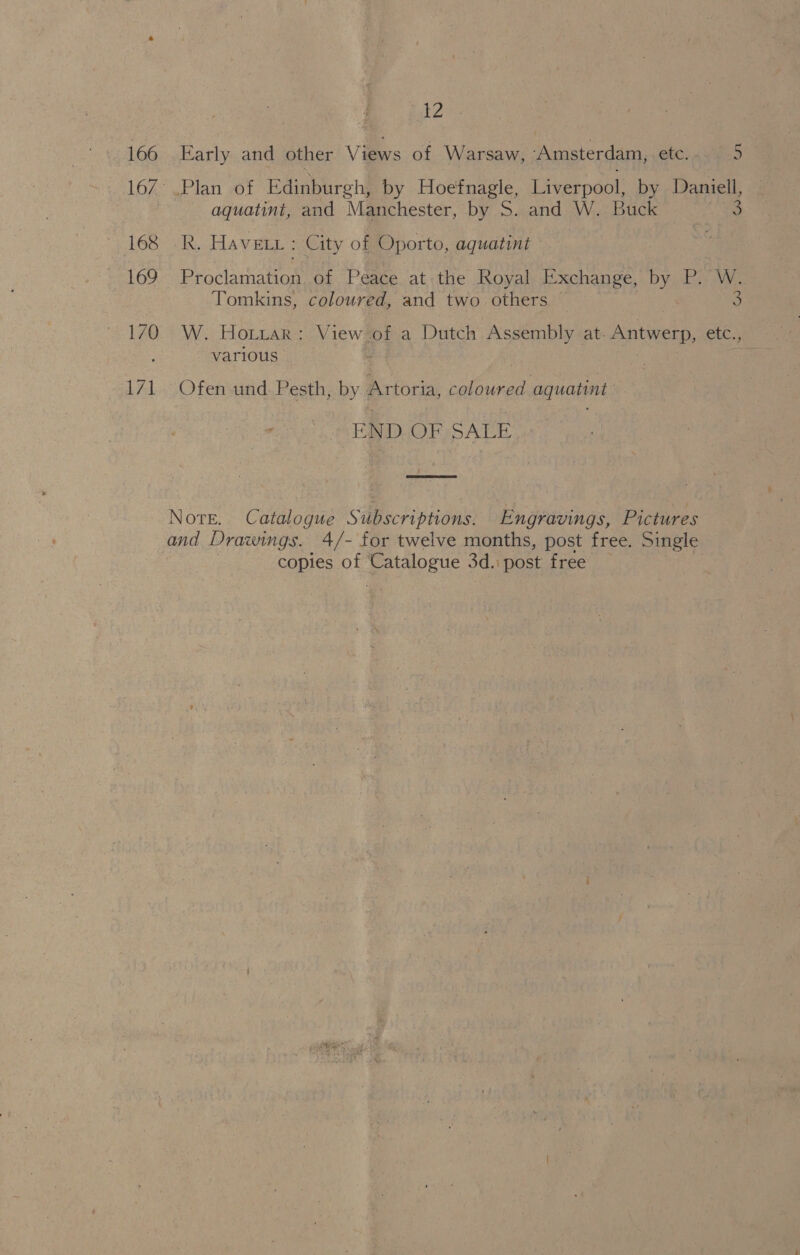 1Zo Early and other Views of Warsaw, Amsterdam, etc. 5 aquatint, and Manchester, by S. and W. Buck a R. HAVELL : City of Oporto, aquatint Proclamation of Peace at the Royal Exchange, by P. m Tomkins, coloured, and two others W. Hotiar: View of a Dutch Assembly at. Antwerp, etc., various ~ Ofen und Pesth, by Artoria, coloured aquatint FADOF SALE Note. Catalogue Subscriptions. Engravings, Pictures and Drawings. 4/- for twelve months, post free. Single copies of ee Cee 3d. post free