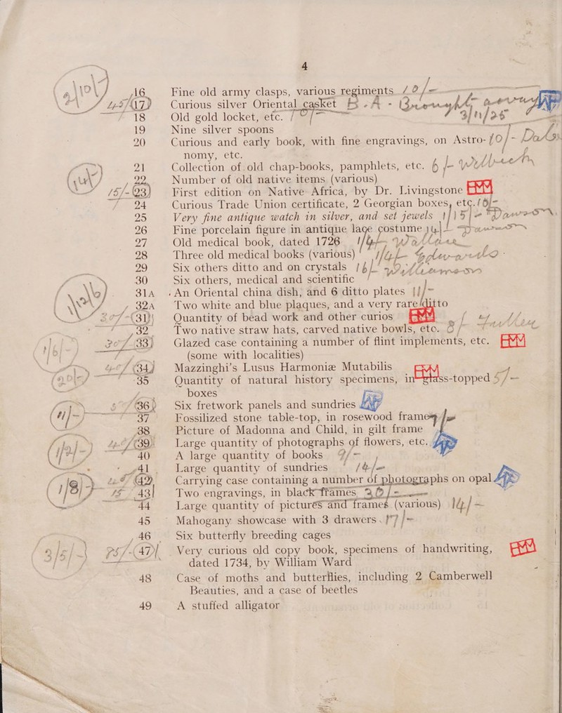 \ 4 } i y) _/36. Fine old army clasps, various regiments / 0 | : a! ? 43/ND LEV 4 4IALLT) Curious silver Oriental Ket | b . A - LS ne ote 4, Ant AA We &lt;a. 18 Old gold locket, etc. / oT 7 afnfoe aes 19 Nine silver spoons ye | 20 Curious and early book, with fine engravings, on Astro- to/- Do a nomy, etc. }| A, Fee 21 Collection of old chap-books, pamphlets, etc. b j- Wh Le 7 Cale Number of old native items (various) ae /5/- Q3) First edition on Native Africa, by Dr. Livingstone EX 24 Curious Trade Union certificate, 2 Georgian boxes, et¢. /6j/- 20 Very fine antique watch in silver, and set jewels if bi Dawe: 26 Fine porcelain figure in antique Tee Sp betillg | | 4 — ya — C a Old medical book, dated 1726 / YW y HAR 28 Three old medical books (various) ify Et G ples oe : to 4 29 Six others ditto and on crystals /4/ Witlrewes es 30 Six others, medical and scientific | a ; ; »\2/ - $14 .An Oriental china dish, and 6 ditto Rion igo \’ 4 + 324 Two white and blue plaques, and a very rare Lito   WS 377-3} Quantity of bead work and other curios au . ee as —~ as p32, Two native straw hats, carved native bowls, eto. C/ 7 a ietacrgeet tele) ~%7Z-33 } Glazed case containing a number of flint implements, ete, AMM, he Ag pe (some with localities) ft ee -0/ 34) Mazzinghi’s Lusus Harmonie Mutabilis a (Oe (* «35 Quantity of natural history Poe inthis topped 4 /— cam Pt: boxes &gt; /- 1. 6°86 Six fretwork panels and sundries (u/ 1 ORES Fossilized stone table-top, in rosewood 7 - peta 88 Picture of Madonna and Child, in gilt frame f f EY 4e-f (39 ~~ Large quantity of photographs of flowers, etc. Ue. Uf oS vee aie: :t, A large quantity of books I ows eee ‘ 41. Large quantity of sundries © (ele {a }&gt; a8 G2 Carrying case containing a number df { photographs on opal AD ‘ es 2 “te, 43! Two engravings, in black-ffames. “3B —— +4 Large quantity of picturéS-and “frames (various) ld {+ 45 ~~ Mahogany showcase with 3 drawers. Hy } . ~ ,46 Six butterfly breeding cages | 24k] a YS / x 47)| Very curious old copy book, specimens of handwriting, Suu : a OS, Tine oh Ree dated 1734, by William Ward ) | 48 Case of moths and butterflies, including 2 Camberwell | Beauties, and a case of beetles a | | 49 A stuffed alligator  