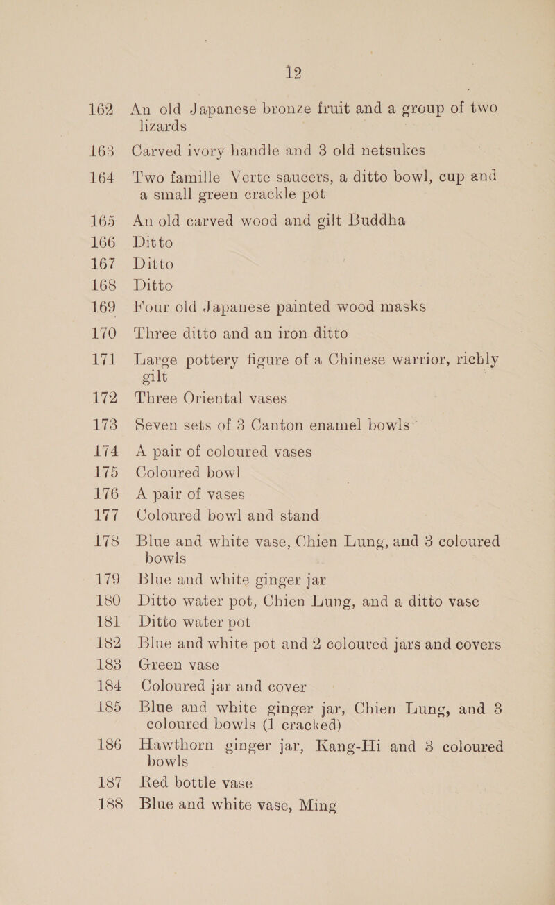 An old Japanese bronze fruit and a group of two lizards | | ! Carved ivory handle and 3 old netsukes T'wo famille Verte saucers, a ditto bowl, cup and a small green crackle pot An old carved wood and gilt Buddha Ditto Ditto Ditto Four old Japanese painted wood masks Three ditto and an iron ditto Large pottery figure of a Chinese warrior, richly oilt | Three Oriental vases Seven sets of 8 Canton enamel bowls” A pair of coloured vases Coloured bow] A pair of vases Coloured bowl and stand Blue and white vase, Chien Lung, and 3 coloured bowls Blue and white ginger jar Ditto water pot, Chien Lung, and a ditto vase Ditto water pot Blue and white pot and 2 coloured jars and covers Green vase Coloured jar and cover Blue and white ginger jar, Chien Lung, and 8 coloured bowls (1 cracked) Hawthorn ginger jar, Kang-Hi and 3 coloured bowls Red bottle vase Blue and white vase, Ming
