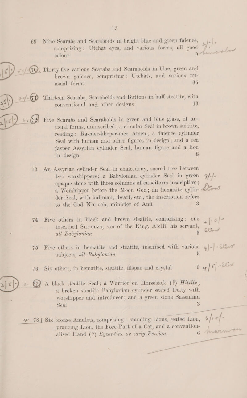 PS   74.  comprising: Utchat eyes, and various forms, all good brown gaience, comprising: Utchats, and various un- usual forms 35 Thirteen Scarabs, Scaraboids and Buttons in buff steatite, with conventional and other designs 13 Five Scarabs and Scaraboids in green and blue glass, of un- usual forms, wninscribed ; a circular Seal in brown steatite, reading : Ra-mer-kheper-mer Amen; a faience cylinder Sea] with human and other figures in design; and a red jasper Assyrian cylinder Seal, human figure and a hon in design 8 An Assyrian cylinder Seal in chalcedony, sacred tree between two worshippers; a Babylonian cylinder Seal in green opaque stone with three columns of cuneiform inscription ; a Worshipper before the Moon God; an hematite cylin- der Seal, with bullman, dwarf, etc., the inscription refers to the God Nin-oah, minister of Ant 3 Five others in black and brown steatite, comprising: one inscribed Sur-enzu, son of the King, Abilli, his servant, all Babylonian 5 Five others in hematite and steatite, inscribed with various subjects, all Babylonian 5 Six others, in hematite, steatite, filspar and crystal 6 A black steatite Seal; a Warrior on Horseback (?) Hvttite ; a broken steatite Babylonian cylinder seated Deity with worshipper and introducer; and a green stone Sassanian Seal 3 — prancing Lion, the Fore-Part of a Cat, and a convention- alised Hand (?) Byzantine or early Persian 6 j jo7q-