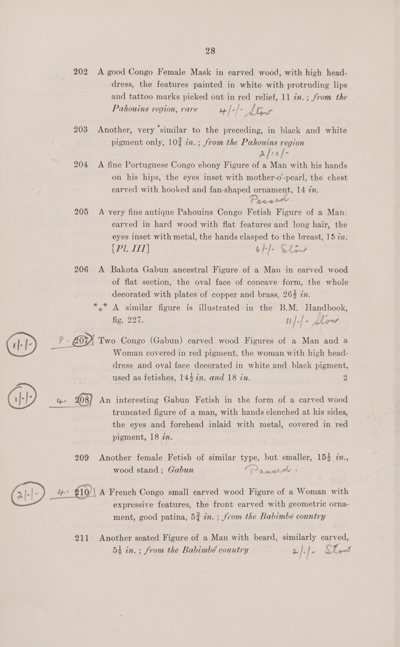202 A good Congo Female Mask in carved wood, with high head- dress, the features painted in white with protruding lips and tattoo marks picked out in red relief, 11 7m. ; from the Pahouins region, rare bp | - I. Lie r Ne 203 Another, very ‘similar to the preceding, in black and white pigment only, 10% 7n.; from the Pahouins region afref- 204 A fine Portuguese Congo ebony Figure of a Man with his hands on his hips, the eyes inset with mother-o’-pearl, the chest carved with hooked and fan-shaped ornament, 14 zn. Pare Lo 205 A very fine antique Pahouins Congo Fetish Figure of a Man. carved in hard wood with flat features and long hair, the eyes inset with metal, the hands clasped to the breast, 15 77. Peer b}-}&gt; Ct [ 206 A Bakota Gabun ancestral Figure of a Man in carved wood of flat section, the oval face of concave form, the whole decorated with plates of copper and brass, 264 zn. *,* A similar figure is illustrated-in the B.M. Handbook, fig, 227. I ./- show 7: GO Two Congo (Gabun) carved wood Figures of a Man and a Woman covered in red pigment, the woman with high head- dress and oval face decorated in white and black pigment, used as fetishes, 1447n. and 18 in. 2 An interesting Gabun Fetish in the form of a carved wood truncated figure of a man, with hands clenched at his sides, the eyes and forehead inlaid with metal, covered in red pigment, 18 zn. 209 Another female Fetish of similar type, but smaller, 154 zn., wood stand; Gabun Wane &gt; a 10/ | A French Congo small carved wood Figure of a Woman with expressive features, the front carved with geometric orna- ment, good patina, 5# 7n. ; from the Babimbé country 911 Another seated Figure of a Man with beard, similarly carved, 54 in. ; from the Babimbé country a././- 6