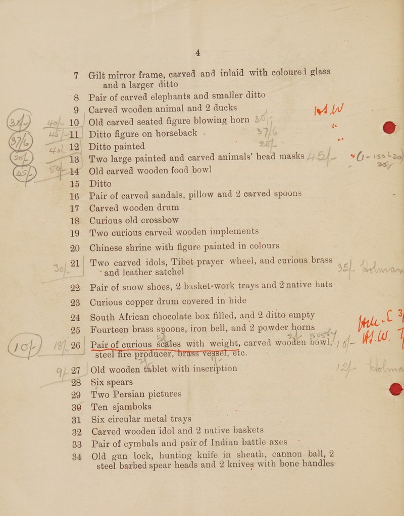  15 16 17 18 19 20 23 24 27 28 29 30 31 32 33 34 4 Gilt mirror frame, carved and inlaid with coloured glass and a larger ditto Pair of carved elephants and smaller ditto Carved wooden animal and 2 ducks | W Old carved seated figure blowing horn 3’ | Ditto figure on horseback - eo  Ditto painted | 2h | Two large painted and carved animals’ aed masks p5f. «()-1s6 Lao} Old carved wooden food bow! 7 oy Ditto Pair of carved sandals, pillow and 2 ere spoons : Carved wooden drum Curious old crossbow Two curious carved wooden aptortonte Chinese shrine with figure painted in colours Two carved idols, Tibet prayer wheel, and curious brass | ~and leather satchel Dt. lower Pair of snow shoes, 2 bisket-work trays and 2native hats Curious copper drum covered in hide South African chocolate box filled, and 2 2, ditto empty £ 4 Fourteen brass spoons, iron bell, and 2 powder pares 3 hg ) Pair of curious scales with weight, carved Be ae Baw ar sa KH. W. “steel fire producer, brass -veysel, etc. Old wooden tablet with inscription ) Of 1. S1x spears , Two Persian pictures | © Ten sjamboks | Six circular metal trays Carved wooden idol and 2 native baskets Pair of cymbals and pair of Indian battle axes Old gun lock, hunting knife in sheath, cannon ball, 2