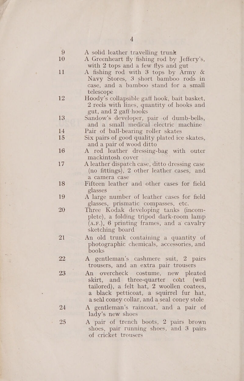 10 11 12 13 14 15 16 17 18 19 20 | 22 23 29 4 A solid leather travelling trunk A Greenheart fly fishing rod by Jeffery’s, with 2 tops and a few flys and gut A fishing rod with 3 tops by Army &amp; Navy Stores, 3 short bamboo rods in Gases and ambaiiboosstancds 101 awsiiall telescope Hoody’s collapsible gaff hook, bait basket, 2 reels with lines, quantity of hooks and gut, and 2 gaff-hooks Sandow’s developer, pair of dumb-bells, and a small medical electric machine Pair of ball-bearing roller skates Six pairs of good quality plated ice skates, and a pair of wood ditto A red leather dressing-bag with outer mackintosh cover — A leather dispatch case, ditto dressing case (no fittings), 2 other leather cases, and a camera case Fifteen leather and other cases for field glasses A large number of leather cases for field glasses, prismatic compasses, etc. Three Kodak developing tanks (incom- plete), a folding tripod dark-room lamp (A.F.), 6 printing frames, and a cavalry sketching board An old trunk containing a quantity of photographic chemicals, accessories, and books A gentleman’s cashmere suit, 2 pairs trousers, and an extra pair trousers An overcheck costume, new pleated skirt, and three-quarter coat (well tailored), a felt hat, 2 woollen coatees, a black petticoat, a squirrel fur hat, a seal coney collar, and a seal coney stole A gentleman’s raincoat, and a pair of lady’s new shoes A pair of trench boots, 2 pairs brown shoes, pair running shoes, and 3 pairs of cricket trousers