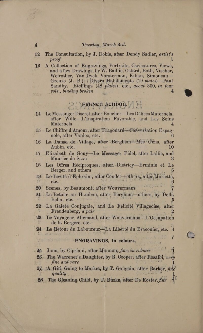 12 13 Tuesday, March 3rd. The Consultation, by J. Dobie, after Dendy Sadler, artist's proof L A Collection of Engravings, Portraits, Caricatures, Views, and afew Drawings, by W. Baillie, Ostard, Both, Vischer, Weirother, Van Dyck, Vorsterman, Kilian, Simoneau— Greuze (J. B.); ¢ Divers Habilements (19 plates)—Paul Sandby. Etchings (48 plates), etc., about 800, in four _ vols., binding broken 4 2! FRENCH SCHOOL. |/) &gt; Le eis Discs after pahee= tee Délices Maternels, after Wille—L’ Inspiration Favorable, and Les Soins Maternels 4 Le Chiffre d’Amour, after Fragoriard——Coaversation Espag- nole, after Vanloo, etc. 6 La Danse. de: Village, after Berghem——-Mes* Gens, after  Aubin, etc. 10 Elizabeth de Gouy—lLe ee Fidel, after Lallie, and Maurice de Saxe 3 Les Offres Réciproques, after.,Dietricy—Erminie et Le Berger, and others 6 etc. : Scenes, by Beaumont, after Wouvermans | a ¥ Bella, ete. °° 5 Freudenberg, a pair 2 de la Bergere, etc. He Fete du Laboureur—La Liberté du Braconier, ete. a iN -ENGRAVINGS, ‘in éolotiés, a Juno, by Cipriani, after Mannon, fine, in colours ©’ ‘1 Jine and rare quality - l Gh