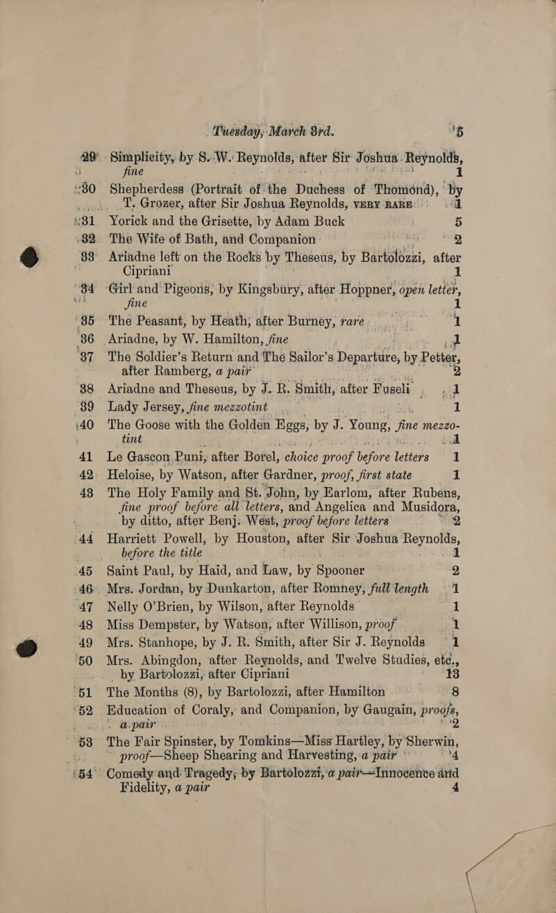 \- ve by S..W.: Bgl. after Sir J oshua ‘Reynolds, ne | 1 Shepherdess (Portrait of the Duchess of Thomond), i \, .T. Grozer, after Sir Joshua Reynolds, very Rare: 4 Yorick and the Grisette, by Adam Buck — NP) : » The Wife of Bath, and Companion: — comme SD _ Ariadne left on the Rocks by Theseus, by Bartolozzi, after Cipriani if oe and Pigeons, by Kingsbury, after ‘Hoppner, open letter, ne 1 ; The Peasant, by Heath, after Burney, rare. ene et Ariadne, by W. Hamilton, jine aay ral The Soldier’s Return and The Sailor’s Departure by Petter, after Ramberg, a pair ‘2 _ Ariadne and Theseus, by J. R. ‘Smith, after Buseli A ah Lady Jersey, fine mezzotint tp The Goose with the Golden Eggs, by i ‘Young, fine mezZ20- tint : ual Le Gascon, Puni, after Borel, Cihcics pr oo before letters 1 Heloise, by Watson, after Gardner, proof, jirst state — 1 The Holy Family and St. John, by Earlom, after Rubens, fine proof before all letters, and Angelica and Musidgs, by ditto, after Benj: West, proof before letters ee Harriett Powell, by Houston, after Sir Joshua Beynolds, _ before the title 1 Saint Paul, by Haid, and Ba. ies ere 2 . Mrs. Jordan, by Dunkarton, after Romney, full length «1 Nelly O’Brien, by Wilson, after Reynolds | cm! Miss Dempster, by Watson, after Willison, proof a Mrs. Stanhope, by J. R. Smith, after Sir J. Reynolds 1 Mrs. Abingdon, after Reynolds, and Twelve Studies, etc., by Bartolozzi, after Cipriani 13 The Months (8), by Bartolozzi, after Hamilton 8 Education of Coraly,: oe) BEEBE by SauEe pr 00fes - a paw ~s The Fair Spinster, by Morithing--Mias Hartley, by Sherwin, proof—Sheep Shearing and Harvesting,:a pair ' ‘4 ~~ Comedy and: Tragedy; by Bartolozzi, a pait—Innocentve ard