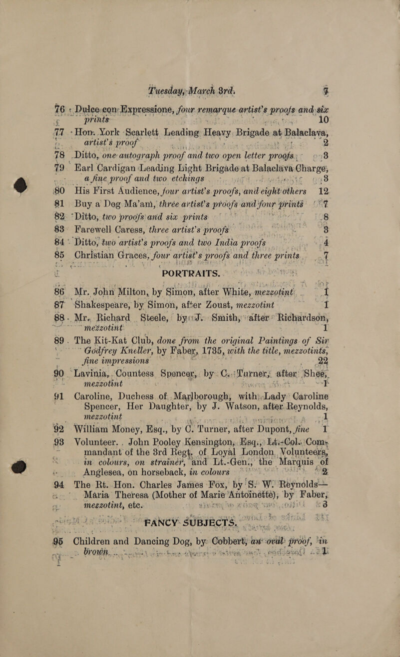 fT hy ne | 76 : Dulee-conExpressione, four remar que: antist’s pr pafe and: six - prints 10 aid ‘Hon. York Scarlett Leading Heary Brigndo a Balaclava eens OG tist’s proof. ee 2 78. Ditto, one: autogr ‘aph ae and Mg open ee proofs. 238 79. Earl Cardigan Leading Light Brigade at Balaclava Charge, es a fine proof and two etchings... 38 80 ‘His First Audience , four artist’s roars oni eight hrs 12 81 Buy a Dog Ma’ami, three artist's proofs anid pel ee CET 82. “Ditto; two proofs'and sia prints © 8 83° Farewell Caress, three artist’s proofs TT. Reet 8 84 ° ‘Ditto, two artist’ 8 proofs and two India pr oof. mS ¢ 4 2a PORTRAITS. Denne 86 My ey ain Milton, by einow after White, Hate e cer 87 ‘Shakespeare, by Simon, after Zoust, mezzotint = I 88. Mr. Richard. Steele, byJ. Smith, “after Richardson, Sm eseotint . : ee 89 . The Kit-Kat Club, done from the original Paintings of Sin Fo ea Godfrey Kneller, by Faber, 1735, with the title, mezzotints, | Jine impressions — oo 9 ee 90. ‘Lavinia, ..- Countess Spanegg.: by: C.. Turner, after: Shee, &lt; mezzotint oh 4 ne 91 Caroline, Duchess. of: ‘Vag baroanie saith; ade Caroline Spencer, Her paneer by J. Walsere atten Reynolds, , mezzotint ; a 1 92 William Money, Esq., My 0. Parnes, matter Danae fine 1 93 Volunteer. . John Pooley Kensington, Esq:,’ Lti-Col« ‘Com, “a4 mandant of the 8rd Regt. of Loyal London. Volunteers, “in colours, on strainer, and Lt. -Gen., ‘the: Marquis , ‘of fen Anglesea, on horseback, in colours ~ red’ 94 The Rt. Hon. Charles James: Fox, by 82 We Riyndide ee Maria Theresa ne aay ‘a pec erernic’ he ee x meget, Bice BIT 7 3 coe tae “FANCY: SUBJECTS. | we ‘Children and d Daneing ae bee Cob ert an ll b pri in Jb own... eae | { ay. gee- i pare 4 Mah Sea ye =, Reka oe 3G ‘3 Pas wate : z =x ry, = &gt; ' © ‘ : &gt; tee s)