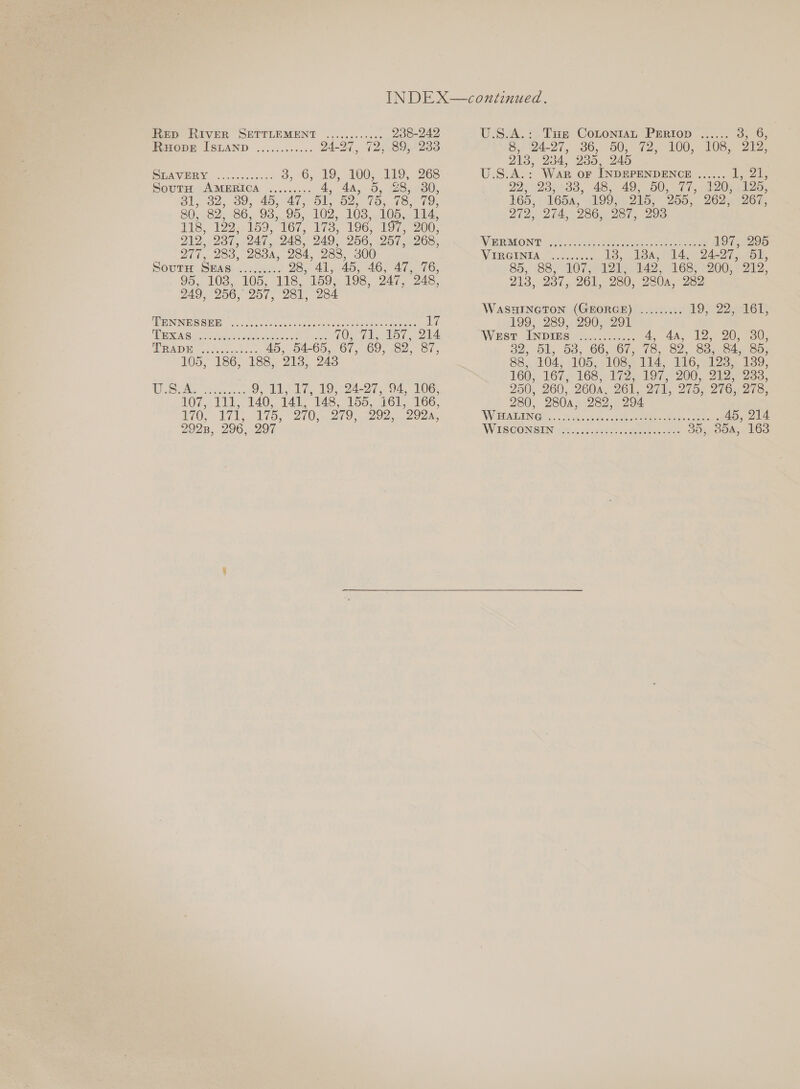 FED RIVER SETTLEMENT .........000 238-242 monn ISTAND .......00.0 24-97, 72, 89, 233 SPAVERY cca0..csees 3, 6, £9, POO; T8U, 268 SoutH AMERICA ......... A, 5, ae 30, a1 Ol, Oey 40s 47, 51; 52, 75, : 79, 80), 62. -86,. 93, 95, 102, 103, 105, 114, 118, 122. 159, 167, 173, 196, Loe 200, 212, 237, 247, 248, 249, 256, 257, 268, 277, 283, 288A, 284, 288, 300 SoutH SEAS ..0.0..;. 28, 41,45, 46, 47,76, 95,- 103,, 105, 11S, 159s 198, 247, 248, 249, 256, 257, 281, 284 AUS EONIND SSE bctex. asc cic cron cla ties ver inom one oats i TONS Od et tek eee ae PEOK Gals TOT 24 RADE pen sicnent 45, 54-65, 67, 69, 82. 87, 105, 186, 188, 213,. 243 Tie aa ie. 9, 11 17, 19224-2794, 106; 107, 111, 140, 141,148, 155, 161, 166, 170, 171, 175, 270, 279, 292, 292a, 292, 296, 297 U.S.A.: Tue Cotontat PERIOD ...... 3, 0) 8, 24-97, 36, 00; 72; 100, 208; 912, 213, 234, 235, AS U.S.A.: War or INDEPENDENCE ...... 121, 22) 232233. 48, AO. DO, Ci, Op ele. 165, : 165A, 199 215, 255, 262. 267, 212, 274, 286, 287, 293 VR MONT ask heres ces abies eee 1975295 WaRGINTA Ts. nee 13, tea, 14. 2A ron, 85, 88, 107, 121, 142, LES; 1200; 212) 213, 237, 261, 280, 80a, 282 WASHINGTON (GEORGE) ......... 19; 226y; 199, 289, 290, 291 West INDIES © ......./5..5. 4, 4a, 12, 20,30, 32, OL,. 53, 66, -67,, (85.82, Saaseae eo 68, 104,105, 1085 1i4, 116.9123), 139, 160; 167,;' 168, 1722 197; 200,, 2425. 233, 250, 260, 2604, 261, 271, 275, 276,-278, 280, 280a, 282, 294 Wat AGAING§.... Sons odes Sebo ae eae 25,214 WIISO ONSEN co J hatek enc ere ne. atas 35, 354, 163 