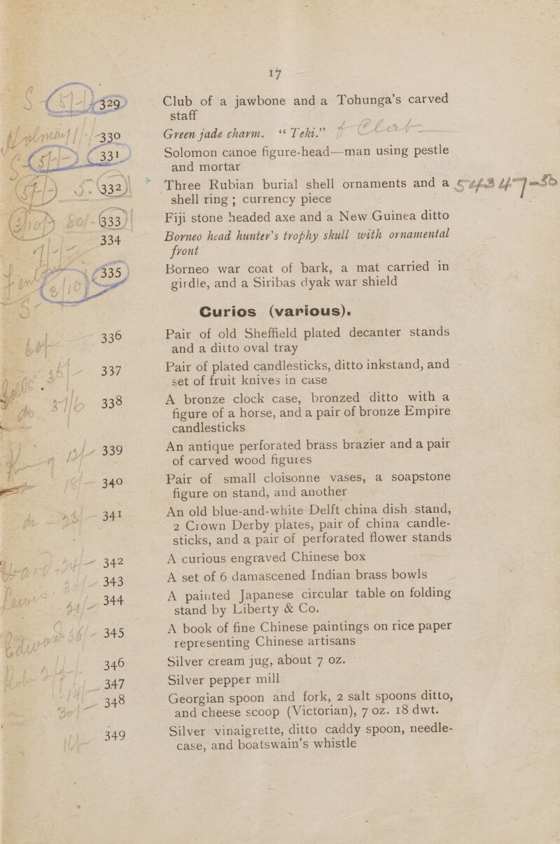 Cs £329 Club of a jawbone anda Tohunga’s carved ee staff yl} | | /-330 Green jade chavm. ‘* Tekt.” a Solomon canoe figure-head—man using pestle eerie and mortar 5, \332)| Three Rubian burial shell ornaments and a &amp; Lfn3 “7 igh ge seo SM shell ring ; currency piece ee  AD SO « 633). Fiji stone headed axe and a New Guinea ditto 4 ay ee ey Borneo head hunter’s trophy skull with ornamental dita front | (gym. 7335 } Borneo war coat of bark, a mat carried in ed girdle, and a Siribas dyak war shield Curios (various). 7 330 Pair of old Sheffield plated decanter stands vy and a ditto oval tray i rae CY; Pair of plated candlesticks, ditto inkstand, and - a set of fruit knives in case 4 il- 338 A bronze clock case, bronzed ditto with a ee es figure of a horse, and a pair of bronze Empire : candlesticks ; 7 /- 339 An antique perforated brass brazier and a pair (2 Sey ae of carved wood figures 340 Pair of small cloisonne vases, a soapstone | _ figure on stand, and another 4 341 An old blue-and-white Delft china dish stand, 2 Crown Derby plates, pair of china candle- sticks, and a pair of perforated flower stands hf 342 A curious engraved Chinese box : ie 343 A set of 6 damascened Indian brass bowls 52 [on 344 A painted Japanese circular table on folding gd ae , stand by Liberty &amp; Co. : C if) 345 A book of fine Chinese paintings on rice paper ita representing Chinese artisans 346 Silver cream jug, about 7 oz. - 5g Silver pepper mill 2348 Georgian spoon and fork, 2 salt spoons ditto, and cheese scoop (Victorian), 7 oz. 18 dwt. 349 Silver vinaigrette, ditto caddy spoon, needle- case, and boatswain’s whistle