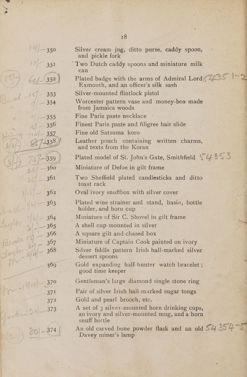 ~ 350 351 (352 } 353 354 355 356 357 ; abe saat al 360 361 362 363 364 ~ 305 366 368 369 Oe a7 Si 373 374. | 18 Silver cream jug, ditto purse, caddy spoon, and pickle fork can Exmouth, and an officer’s silk sash Worcester pattern vase and money-box made from Jamaica woods Fine Paris paste necklace Finest Paris paste and filigree hair slide Fine old Satsuma koro Leather pouch containing written oo and texts from the Koran Miniature of Defoe in gilt frame Two Sheffield plated candlesticks and ditto toast rack Oval ivory snuftbox with silver cover , Plated wine strainer and stand, basin, bottle holder, and horn cup Miniature of Sir C. Shovel in gilt frame A shell cup mounted in silver A square gilt and chased _box Miniature of Captain Cook painted on ivory Silver fiddle pattern Irish hall-marked silver dessert spoons Gold expanding half-hunter watch bracsle good time keeper Gentleman’s large diamond single stone ring Pair of silver Irish hall-marked sugar tongs © Gold and pearl brooch, etc. A set of 3 silver-mounted horn drinking cups, an ivory and silver-mounted mug, and a horn snuff bottle Davey miner’s lamp