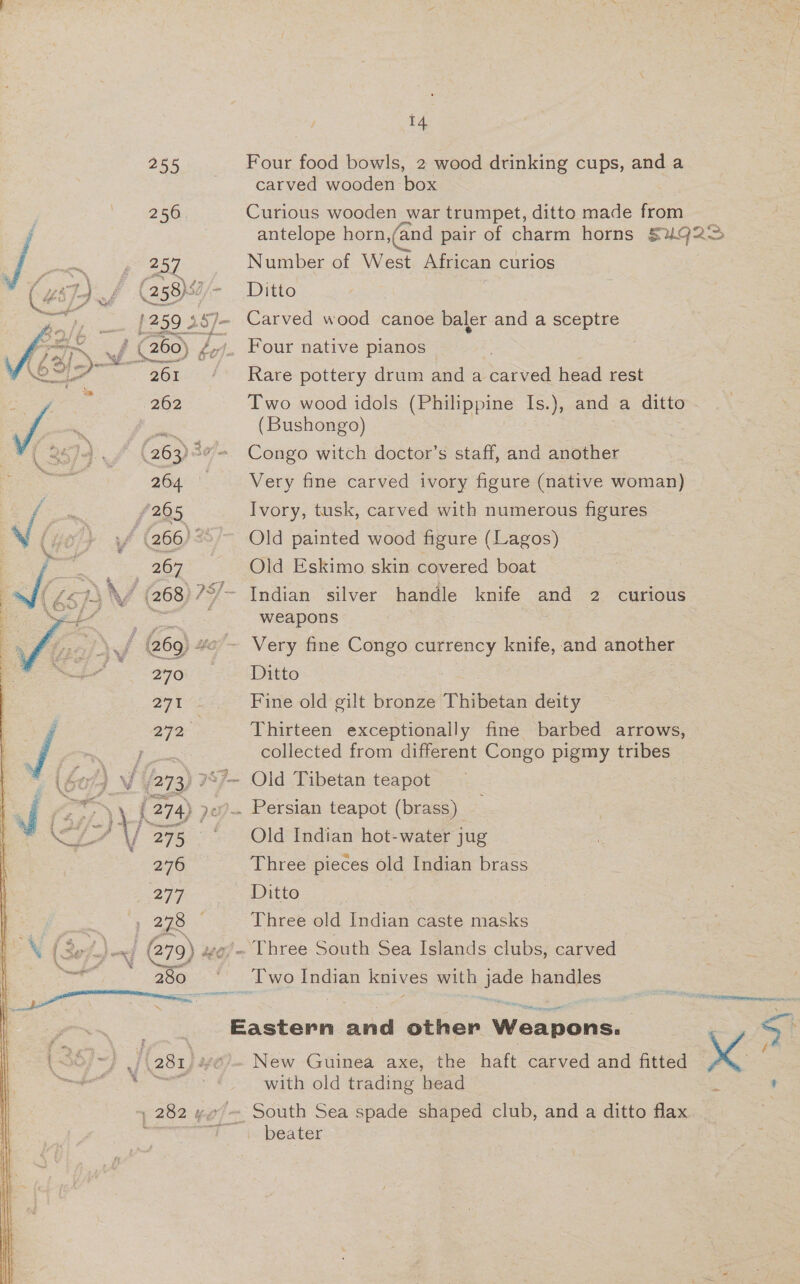  255 Four food bowls, 2 wood drinking cups, and a carved wooden box 256. Curious wooden war trumpet, ditto made from antelope horn,(and pair of charm horns SUqG2S RY ag Number of West African curios “syd yj (258) ~ Ditto ae s [259 387- Carved wood canoe baler and a sceptre fone me ie 260) 7 . Four native pianos : oka ~ 261 / Rare pottery drum and a carved head rest po 262 Two wood idols (Philippine Is.), and a ditto | fsa (Bushongo) (263) 3 Congo witch doctor’s staff, and another | 264 _—*Very fine carved ivory figure (native woman) 3 £205 Ivory, tusk, carved with numerous figures 7 uf (266) * Old painted wood figure (Lagos) 4 sae eo Old Eskimo skin covered boat ( Le 1) V/V (268). ?*/~ Tndian silver handle knife and 2 curious Wik ig ge weapons f en “ue ~ Very fine Congo currency knife, and another 270 ~—~—~*CDitto ry 8 eee Fine old gilt bronze Thibetan deity ie 7 Thirteen exceptionally fine barbed arrows, j : ; collected from different Congo pigmy tribes (S04 Vv ig) 7, Olds Tibetan teapes ) at \ (274) je? Persian teapot (brass) LL VV 275 °° ~~ Old Indian hot-water jug 276 Three pieces old Indian brass 297 Ditto 4 » 228 Three old Indian caste masks ~{ 279) « ) we Three South Sea Islands clubs, carved Sear 280 ' ‘Two Indian knives with jade handles x Eastern and other Weapons. Ss 38) =, | 281) we) New Guinea axe, the haft carved and fitted na cn, ata aie Sia with old trading head , 282 y2/~ South Sea spade shaped club, and a ditto flax erecta = te eater