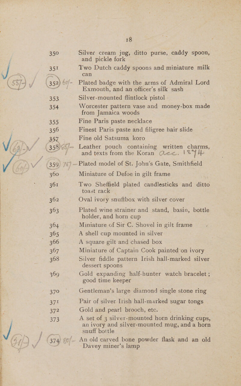 350 go 353: 354 355 356 357 360 361 363 364 365 366 367 368 369 370 371 342 373 18 Silver cream jug, ditto purse, caddy roa and pickle fork T'wo Dutch caddy spoons and miniature milk can Plated badge with the arms of Admiral Lord Exmouth, and an officer’s silk sash Silver-mounted flintlock pistol : Worcester pattern vase and money-box made from Jamaica woods Fine Paris paste necklace Finest Paris paste and filigree hair side Fine old Satsuma koro Leather pouch containing written oe. and texts from the Koran Qe&lt;, 1% Miniature of Defoe in gilt frame Two Sheffield plated candlesticks and ditto toast’rack&gt;. , Oval ivory snuftbox with silver cover Plated wine strainer and stand, basin, bottle holder, and horn cup Miniature of Sir C. Shovel in gilt frame A shell cup mounted in silver A square gilt and chased box Miniature of Captain Cook painted on ivory © Silver fiddle pattern Irish hall-marked silver dessert spoons Gold expanding half- nee watch bracelet ; good time keeper Gentleman’s large diamond single stone ring Pair of silver Irish hall-marked sugar ae Gold and pear! brooch, etc. A set of 3 silver-mounted horn drinking cups, an ivory and silver-mounted mug, and a horn snuff bottle An old carved bone powder flask and an old Davey miner’s lamp
