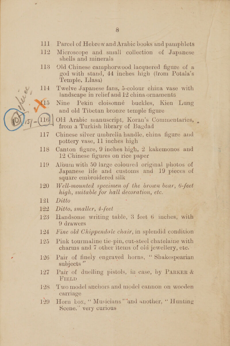  ; ij -(Ue | 117 118 142 8 Parcel of Hebrewand Arabic books and pamphlets Microscope and small collection of Japanese shells and minerals | Old Chinese camphorwood lacquered figure of a god with stand, 44 inches high Baa Potaia’s ‘Temple, Lilasa) . Twelve Japanese fans, 5-colour china vase with landscape in relief and 12 china ornaments. Nine Pekin cloisonné buckles, Kien Lung and old Tibetan bronze temple figure- Old Arabic manuscript, Koran’s Commentaries, from a Turkish library of Bagdad Chinese silver umbrella handle, china figure and pottery vase, 11 inches high Canton figure, 9 inches high, 2 kakemonos and 12 Chinese figures on rice paper Album with 50 large coloured original photos of Japanese life and customs and 19 pieces of square embroidered silk Well-mounted specimen of the brown bear, 6-feet high, suitable for hall decoration, etc. Ditto | Ditto, smaller, 4-feet Handsome writing table, 8 feet 6 inches, with 9 drawers Fine old Chippendale chair, in splendid condition Pink tourmaline tie-pin, cut-steel chatelaine with charms and 7 other items of ola jewellery, etc. Pair of finely engraved horse Shakespearian subjects ” Pair of duelling pistols, 1 case, _ by PARKER &amp; FIELD carriage ; orn. box. Musicians “and xnothér, “ Hunting &gt; i , omy Scene,’ very curlous