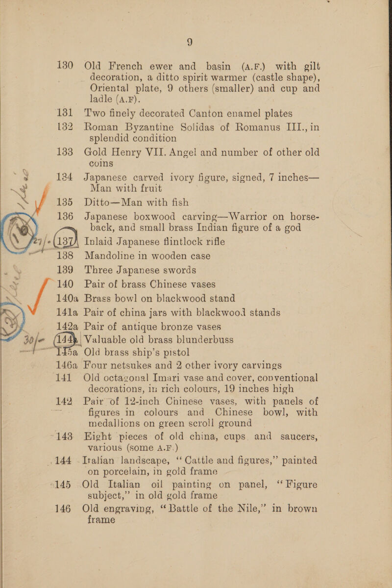 130 131 132 133 135 136  138 139 140 . vi ‘ x ? Old French ewer and basin (a.F.) with gilt Oriental plate, 9 others (smaller) and cup and ladle (A.F). Two finely decorated Canton enamel ae Roman Byzantine Solidas of Romanus III. » in splendid condition Gold Henry VII. Ange! and number of other old coins Japanese carved ivory figure, signed, 7 inches— Man with fruit Ditto—Man with fish } Japanese boxwood carving—Warrior on horse- nlaid Japanese flintlock rifle Mandoline in wooden case Three Japanese swords Pair of brass Chinese vases Bofe_ Gs 141 142 144 “145 146 Old octagonal Imari vase and cover, conventional decorations, im rich colours, 19 inches high Pair of 12-inch Chinese vases, with panels of figures in colours and Chinese bowl, with medallions on green scroll ground Hight pieces of old china, cups. and saucers, various (some A.F.) Italian landscape, “‘ Cattle and figures,” painted on porcelain, in gold frame Old Italian oil painting on panel, ‘‘ Figure subject,” in old gold frame Old engraving, “ Battle of the Nile,’ in brown frame
