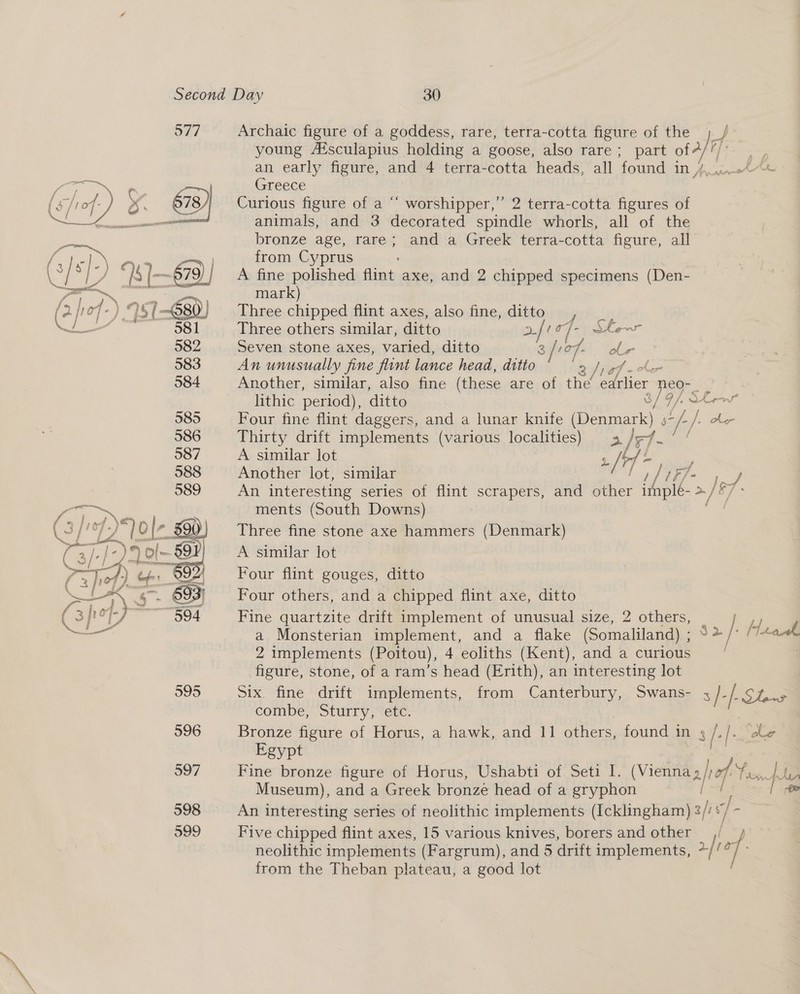 577 Archaic figure of a goddess, rare, terra-cotta figure of the 7 young Aésculapius holding a goose, also rare; part of2 Aor an early figure, and 4 terra-cotta heads, all ‘found in 4. Brie . k . Greece 4 Curious figure of a “‘ worshipper,” 2 terra-cotta figures of Zann animals, and 3 decorated spindle whorls, all of the a2 bronze age, rare; and a Greek terra-cotta figure, all ae ere beh | from Cyprus Le. i) |- 579) | A fine polished flint axe, and 2 chipped specimens (Den-   Pa aie ae mark) /&gt; |) oF) J (O80) Three chipped flint axes, also fine, ditto , _. Ue 581 Three others similar, ditto afio]- 2kewr 582 Seven stone axes, varied, ditto i aa 583 An unusually fine flint lance head, ditto afi -o 584 Another, similar, also fine (these are of the earlier 1 neo- lithic period), ditto 8/9). kr Four fine flint daggers, and a lunar knife (Denmark) s 2 J. he Thirty drift implements (various localities) 3 yh Ss A similar lot ry /?} &gt; Another lot, similar i, An interesting series of flint scrapers, and other lpi» -/ 87 : ments (South Downs) : Three fine stone axe hammers (Denmark) A similar lot Four flint gouges, ditto Four others, and a chipped flint axe, ditto Fine quartzite drift implement of unusual size, 2 others, Ly a Monsterian implement, and a flake (Somaliland) ; ye » [tach 2 implements (Poitou), 4 eoliths (Kent), and a curious | figure, stone, of a ram’s head (Erith), an interesting lot 595 Six. fine drift implements, from CESS, Swans- ;]- /: Sys compe, Sturry ;~erc. 596 Bronze figure of Horus, a hawk, and 11 others, found in 3/-/ Egypt 907 Fine bronze figure of Horus, Ushabti of Seti I. (Vierina zo! fas pus Museum), and a Greek bronze head of a gryphon 598 An interesting series of neolithic implements (Icklingham) ah | ‘ 599 Five chipped flint axes, 15 various knives, borers and other 5 / : f ; Pey .  neolithic implements (Fargrum), and 5 drift implements, from the Theban plateau, a good lot