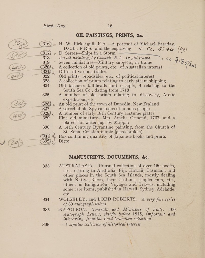 OIL PAINTINGS, PRINTS, &amp;c. ( IO) (316), « H. W. Pickersgill, R.A.—A portrait of Michael Faraday, ee ee D.C.L., F.R.S., and the engraving 5 ¢€¢, SIFEO (4) 4/&gt; 1D « D. Serres—Ships in a Storm — c Sas tee 318 An otl painting, by Goodall, R.A., in gilt frame sep ; Seven miniatures—Military subjects, in frame (S$ S% A collection of old prints, etc., of Australian interest (°4) Ditto, of various trades Old prints, broadsides, etc., of political interest A collection of prints relating to early steam shipping Old business bill-heads and receipts, 4 relating to the South Sea Co., dating from 1713 325 A number of old prints relating to discovery, Arctic expeditions, etc. ( Go _ 326), An old print of the town of Dunedin, New Zealand sitece: i aR 27) A parcel of old Spy cartoons of famous people toh (3287, A number of early 18th Century costume plates aid eee 3 329 Fine old miniature—Mrs. Amelia Ormond, 1767, and a plated hot water jug, by Mappin 330 A 14th Century Byzantine painting, from the Church of St. Sofia, Constantinople (glass broken) Box containing quantity of Japanese books and prints Ditto    MANUSCRIPTS, DOCUMENTS, &amp;c. 333 AUSTRALASIA. Unusual collection of over 150 books, etc., relating to Australia, Fiji, Hawaii, Tasmania and other places in the South Sea Islands, mostly dealing with Native. Races, their Customs, Implements, etc., others on Emigration, Voyages and Travels, including some rare items, published in Hawaii, Sydney, Adelaide, etc. 334 WOLSELEY, and LORD ROBERTS.- A very fine senes of 30 autograph letters 335 NAPOLEON. Generals. and Ministers of State. 100 Autograph Letters, chiefly before 1815, important and interesting, from the Lord Crawford collection 336 — A similar collection of historical 1nterest