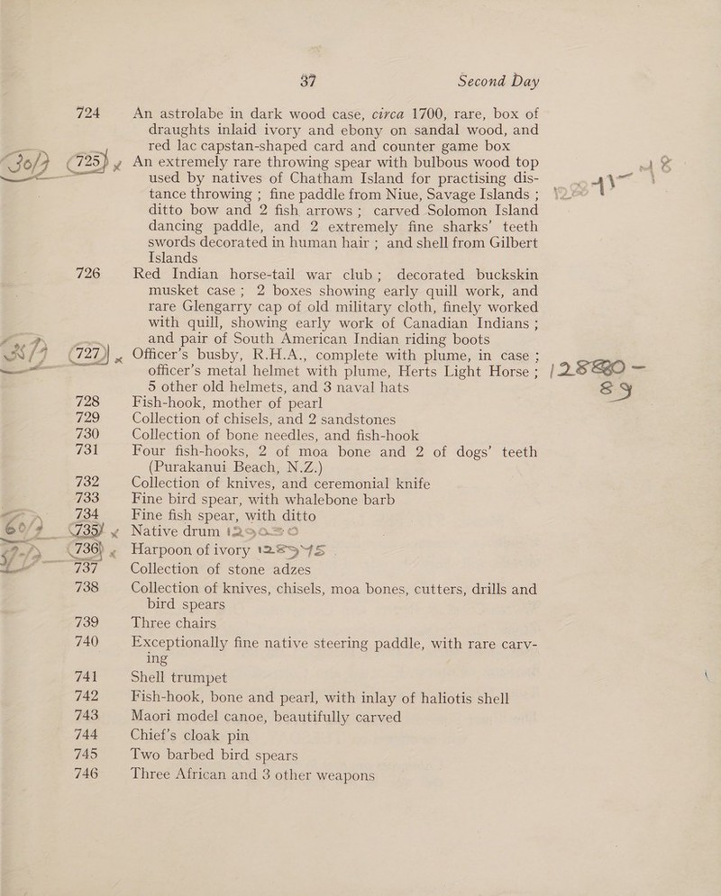 Gof} a . - ‘. . ( o,\ Lt ho 3 5 724 (725) 726 37 Second Day An astrolabe in dark wood case, civca 1700, rare, box of draughts inlaid ivory and ebony on sandal wood, and red lac capstan-shaped card and counter game box An extremely rare throwing spear with bulbous wood top used by natives of Chatham Island for practising dis- tance throwing ; fine paddle from Niue, Savage Islands ; ditto bow and 2 fish arrows; carved Solomon Island dancing paddle, and 2 extremely fine sharks’ teeth swords decorated in human hair ; and shell from Gilbert Islands Red Indian horse-tail war club; decorated buckskin musket case; 2 boxes showing early quill work, and rare Glengarry cap of old military cloth, finely worked with quill, showing early work of Canadian Indians ; and pair of South American Indian riding boots Officer’s busby, R.H.A., complete with plume, in case ; officer’s metal helmet with plume, Herts Light Horse ; 5 other old helmets, and 3 naval hats Fish-hook, mother of pearl Collection of chisels, and 2 sandstones Collection of bone needles, and fish-hook Four fish-hooks, 2 of moa bone and 2 of dogs’ teeth (Purakanui Beach, N.Z.) Collection of knives, and ceremonial knife Fine bird spear, with whalebone barb Fine fish speak. with ditto Harpoon of i ivory Ine &gt; a Collection of stone adzes Collection of knives, chisels, moa bones, cutters, drills and bird spears Three chairs Exceptionally fine native steering paddle, with rare carv- ing Shell trumpet Fish-hook, bone and pearl, with inlay of haliotis shell Maori model canoe, beautifully carved Chief’s cloak pin Two barbed bird spears Three African and 3 other weapons