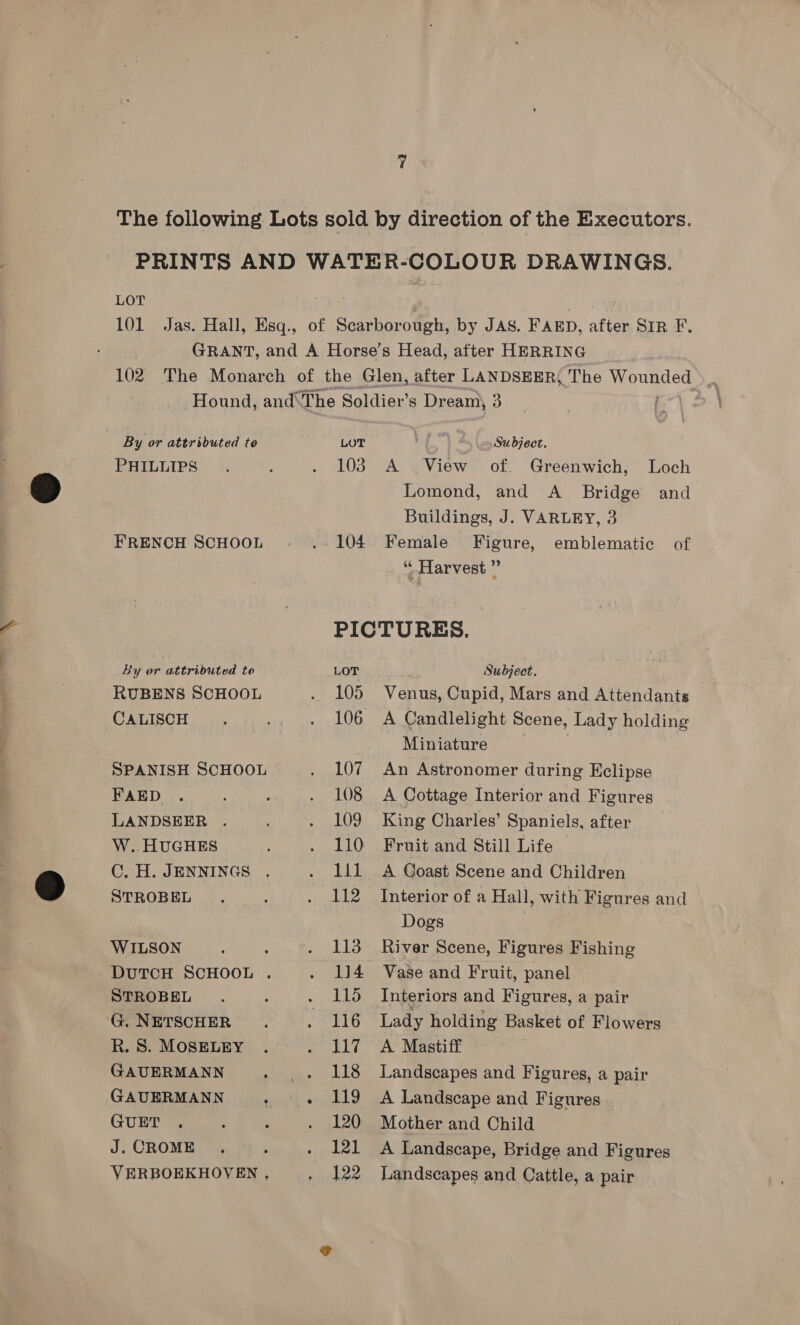 By or attributed te PHILLIPS FRENCH SCHOOL By or attributed to RUBENS SCHOOL CALISCH SPANISH SCHOOL FAED LANDSEER . W..HUGHES C. H. JENNINGS STROBEL WILSON STROBEL G. NETSCHER R. S. MOSELEY GAUERMANN GAUERMANN GUET J. CROME LOT 103 104 > Subject. A View of. Greenwich, Loch Lomond, and A _ Bridge and Buildings, J. VARLEY, 3 Female Figure, emblematic of “Harvest ” LOT 105 106 107 108 109 110 111 112 113 114 115 116 117 118 119 120 121 122 Subject, Venus, Cupid, Mars and Attendants A Candlelight Scene, Lady holding Miniature An Astronomer during Eclipse A Cottage Interior and Figures King Charles’ Spaniels, after Fruit and Still Life A Coast Scene and Children Interior of a Hall, with Figures and Dogs River Scene, Figures Fishing Vase and Fruit, panel Interiors and Figures, a pair Lady holding Basket of Flowers A Mastiff Landscapes and Figures, a pair A Landscape and Figures Mother and Child A Landscape, Bridge and Figures Landscapes and Cattle, a pair