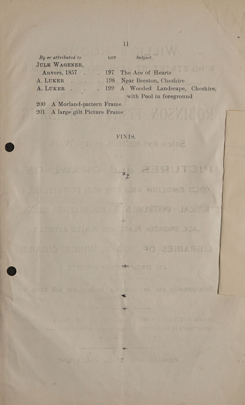 By or attributed to LOT Subject. _JULE WAGENER, ; Anvers, 1857. . . 197 The Ace of ‘Hearts A. LUKER . . 198 Near Beeston, Cheshire A. LUKER . . 199 A Wooded Landscape, Cheshire, -with Pool in foreground 200 A Morland-pattern Frame 201 A large gilt Picture Frame FINTS. Ne ss 